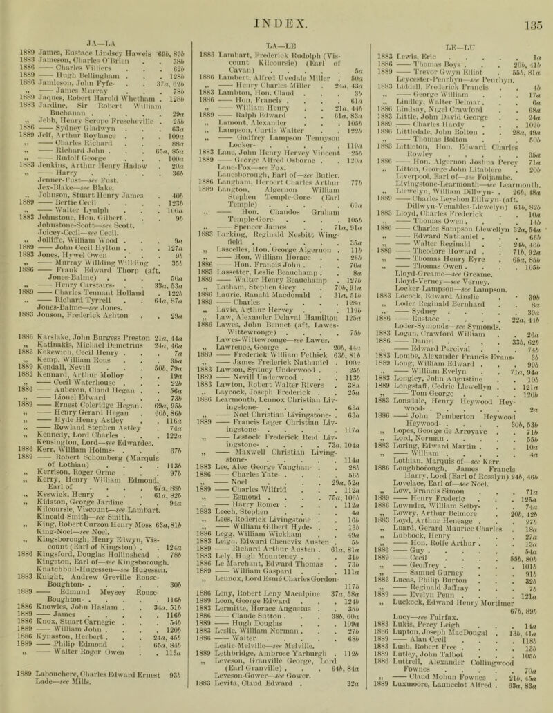 1889 James, Knstacc Limlsey TTaweis 691), 89ft 1883 Jameson, ('liarles O'lirien . . 38ft 1886 Cliarles Villiers . . . Gift 1889 Hugh llcllini;liam . . . 128ft 1886 .Inmieson, John h'yfo- . . 37«, 62ft .. James Murray . . . 78ft 1889 Jaqnes, Hohert Harold IVlietham . 128ft 1883 Janline, Sir Uohert William Buchanan 29(( „ Jehb, Henry Scrope Krcsehevillc . 25ft 1886 Sydney (iladwyn . . . G3« 1889 Jelf, Arthur lloylaiicc . . . 109(i e Charles Hiehard . , . 88n e Hiehard .lohn . . . oSn, 85rt •. Hialolt (teorpe . . . luPa 1883 Jenkins, Arthur Henry Hadow . 20a Harry . . ' . . . 3Gft Jenner-Fast-—.w Fast. Jex-lilake—see Blake. ., Johnson, Staart Henry James . -loft 1889 Bertie Cecil . ' . . . 123ft Walter Lyalph . . . laoit 1883 Johnstone, Hon. (iilhert. . . 9ft .lohnstone-Scott—see .Scott. Joicey-Ceeil—see Cecil. „ Jollift'c, William Wood . . . 9,1 1889 John Cecil Hylton . . . 127n 1883 Jones, llywel Owen . ' . . 95 .Mnrray Wilhling Winding . 35ft 18,86 Frank Edward Thorp (aft. Jones-Balme) .... SOec ,, Henry Carstair.s- . . 33n, 53n 1889 Charles Tennant Holland . 1226 „ liichard Tyrrell . . G in, 87n Jones-Balme—see .lones. 1883 Jouson, Frederick .Vshton . . 29n 35n 50ft, 79n 19n 22ft 5Ga 73ft 69n, 95ft 60ft, 86ft 116n 74n 122rt 67ft 113ft 976 1886 Karslake, .John Bnrgess Preston 21n, AAa „ Katinakis, .Michael Hemetrins 2-ln, -IGn 1883 Kekewich, Cecil Henry . „ Kemp, William Hons 1889 Kenilall, Novill 1883 Kemiard, .-krthur Molloy „ Cecil M'aterlionse . 1886 .4uberon, Claud Megan „ Lionel Edwanl 1889 Ernest Coleridge Regan ,, Henry Gerard Hegan !> Hyde Henry Astley >. Howland Stephen Astley „ Kennedy, Lord Charles . Kensington, Lord—see Edwardes. 1886 Kerr, William Holms- . 1889 Kobert Schomberg (Marquis of Lothian) „ Kerrison, Roger Orme . „ Kerry, Henry William Edmond, Earl of .... G7a, 88ft „ Keswick, Henry . . .Gin, 826 „ Kidston, George Jardine . . 94n Kilconrsie, Viscount—see Lambart. Kincaid-Smith—see Smith. „ King, Robert Curzon Henry Ifoss 63n,81ft King-Noel—see Noel. „ Kingsborough, Henry Edwyn, Vis- count (Earl of Kingston) . . 124n 1886 Kingsford, Douglas Hollinshead . 78ft Kingston, Earl of—see Kingsborough. Knatchbull-Hugessen—see Hugessen. 1883 Knight, .-Vndrew Greville Rouse- Boughton- 306 1889 Edmunil Meysey Rouse- Boughton- . .' . . . 1166 1886 Knowles, John Haslam . . 31n, 516 1839 James llGft 1886 Knox, Stuart Carnegie . . . 546 1889 William John .... 1206 1886 Kynaston, Herbert. . . 24n, 45ft 1889 Philip Edmond . . 65n, 84ft Walter Roger Owen . . 113n 1889 Labouchere, Charles Edward Ernest 93ft Lade—see Mills. LA—LE 1883 Lamhart, Freiierick Rndol|)h (Vi.s- connt Kilconrsie) (Earl of ('avail) 1886 Lanihert, Alfred Uvedale Miller . „ Henry Cliarlc.s Miller 1883 Lanihtoii, I loll. (hand 1886 1889 Hon. Francis . William Henry Ralph Edward „ Laniont, Alexander „ Lanqison. ('nrtis Walter „ Godfrey Lampson Tennyson Locker- . . . .' . 1883 Lane, .lohn Henry Ilervey Vincent 18.89 George .Alfred Oshornc . Lane-Fo.x—see Fox. Laneshorongh, Earl ot—see Butler. 1886 Langham, Herbert Charles Arthur 1889 Langton, Algernon William .8te]ihen Tcinple-Gore- (Earl Temple) Hon. Chandos Graham Tein])le-( lore- .... Spencer James . . 71n. 1883 T.arking, Reginald Nesbitt Wing- tielil ,, Laacolles, Hon. George .Algernon . ,, Hon. William Horace 1886 Hon. Francis .fohn . 1883 Lassetter, Leslie Beauchamp . 1889 AA’alter Henry Beauchamp ., Latham, Stephen Grey . 1.886 Laurie, Ranald .Macdonald 1889 Charles .... „ Lavie, .Arthur Hervey „ Law, Alexander Delaval Hamilton Lawes, John Beniiet (aft. Lawes- 5(1(1 2I((, 13n 3ft . 61(1 21(1, lift Gin, 83(1 . 1115ft 1226 1886 119(1 25ft 1211(1 77ft 69(1 105ft 91(1 35(1 . lift . 25ft . 70(1 , 8(1 . 127ft 70ft, 91(1 31(1, 51ft . 128(( 11 lift 125(1 75ft Wlttewroiige) I,awes- Wittewronge—see Lawes. „ Lawrence, George . 1889 Frederick AVTlliam Pethick „ James Frederick Nathaniel 1883 Ijawson, Sydney Underwood . 1889 Nevill Underwood . 1883 Lawton, Robert W’alter Rivers „ Laycock, Joseph Frederick . 1886 Learmonth, Lennox Christian Liv- ingstone- „ Noel Christian Livingstone- . 1889 Francis Leger Christian Liv- ingstone- „ Lestock Frederick Reid Liv- ingstone- .... 73(1 „ iMaxweli Christian Living- stone- 1883 Lee, Alec George Vaughan- . 1886 Charles Yate- . . „ Noel 1889 Charles AVilfrid „ Esmond . „ Harry Romer . 1883 Leech, Steiiheii „ Lees, Roderick Livingstone . „ William Gilbert Hyde- . 1886 Legg, William Wickham 1883 Leigh. Fldward Chenevix Austen 1889 Richard Arthur .Austen . 1883 Lely, Hugh Mouiiteney . 1886 Le Marchant, Edward Tliomas 1889 William Gaspard „ Lennox, Lord Esm6 Charles Gordon- 1176 1886 Leny, Robert Leny Afacalpiiie 37(i, 68a 1889 Leon, George Edward . . .1216 1883 Lermitte, Horace Augustus . . 356 1886 Claude Sutton . . . 386, GUa 1889 Hugh Douglas . . . I(l9a 1883 Leslie, AV'illiam Norman . . . 276 1886 Walter 686 Leslie-Melville—see .Melville. 1889 Lethbridge, Ambrose Yarburgh . 1126 ,, Leveson, Granville George, Lord (Earl Granville) . . . 646, 84a Leveson-Gower—see Gower. 1883 Levita, Claud Edward . 32a 2116, 41(( 63ft, 81ft . l(lll(( 25ft . 1136 . 38, t 25(( 63a 6 3a 117a lota 114a . 286 . 5G6 29a.52a . 112a 76a,1U66 . 112a . 4a . 166 . 13ft . 49a 5ft 61a, 81(1 . 316 . 736 111a fd'!—LTI 1883 l ewis, Eric la 1886 'riiomas Boys . . . 211ft, lift 1889 'Trevor Gwyn Elliot . 55ft, 81(t Li'ycester-Pcnrhyn—Penrhyn. 1883 Liddell, Frederick Francis . . 4ft t> George William . . . 17a „ Liiidley, Walter Delinar. . . 6« 1886 Lindsay, Nigel Crawford . . 68a 1883 Little. John David George . . 21a 1889 : Charles Hardy . . . Kr.ift 1886 TJttledale, John Bolton . . 28a, 49a Thomas Bolton . . . Gllft 1883 Littleton, Hon. Edward Charles Rowley 35a 18SG —— Hon. .Algernon Joshua Percy 71a „ Litton, George John Litablere . 2(16 Liverpool. Earl of—see Foljambe. Livings tone-Learmonth—see Lear 111011 tli. „ Llewelyn, William Dillwyn- . 266, -ISa IH89 Charles Leyshon l)lllwyii-(a(t. Dillwyn-Venables-Llcwelyn) GHi, 826 1883 Lloyd, tUiarles Frederick . . Ida Thomas Owen. . . . Mft Charles Sampson Llewellyn 32((, 54(i . 66ft 246, 1(16 71ft, 92a G6(r, 85ft . 1(156 1.S8G 1889 • 396 . 8a . 39a 22a, 416 . 2Ga 336, 626 746 36 996 94a 106 121a 1206 2a 71a. Edward Nathaniel Walter Reginald Theodore Ifoward . „ Thomas Henry Eyre „ 'J'homas Owen . Lloyd-Greame—see (Ireame. IJoyd-A'erney—see Verney. Locker-Lanipson—see Lampson. 1883 Loeoek. Edward .Ainslie „ Loder Reginald Bernhard ■' S.vdney .... 18.86 Eustace .... Loder-Synionds—see Synionds. 1883 I.ogan, (h-awford William 1886 Daniel .... ., Edward Percival 1883 Lombe, Alexander Francis Evans- 1889 Long, Williani Edward . ., William Evelyn 1883 Lo((gley, John .Augustine 1889 Longstalf, Cedric Llewellyn . !i Tom George .... 1883 Lonsdale, Henry Heywood Hey- wood- 1886 John Pemberton Heywood Heywood- .... 306, 536 „ Lopes, George de Arroyave . .716 „ Lord, Norman 556 1883 Loring, Edward JIartin . . . lOa „ AA'illiam 4^ Lothian, .Marquis of—see Kerr. 188C Loughborough, James Francis Harry, Lord (Earl of Rosslyn) 246, 466 Lovelace, Earl of—see Noel. „ Low, Francis Simon . . . 7la 1889 Henry Frederic . . . 125a 1886 Lowndes, William Selby- . . 7.1a „ Lowry, Arthur Belmore . 206, 42ft 1883 Loyd, .Arthur Heneage . . . 276 „ Luard, Gerard Maurice Charles . 18a „ Lubbock, Henry .... 27a „ Hon. Rolfe Arthur . . . iSn 1886 Guy 54a 1889 Cecil .... 556, 806 .( Geoffrey ipn 11 Samuel Gurney . , . gn 1883 Lucas, Philip Burton . . . 326 >1 Reginald Jaffray ... 76 1889 Evelyn Penn .... 121a „ Luckock, Edward Henry .Mortimer 676, 896 Lucy—see Fairfax. 1883 Lukis, Percy Leigh 1886 Lupton, Joseph MacDougal 1889 Alan Cecil .... 1883 Taish, Hohert Free .... 1889 Lutley, John Talbot . . 1886 Luttrell, Alexander Collingwoo(i Fownes 1! Claud .Mohun Fownes . 21ft, 45a 1889 Luxmoore, Lauucelot Alfred . 63a, 83a . 14a 13ft, 41a . 1186 . 13ft 1056