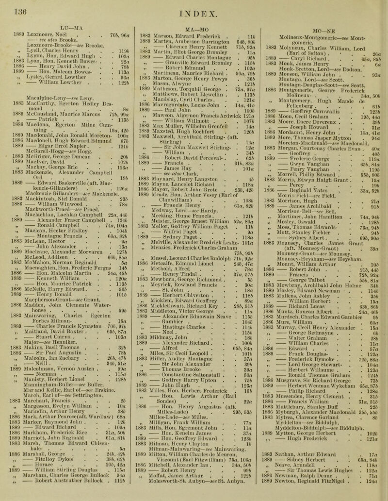 l.'iO LU—MA 18S9 Luxiiioorp, Noiil see also Brooke. Luxmoore-Brooke—see Brooke. „ Lyell, Cliiirlee Henry Lygon, Hon. Eilwanl Hiigli 18.S3 Lyon, Hon. Kennetli Bowes- 1886 Henry HnvM .Tolin . 1889 Hon. .Miilcom Bowcs- „ Lysley, Oemril Lowtlier „ Williiun Lowtlier . 706, 9Gn 1196 l(12n 22a 786 113a 9Ga 1226 llacnlpine-Lcny—see Leny. 1883 .Mncf'nrtliy, Kijerton Heilley Des- nionil 8a 18.89 llcCausliiml, JIanrice IMarcns 726, 99a V Patrick . . . . -1136 1886 Jlncdona, Egerton Alilne Cnin- ining 19a, -126 1889 MacilonaM, .Tolin Ronald Moreton- KlOa 188G Mncdonell, Hiigli Edward Ednmnd G76 1889 Edgar Errol Napier . . , 1216 McGarell-Hogg—see Hogg. 1883 MolIrigor, George Duncan . . 206 1889 .Maciver, David .... 1026 „ Mackay, George Eric . . . 126a 1883 itackenzie, .Alexander Campbell Ord 196 1889 Edward Baskerville (aft. Mac- kenzie-Gillanders) . . . 12Git Jlackenzie-Gillanilers—see Mackenzie. 1883 Maekintosb, Kiel Donald . . 236 1886 William IVinwood . . . 78a Mackwortli-Praed—see Praed. „ Macl.achlan, Lachlan Campbell 22a, 416 1889 Alexander Fraser Campliell . 1246 „ Ronald Campbell „ Maclean, Hector FitzBoy „ Montague Francis . 1883 McLean, Hector „ John .Alexander 1889 Alacleane, Alexander Morvaren „ McLeod, Addison . 1883 McAIahon, Norman Reginald „ Macnaghten, Hon. Frederic Fergus 146 1886 : Hon. .Malcolm Martin . 24a, 456 1889 Kenneth AVilliam . „ Hon. Alaurice Patrick . 1886 McNeile, Harry Edward. 1889 Henry Donald Macpherson-Grant—see Grant. 1886 JIadden, John Clements AVater- 74a,104a . 1046 60a, 826 9a . 13a . 1276 666, 85a 5a 120a 1136 566 1016 house . 596 1883 Maiiiwariiig, Charles Egerton Forbes Milman- . 15a 1889 Charles Francis Ivynaston 706, 976 Alaitland, David Baxter . 656, 87a Stuart Cairns . . 103a Alajor—see Henniker. 1883 Alakins, Basil Thomas . . 326 1886 Sir Paul .Augustin . . 786 Alalcolm, Ian Zachary . 206, 476 Neill 346, 51a 1889 Alalcolmson, Vernon Austen . . 99a Norman .... . 115a Alanisty, Herbert Lionel . 1286 Manningham-Biiller—see Bullci'. Mar and Kellie, Earl of—see Erskine. March, Earl of—see 8ettrington. 1883 Marchant, Francis .... „ Marges.son, Evelyn William . „ .Marindin, .Arthur Henry 1,886 Mark, Arthur Penrose(aft.Wardlaw) G8a 1883 Marker, Raymond .John . 1889 Eilward Hichard 1886 Markham, Frederick Rice 1889 Marriott, John lieginalil 1883 Marsh, Thomas Edward Chisen hale- 5a 1886 Marshall, George . . . 216,426 „ l''itzlioy Dykes . . 386, 626 „ Horace .... 206, 42a 1889 AVilliam Stirling Diaiglas . lL5a „ Mar.“ham, Charles George Bullock 94a „ Robert Anstruther Bullock . 1126 26 10a 286 126 109a 31a, 606 61a, 816 MA—MO 1883 Marson, Edward Frederick . . 116 1889 Marten, Amhersou Barrington 646, 806 M (darence Henry Kennett 716,92a 1883 .Atartin, Eliot George Bromley . I la 1889 Edward Charles .Montague . 956 Granville Edward Bromley . 1166 »> Hobirt Ednmnd . . . 102a „ Martineau, Maurice Richard . 60a, 796 1883 Martoii, George Henry Powys . 366 „ Mason, Alwyne . . . .1216 18,89 .Alathcson, Torciuhil George . 73a, 97a „ .Matthews, Robert Llcwcllin . . 1136 ,. Maudslay, Cyril (111,arles. . . 121a 18.86 Alavrogordato, Jyucas John . 14a, 416 1889 Paul .John .... 1006 „ Mawson, Algernon Francis Anlwick 121n „ AVilliam Willmott . . . 1076 1883 Max Miiller, AVillielm Grenfell . 14a 1889 Maxsted, Hugh Rochfort . . 1266 1883 .ATa.xwell, .Archibald Stirling- (aft. S8tirling) Ua >1 Sir John Maxwell Stirling- . 12a ., AA’illiam 346 1886 Robert Daviil Perceval-. . 626 1889 Francis . . . . 616, 83a „ J.ames Hay .... 101a see nlsn Clark. 1883 Maynard. Henry Jjangston . . 46 1889 Mayne, Lancelot Richard . . 11.8a 1.886 Mayor, Robert .John Grote . 236, 426 1889 .Meade, Hon. .Arthur Vesey (Earl of Clanwilliam) .... 1086 „ Francis Henry . . 61a, 826 Medw.ay, T.,ord—see Hardy. „ Meeking, Hume Francis. . . 1216 „ Meister, George Ernest AVilliam 62a, 80a 1883 Mellor, Godfrey AVilliam Paget . 116 „ AA’ilfrid P.aget .... 9a 1889 Sydney Paget .... 118a „ Melville, A le.xanderBrodrick Leslie- 101a „ Menzies, Frederick Charles Graham 736, 956 „ Messel.Leon.ard Charles Rudolph 716,92a 1886 Metcalfe, Edmund Lionel . 246, 47a „ Methold, Alfred .... 78a „ Henry Tindal . . . 37a, 576 1883 Mewburn, George Richmond . . 56 „ Meyrick, Rowland Francis . . 30a „ St. John 18a 1889 Herbert Chiverton . . .1186 „ Micklem, Edw.ard Geoffrey . . 89a 1886 Micklethwait, Richard Key . 286, 516 1883 Middleton, Victor George . . 11a 1889 Alexander Ednowain Neave . 1156 „ Gambler 1046 ., Hastings Charles . . . 1146 „ Noel ...... 1166 1883 Mildmay, John .... 186 1889 .A lexander Richard . . . 1006 „ Alfred .... 656, 84a „ Miles, Sir Cecil Leopold . . . 1016 1883 Miller, Audley Montague . . 37a „ Sir John .Alexander . . 396 „ Thomas Brooke . . . 39a 1886 Constantine Saltonstall . . 60a „ Godfrey Harry Upton . . 756 1889 John Hugh .... 123a 1883 Milles, Hon. Herbert Frederick . 156 „ Hon. Lewis Arthur (Earl Sondes) 22a 1886 Hon. Henry Augustus (aft. Milles-Lade) . . . 296, 536 ■Alilles-Lade—see Milles. „ Milligan, Frank AVilliam . . 77a 1883 Mills, Hon. Egremont .lohn . . 11a „ Hon. Kenelm .James . . 37a 1889 Hon. Geoffrey Edward . . 1236 1883 Milman, Henry Clayton . . 16 Mihnan-AIain waring—see Main waring. 1889 Milton, AVilliam Charles dc Meuron, Viscount (Earl Fitzwilliam) 76a, 106a 1886 Mitchell, Alexaniler Inn . . 34a, 506 1889 Robert Henry . . . 996 „ Molfat, .lames Arthur . . . 1226 MoIe.sworth-St. Aubyn—see St. Aubyn. MO—NE Molinenx-Montgomerie—see Mont- gomerie. 1883 Molyneux, Charles AVilliam, Jjord (Earl of Sefton) . • . . 26a 1889 Caryl Richard . . . 65a, 866 1883 Monk, .James Henry . . , 6a Monk-Bretton, Lord—see Dodson. 1889 Monson, AVilliam John . . . 93a Montagu, f.ord—see Scott. Montagu-Douglas-Scott—.see Scott. 1886 Montgomerie, George Frederick Molineux- .... 34a, 506 „ Montgomery, Hugh Maude de Fellenherg 616 1889 Geoffrey Cornwallis . . 12.36 1886 .Aloon, Cecil Graham . . 196, 44a 1883 Moore, Dacre Devereux . . . 396 „ .Joseph Howard . . . 31a 1886 Mordannt, Henry .John . . 10a, 41a 1889 More, Thomas .Jasper Mytton . 94a Moreton-Afacdonald—see Macdonalil. 1883 Aforgan, Courtenay Charles Evan . JOa ,. Geoffrey 406 1889 Frederic George . . . 119a ,> Gwyn Vaughan . . 656, 84a „ Pen ry Vaughan . . . 1196 „ lAIorrell, Philip Edward . . 556, 806 1883 Jlorris, Edwyn Haigh Grant. . 15a >, Percy 196 1886 ReginaM Yatfs . . 33a, 526 Morris-Field—see Field. 1883 Morrison, Hugh .... 21a 1889 James Archibald . . . 916 jAforrison-Bell—see Bell. „ .Alortimer, John Hamilton . 74a, 946 „ Mosley, Oswald .... 1286 „ Moss, Thomas Edwards- , 73a, 946 „ Mott, Stanley Fielder . . . 946 „ Sydney Albert. . . 696, 90a 1883 Alounsey, Charles James Grant (aft. Mounsey-Graut) . . 39a Mounsey-Grant—see Mounsey. Mounsey-Heysham—see Heysham „ Mount, AAHlliam Arthur Robert John . Francis . „ George Talbot 1883 Alow bray, Archibald John 1889 Alozley, Edward Newman 1883 Alullens, John Ashley ,, AVilliam Herbert 1889 Richard Lucas 1886 Aluntz, Duncan Albert . 1883 Alurdoch. Charles Edward Gambier 1886 Alure, William 1883 Alurray, Cecil Henry Alexander „ George Redmayne . „ AA'alter Graham „ AVilliam Charles 1886 Edward .... 1889 Frank Douglas- „ Freilerick Dymoke . „ Lord George Stewart- „ Herbert AVillaume . „ Ronald Tliomas Graham 1886 Musgrave, Sir Richard George 1889 Herbert AVenman Wykeham ,, Philip Richard 1883 Musseuden, Henry Clement . 1886 Francis AVilliam 1883 Aluttlebury, Stanley Duff 1886 1889 106 216, 446 726, 92a 556, 81a Holme 346 . 1146 . 3.56 . . 15a 636, 866 24a, 466 96 . 60a . 15a 66 . 286 . 11a . 57a . 122a 726, 86a . 104a . 123a . 1246 . 736 65a,876 . 128a . 316 31a, 516 . 226 1.886 Alyburgh, Alexander .Macdonald 356, 556 1883 Alylrea, Clarence Garland . . 86 Alyddclton—see Biddulph. Alyddclton-Biddulph—see Biddulph. 1889 Mytton, George Herbert . . 1026 ,, Hugh Frederick . . . 12Ia 1883 Nathan, .Arthur Edward . . 17a 1889 -Sidney Herbert . . 05a, ,846 „ Neave, .Arundcll .... 118a „ Sir Tliomas T.ewis Hughes . 122a 1886 Newman, Ralph Demie . . . 71a 1889 Newton, Reginald FitzNigel . . 124a