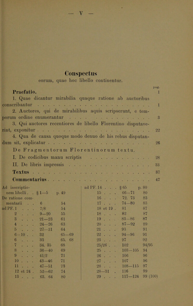 Conspectus eorum, quae hoc libello continentur. pag. Praefatio. l 1. Quae dicantur mirabilia quaque ratione ab auctoribus conscribantur 1 2. Auctores, qui de mirabilibus aquis scripserunt, e tem- porum ordine enumerantur 3 3. Qui auctores recentiores de libello Blorentino disputave- rint, exponitur 22 4. Qua de causa quoque modo denuo de bis rebus disputan- dum sit, explicatur 26 De Fragmentorum Florentinorum textu. I. De codicibus manu scriptis 28 II. De libris impressis 33 Textus 37 Commentarius 47 Ad inscriptio- adPF. 14 . . . § 65 p. 80 nem libelli. . §1-5 p. 49 15 . . . 66—71 80 De ratione com- 16 . . . 72. 73 83 mentarii . . 6 54 17 . . . 74-80 83 ad PF. 1 . . . 7/8 54 18 et 19 . 81 87 2 . . . 9—20 55 18 . . . 82 87 3 . . . 21—23 61 19 . . . 83-86 87 4 . . . 24—26 63 20 . . . 87—92 89 δ . . . 27—31 64 21 . . . 93 91 6-10 . . 32 65—69 22 . . . 94-96 91 6 . . . 33 65. 68 23 . . . 97 92 7 . . . 34. 35 68 25/26 . . 102 94/95 8 . . . 36—40 69 25 . . . 103—105 94 9 . . . 41/2 71 26 . . . 106 96 10 . . . 43—46 71 27 . . . 107 96 11 . . . 47—51 73 28 . . . 108—115 97 12 et 24 . 52—62 74 28—31 . 116 99 13 . . . 63. 64 80 29 . . . 117—124 99 (100)