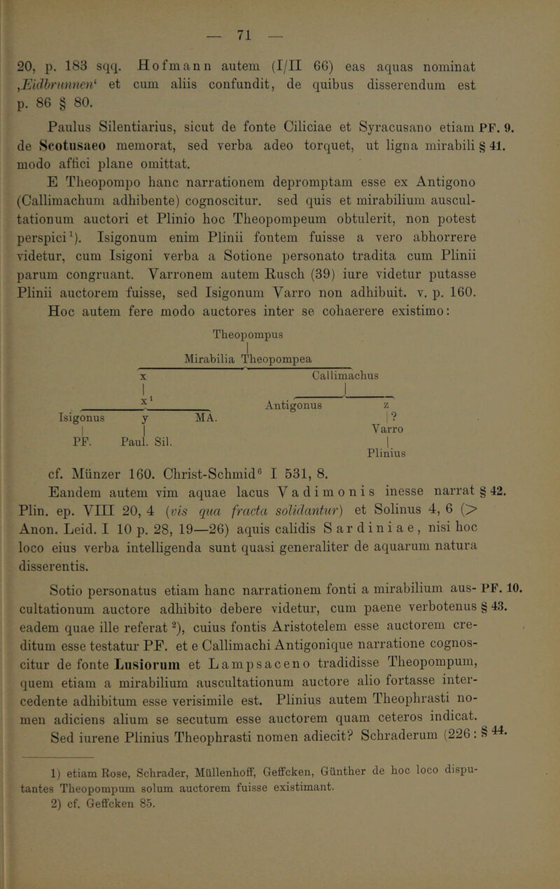 20, ρ. 183 sqq. Hofmann autem (I/II 66) eas aquas nominat ^Eklhrnmicn^ et cum aliis confundit, de quibus disserendum est p. 86 § 80. Paulus Silentiarius, sicut de fonte Ciliciae et Syracusano etiam PF. 9. de Scotusaeo memorat, sed verba adeo torquet, ut ligna mirabili § 41. modo afiici plane omittat. E Theopompo hanc narrationem depromptam esse ex Antigono (Callimachum adhibente) cognoscitur, sed quis et mirabilium auscul- tationum auctori et Plinio hoc Theopompeum obtulerit, non potest perspici^). Isigonum enim Plinii fontem fuisse a vero abhorrere videtur, cum Isigoni verba a Sotione personato tradita cum Plinii parum congruant. Varronem autem Pusch (39) iure videtur putasse Plinii auctorem fuisse, sed Isigonum Varro non adhibuit, v. p. 160. Hoc autem fere modo auctores inter se cohaerere existimo: Theopompus I Mirabilia Theopompea X Callimachus 1 ^ I 5 Antigonus z Isigonus y MA. | ? I I V arro PP. Paul. Sil. 1 Plinius cf. Miinzer 160. Christ-Schmid® I 531, 8. Eandem autem vim aquae lacus Vadimonis inesse narrat § 42. Plin. ep. VIII 20, 4 {vis qua fracta solidantur) et Solinus 4, 6 (> Anon. Leid. I 10 p. 28, 19—26) aquis calidis Sardiniae, nisi hoc loco eius verba intelligenda sunt quasi generaliter de aquarum natura disserentis. Sotio personatus etiam hanc narrationem fonti a mirabilium aus- PF. 10. cultationum auctore adhibito debere videtur, cum paene verbotenus § 43. eadem quae ille referat ^), cuius fontis Aristotelem esse auctorem cre- ditum esse testatur PE. et e Callimachi Antigonique narratione cognos- citur de fonte Lusiorum et Lampsaceno tradidisse Theopompum, quem etiam a mirabilium auscultationum auctore alio fortasse inter- cedente adhibitum esse verisimile est. Plinius autem Theophrasti no- men adiciens alium se secutum esse auctorem quam ceteros indicat. Sed iurene Plinius Theophrasti nomen adiecit? Schraderum (226: § 1) etiam Rose, Schrader, MiillenhofF, Geffcken, Giinther de hoc loco dispu- tantes Theopompum solum auctorem fuisse existimant. 2) cf. Geffcken 85.