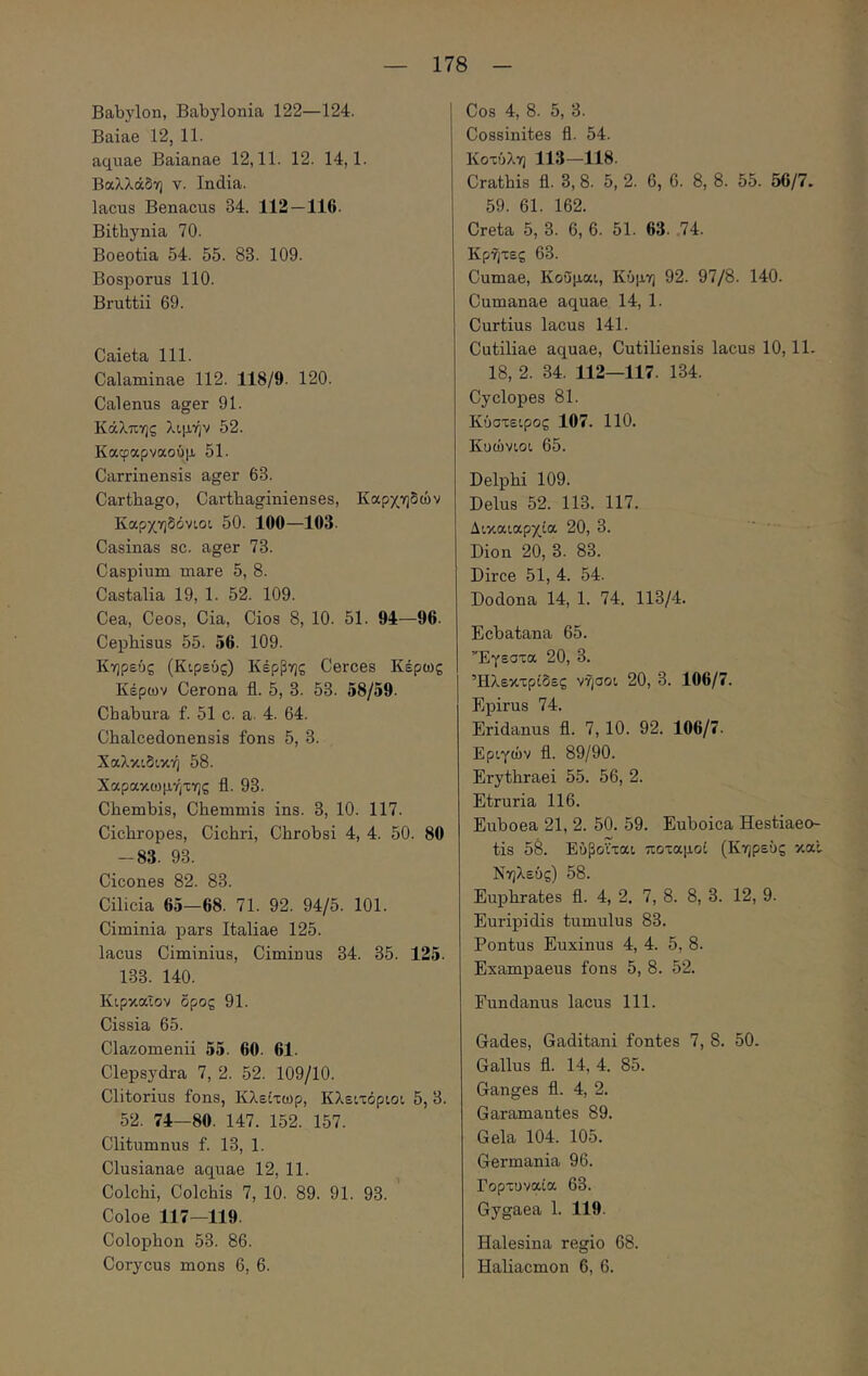 Babylon, Babylonia 122—124. Baiae 12, 11. aquae Baianae 12,11. 12. 14,1. Βαλλάδη v. India. lacus Benacus 84. 112—116. Bithynia 70. Boeotia 54. 55. 83. 109. Bosporus 110. Bruttii 69. Caieta 111. Calaminae 112. 118/9. 120. Calenus ager 91. Κάλπης λιμήν 52. Καφαρναούμ 51. Carrinensis ager 63. Carthago, Carthaginienses, Καρχηδών Καρχηδάνιοι 50. 100—103. Casinas sc. ager 73. Caspium mare 5, 8. Castalia 19, 1. 52. 109. Cea, Ceos, Cia, Cios 8, 10. 51. 94—96. Cephisus 55. 56. 109. Κηρεύς (Κιρεύς) Κέρβης Cerces Κέρως Κέρων Cerona fl. 5, 3. 53. 58/59. Chabura f. 51 c. a. 4. 64. Chalcedonensis fons 5, 3. Χαλκιδική 58. Χαρακωμήτης fl. 93. Chembis, Chemmis ins. 3, 10. 117. Cichropes, Cichri, Chrobsi 4, 4. 50. 80 -83. 93. Cicones 82. 83. Cilicia 65—68. 71. 92. 94/5. 101. Ciminia pars Italiae 125. lacus Ciminius, Ciminus 34. 35. 125. 133. 140. Κιρκαΐον δρος 91. Cissia 65. Clazomenii 55. 60. 61. Clepsydra 7, 2. 52. 109/10. Clitorius fons, Κλείτωρ, Κλειτόριοι 5, 3. 52. 74-80. 147. 152. 157. Clitumnus f. 13, 1. Clusianae aquae 12, 11. Colchi, Colchis 7, 10. 89. 91. 93. Coloe 117—119. Colophon 53. 86. Corycus mons 6, 6. Cos 4, 8. 5, 3. Cossinites fl. 54. Κοτύλη 113—118. Crathis fl. 3, 8. 5, 2. 6, 6. 8, 8. 55. 56/7. 59. 61. 162. Creta 5, 3. 6, 6. 51. 63. 74. Κρήτες 63. Cumae, Κοΰμαι, Κύμη 92. 97/8. 140. Cumanae aquae 14, 1. Curtius lacus 141. Cutiliae aquae, Cutiliensis lacus 10,11. 18, 2. 34. 112—117. 134. Cyclopes 81. Κύστειρος 107. 110. Κϋώνιοι 65. Delphi 109. Delus 52. 113. 117. Δικαιαρχια 20, 3. Dion 20, 3. 83. Dirce 51, 4. 54. Dodona 14, 1. 74. 113/4. Ecbatana 65. ’Έγεστα 20, 3. I Ήλεκτρϊδες νήσοι 20, 3. 106/7. Epirus 74. Eridanus fl. 7,10. 92. 106/7. Εριγών fl. 89/90. Erythraei 55. 56, 2. Etruria 116. Euboea 21, 2. 50. 59. Euboica Hestiaeo- tis 58. Εύβοϊται ποταμοί (Κηρεύς καΐ Νηλεύς) 58. Euphrates fl. 4, 2. 7, 8. 8, 3. 12, 9. Euripidis tumulus 83. Pontus Euxinus 4, 4. 5, 8. Exampaeus fons 5, 8. 52. Fundanus lacus 111. Gades, Gaditani fontes 7, 8. 50. Gallus fl. 14, 4. 85. Ganges fl. 4, 2. Garamantes 89. Gela 104. 105. Germania 96. Γορτυναία 63. Gygaea 1. 119. Halesina regio 68. Haliacmon 6, 6.