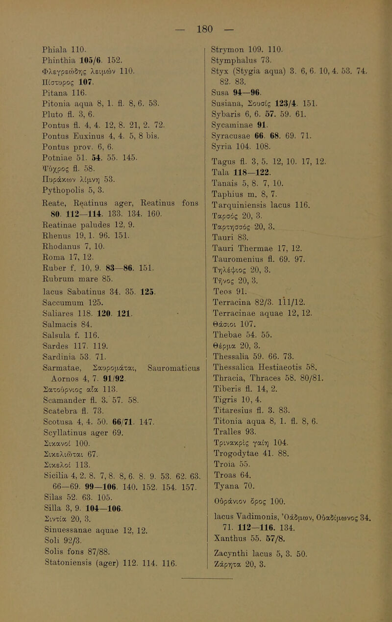 Phiala 110. Pbinthia 105/6. 152. Φλεγρεώδης λειμών 110. ΙΙίστυρος 107. Pitana 116. Pitonia aqua 8, 1. fl. 8,6. 53. Pluto fl. 3, 6. Pontus fl. 4, 4. 12, 8. 21, 2. 72. Pontus Euxinus 4, 4. 5, 8 bis. Pontus prov. 6, 6. Potniae 51. 54. 55. 145. Φ'ύχρος fl. 58. Ποράκων λίμνη 53. Pythopolis 5, 3. Reate, Reatinus ager, Reatinus fons 80. 112—114. 133. 134. 160. Reatinae paludes 12, 9. Rhenus 19, 1. 96. 151. Rhodanus 7, 10. Roma 17, 12. Ruber f. 10, 9. 83—86. 151. Rubrum mare 85. lacus Sabatinus 34. 35. 125. Saccumum 125. Saliares 118. 120. 121. Salmacis 84. Salsula f. 116. Sardes 117. 119. Sardinia 53. 71. Sarmatae, Σαυρομάται, Sauromaticus Aornos 4, 7. 91/92. 2ατοΰρνιος αΓα 113. Scamander fl. 3. 57. 58. Scatebra fl. 73. Scotusa 4, 4. 50. 66/71. 147. Scyllatinus ager 69. Ιίικανοί 100. Σικελιώται 67. Σικελοί 113. Sicilia 4, 2. 8. 7, 8. 8, 6. 8. 9. 53. 62. 63. 66—69. 99—106. 140. 152. 154. 157. Silas 52. 63. 105. Silia 3, 9. 104—106. Σιντία 20, 3. Sinuessanae aquae 12, 12. Soli 92/3. Solis fons 87/88. Statoniensis (ager) 112. 114. 116. Str}Tnon 109. 110. Stymphalus 73. Styx (Stygia aqua) 3. 6, 6. 10, 4. 53. 74. 82. 83. Susa 94—96. Susiana, Σουσίς 123/4. 151. Sybaris 6, 6. 57. 59. 61. Sycaminae 91. Syracusae 66. 68. 69. 71. Syria 104. 108. Tagus fl. 3, 5. 12, 10. 17, 12. Tala 118—122. Tanais 5, 8. 7, 10. Taphius m. 8, 7. Tarquiniensis lacus 116. Ταρσός 20, 3. Ταρτησσός 20, 3. Tauri 83. Tauri Thermae 17, 12. Tauromenius fl. 69. 97. Τηλέφιος 20, 3. Τήνος 20, 3. Teos 91. Terracina 82/3. 111/12. Terracinae aquae 12, 12. Θάσιοι 107. Thebae 54. 55. θέρμα 20, 3. Thessalia 59. 66. 73. Thessalica Hestiaeotis 58. Thracia, Thraces 58. 80/81. Tiberis fl. 14, 2. Tigris 10, 4. Titaresius fl. 3. 83. Titonia aqua 8, 1. fl. 8, 6. Tralles 93. ΤρινακρΙς γαίη 104. Trogodytae 41. 88. Troia 55. Troas 64. Tyana 70. Ούράνιον δρος 100. lacus Vadimonis, Όάδμων, Ούαδίμωνος 34. 71. 112—116. 134. Xanthus 55. 57/8. Zacynthi lacus 5, 3. 50. Ζάρητα 20, 3.