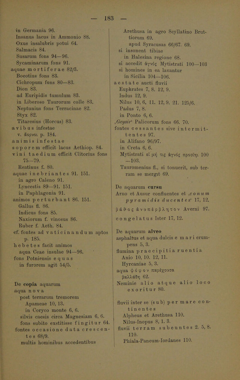 in Germania 96. Insanus lacus in Ammonio 88. Oxus insalubris potui 64. Salmacis 84. Susarum fons 94—96. Sycaminarum fons 91. aquae mortiferae 82/3. Boeotius fons 83. Cichropum fons 80—83. Dion 83. ad Euripidis tumulum 83. in Liberoso Taurorum colle 83. Neptunius fons Terracinae 82. Styx 82. Titaresius (Horcus) 83. avibus infestae V. άορνοι p. 184. animis infestae soporem efficit lacus Aethiop. 84. vini taedium efficit Clitorius fons 75—79. Reatinus f. 80. aquae inebriantes 91. 151. in agro Caleno 91. Lyncestis 89—91. 151. in Paphlagonia 91. animos perturbant 86. 151. Gallus fl. 86. Indicus fons 85. Naxiorum f. vinosus 86. Ruber f. Aeth. 84. cf. fontes ad vaticinandum aptos p. 185. hebetes facit animos aqua Ceae insulae 94—96. fons Potniensis equas in furorem agit 54/5. De copia aquarum aqua nova post terrarum tremorem Apameae 10, 13. in Coryco monte 6, 6. silvis caesis circa Magnesiam 6, 6. fons subito exstitisse fingitur 64. fontes occasione data crescen- tes 68/9. multis hominibus accedentibus Arethusa in agro Scyllatino Brut- tiorum 69. apud Syracusas 66/67. 69. si insonent tibiae in Halesina regione 68. si accedit &γνός Mytistrati 100—103 si homines in ea lavantur in Sicilia 104—106. aestate aucti fluvii Euphrates 7, 8. 12, 9. Indus 12, 9. Nilus 10, 6. 11. 12, 9. 21. 125/6. Padus 7, 8. in Ponto 6, 6. ,Geysir' Palicorum fons 66. 70. fontes cessantes sive intermit- tentes 97. in Alifano 96/97. in Creta 6, 6. Mytistrati εΐ μή τις άγνός προσϊηι 100 —103. Tauromenius fl., si tonuerit, sub ter- ram se mergit 69. De aquarum cursu Arno et Ausur confluentes et ,c o n u m pyramidis ducent e s‘ 17, 12. βάθ-ος άνοπέρβλητον Averni 97. congelatus Ister 17, 12. De aquarum alveo asphaltus et aqua dulcis e m a r i erum- pens 5, 3. flumina praecipitia ruentia Anio 10, 10. 12, 11. Hyrcaniae 5, 3. aqua ψόφον παρέχουσα βαλλάδη 62. Neminie alio atque alio loco exoritur 80. fluvii inter se (sub) per mare con- tinentes Alpheus et Arethusa 110. Nilus-Inopus 8, 1. 3. fluvii terram subeuntes 2. 5, 8. 110. Phiala-Paneum-Iordanes 110.