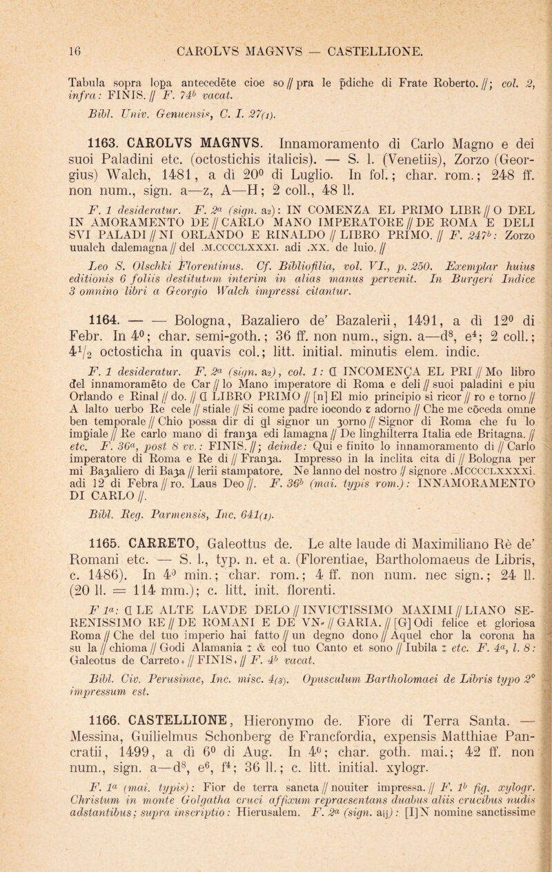 Tabula sopra lopa antecedete cioe so//pra le pdiche di Frate Roberto.//; coi. 2, infra: FINIS.// F. 74b vacat. Bibi. TJniv. Genuensis, C. I. 27(i). 1163. CAROLVS MAGNVS. Innamoramento di Garlo Magno e dei suoi Paladini etc. (octostichis italicis). — S. 1. (Venetiis), Zorzo (Geor- gius) Walch, 1481, a di 20° di Luglio. In fol.; char. rom.; 248 ff. non num., sign. a—z, A—H; 2 coli., 48 11. F. 1 desideratur. F. 2a (sign. 3,2): IN COMENZA EL PRIMO LIBR//O DEL IN AMORAMENTO DE//CARLO MANO IMPERATORE//DE ROMA E DELI SVI PALA DI /I NI ORLANDO E RINALDO // LIBRO PRIMO.// F. 247b: Zorzo uualch dalemagna // dei .m.cccclxxxi. adi .xx. de luio. // Leo S. Olschki Florentinus. Cf. Bibliofilia, vol. VI., p. 250. Exemplar huius editionis 6 foliis destitutum interim in alias manus pervenit. In Burgeri Indice 3 omnino libri a Gcorgio Walch impressi citantur. 1164. — — Bologna, Bazaliero de’ Bazalerii, 1491, a di 12° di Febr. In 4°; char. semi-goth.; 36 ff. non num., sign. a—d8, e4; 2 coli.; 41/2 octosticha in quavis coi.; litt. initial. minutis elem. indic. F. 1 desideratur. F. 2a (sign. 2^), coi. 1: G INCOMENCA EL PRI//Mo libro dei innamorameto de Car // lo Mano imperatore di Roma e deli // suoi paladini e piu Orlando e Rinal // do. // G LIBRO PRIMO // [n] EI mio principio si ricor // ro e torno // A lalto uerbo Re cele // stiale // Si come padre iocondo z adorno // Che me coceda omne ben temporale // Chio possa dir di gl signor un 301110 // Signor di Roma che fu lo impiale // Re carlo mano di fran3a edi lamagna // De linghilterra Italia ede Britagna. fj etc. F. 36a, post 8 vv.: FINIS.//; deinde: Qui e finito lo innamoramento cli //Carlo imperatore di Roma e Re di // Fran3a. Impresso in la inclita cita di // Bologna per mi Ba3aliero di Ba3a // lerii stampatore. Ne lanno dei nostro // signore .MccccLXXXxi. adi 12 di Febra//ro. Laus Deo//. F. 36h (mcii. typis rom'): INNAMORAMENTO DI CARLO //. Bibi. Beg. Parmensis, Inc. 641(i). 1165. CARRETQ, Galeottus de. Le alte laude di Maximiliano Re de’ Romani etc. — S. 1., typ. n. et a. (Florentiae, Bartholomaeus de Libris, c. 1486). In 4° min.; char. rom.; 4 ff. non num. nec sign.; 24 11. (20 11. = 114 mm.); c. litt. init, florenti. F la: G LE ALTE LAVDE DELO//INVICTISSIMO MAXIMI // LIANO SE- RENISSIMO RE//DE ROMANI E DE VNQ/GARIA.//[G] Odi felice et gloriosa Roma // Che clel tuo imperio hai fatto//un degno dono // Aquel chor la corona ha su la fi chioma // Godi Alamania z & coi tuo Canto et sono // Iubila z etc. F. 4a, l. 8 : Galeotus de Carreto+//FINIS +// F. 4b vacat. Bibi. Civ. Perusinae, Inc. misc. 4(3). Opusculum Bcirtholomaei de Libris typo 2° impressum est. 1166. CASTELLIONE, Hieronymo de. Fiore di Terra Santa. — Messina, Guilielmus Schonberg de Francfordia, expensis Matthiae Pan- cratii , 1499, a di 6° di Aug. In 4°; char. goth. mai.; 42 ff. non num., sign. a—d8, e6, f4; 36 11.; c. litt. initial. xylogr. F. la (mai. typis): Fior de terra sancta // nouiter impressa. // F. lb fig. xylogr. Christum in monte Golgatha cruci affixum repraesentans duabus aliis crucibus nudis adstantibus; supra inscriptio: Hierusalem. F. 2a (sign. saj) : [1] N nomine sanctissime .