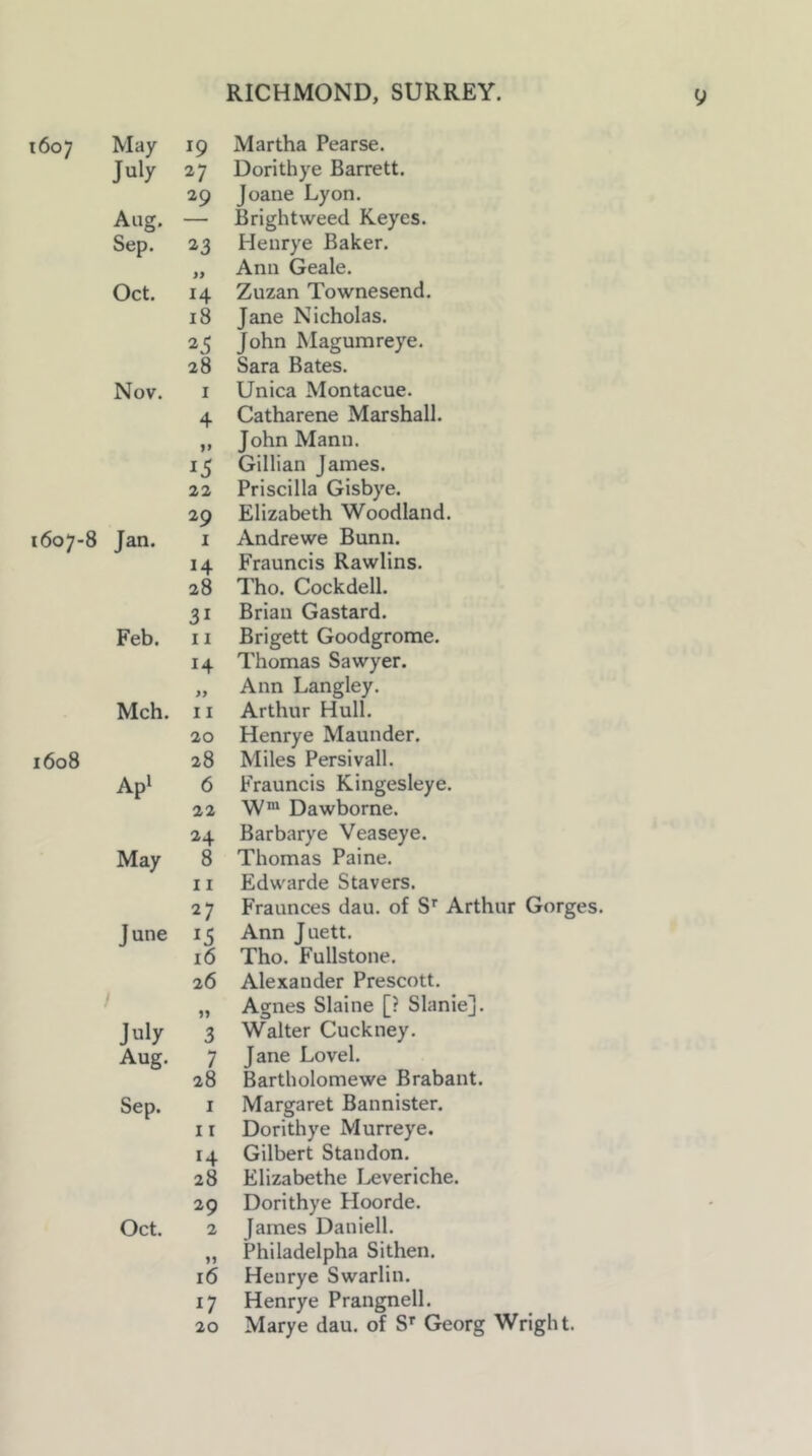 1607 May July Aug. Sep. Oct. Nov. 1607-8 Jan. Feb. Mch. 1608 Ap‘ May June / July Aug. Sep. Oct. 19 Martha Pearse. 27 Dorithye Barrett. 29 Joane Lyon. — Brightweed Keyes. 23 Henrye Baker. „ Ann Geale. 14 Zuzan Townesend. 18 Jane Nicholas. 25 John Magumreye. 28 Sara Bates. I Unica Montacue. 4 Catharene Marshall. „ JohnManu. 15 Gillian James. 22 Priscilla Gisbye. 29 Elizabeth Woodland. I Andrewe Bunn. 14 Frauncis Rawlins. 28 Tho. Cockdell. 31 Brian Gastard. 11 Brigett Goodgrome. 14 Thomas Sawyer. „ Ann Langley. II Arthur Hull. 20 Henrye Maunder. 28 Miles Persivall. 6 Frauncis Kingesleye. 22 W®* Dawborne. 24 Barbarye Veaseye. 8 Thomas Paine. 11 Edwarde Stavers. 27 Fraunces dau. of S’' Arthur Gorges. 13 Ann Juett. 16 Tho. Fullstone. 26 Alexander Prescott. „ Agnes Slaine [? Slanie]. 3 Walter Cuckney. 7 Jane Lovel. 28 Bartholomewe Brabant. 1 Margaret Bannister. II Dorithye Murreye. 14 Gilbert Standon. 28 Elizabethe I^veriche. 29 Dorithye Hoorde. 2 James Daniell. „ Philadelpha Sithen. 16 Henrye Swarlin. 17 Henrye Prangnell.