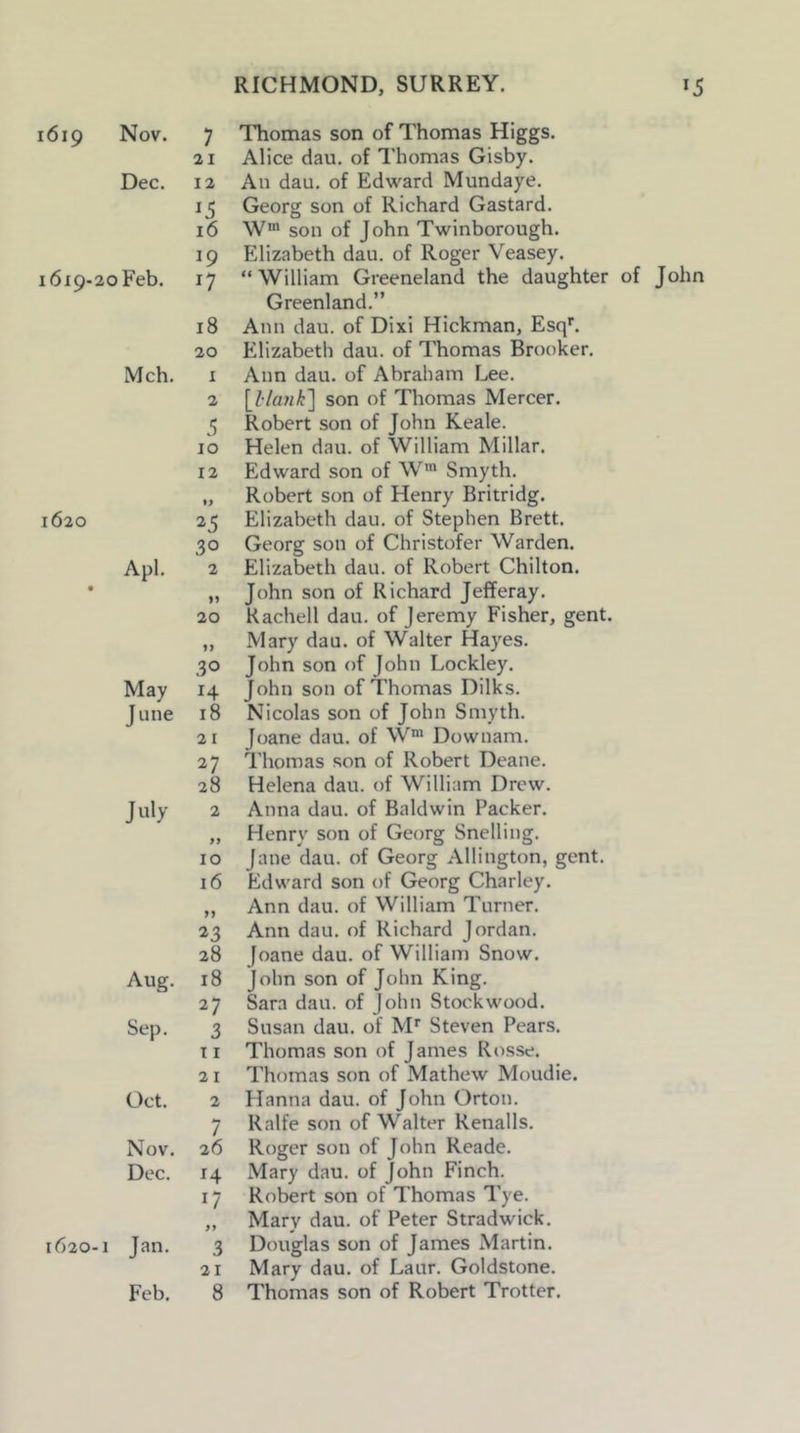1619 Nov. Dec. 1619-20 Feb. Mch. 1620 Apl. May June Jwly Aug. Sep. Oct. Nov. Dec. 1620-1 Jan. Feb. 7 Thomas son of Thomas Higgs. 21 Alice dau. of Thomas Gisby. 12 An dau. of Edward Mundaye. 15 Georg son of Richard Gastard. 16 W* son of John Twinborough. 19 Elizabeth dau. of Roger Veasey. 17 “William Greeneland the daughter of John Greenland.” 18 Ann dau. of Dixi Hickman, Esq^ 20 Elizabeth dau. of Thomas Brooker. 1 Ann dau. of Abraham Lee. 2 [Z7a«^] son of Thomas Mercer. 5 Robert son of John Keale. JO Helen dau. of William Millar. 12 Edward son of W™ Smyth. „ Robert son of Henry Britridg. 25 Elizabeth dau. of Stephen Brett. 30 Georg son of Christofer Warden. 2 Elizabeth dau. of Robert Chilton. „ John son of Richard Jefferay. 20 Kachell dau. of Jeremy Fisher, gent. ,, Mary dau. of Walter Hayes. 30 John son of John Lockley. 14 John son of Thomas Dilks. 18 Nicolas son of John Smyth. 21 Joane dau. of W“ Downam. 27 Thomas son of Robert Deane. 28 Helena dau. of William Drew. 2 Anna dau. of Baldwin Packer. „ Henry son of Georg Snelling. 10 Jane dau. of Georg Allington, gent. 16 Edward son of Georg Charley. „ Ann dau. of William Turner. 23 Ann dau. of Richard Jordan. 28 Joane dau. of William Snow. 18 John son of John King. 27 Sara dau. of John Stockwood. 3 Susan dau. of M* Steven Pears. Ti Thomas son of James Rosse. 21 Thomas son of Mathew Moudie. 2 Hanna dau. of John Orton. 7 Ralfe son of Walter Renalls. 26 Roger son of John Reade. 14 Mary dau. of John Finch. 17 Robert son of Thomas Tye. „ Mary dau. of Peter Stradwick. 3 Douglas son of James Martin. 21 Mary dau. of Laur. Goldstone. 8 Thomas son of Robert Trotter.