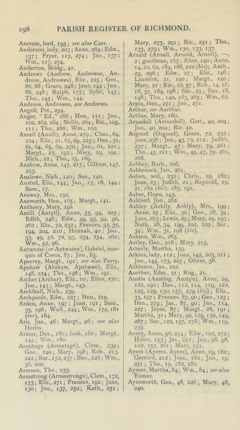 Ancram, lord, 195 ; see also Carr. Anderson, lady, 203 ; Anne, 269; Edw., 137; Fryer, 117, 274; Jno., 137; Wm., 117, 274. Anderton, Bridg., 41. Andrews (Andrew, Andrewes, An- drose, Androwes), Eliz., 225 ; Geo., 86, 88 ; Grace, 248; Jane, 144 ; Jno., 88, 248; Ralph, 175; Sybil, 145; Tho., 145; Wm., 144. Androse, Androwes, see Andrews. Angell, Pet., 254. Anger, “ Ed.,” 286; Hen., in ; Jno., 102, 262, 264; Mellis, 264; Ric., 105, III ; Tho., 286; Wm., 102. Ansell (Ansill), Anne, 279; Chas.,64, 224; Eliz., 21, 65,69, 225 ; Hen., 31, i 61, 64, 65, 69, 270 ; Jno., 61, 221 ; Margt., 23, 192; Mary, 29, 194; Nich., 22 ; Tho., 25, 189. Anshaw, Anne, 147, 213 ; Gilham, 147, 213. Anslowe, Nich., 140; Sus., 140. Ansted, Eliz., 144; Jno., 17, 18, 144; Sam., 17. Answay, Mrs., 192. Answorth, Hen., 165; Margt., 141. Anthony, Mary, 246. Antill (Antyll), Anne, 35, 94, 203 ; Edith, 246; Edw., 49, 93, 94, 96, 262 ; Eliz., 72, 232 ; Frances, 32, 37, 194, 204, 210; Hannah, 40; Jno., 33, 49, 52, 72, 93. 234. 254, 262; Wm., 52, 96. Antwame [or Antwaine], Gabriel, mar- quis of Creux, 83 ; Jno., 83. Aparrey, Margt., 192; see also Parry. Apshaw (Abshaw, Apshawe), Eliz., 148, 224; Tho., 198; Wm., 191. Archer (Archar), Eliz., 10; Ellen, 170; Jno., 143 ; Margt., 143. Archiball, Nich., 239. Archpoole, Edw., 227 ; Hen., 219. Arden, Anne, 197; Joan, 191 ; Sam., 35, 198; Walt., 244; Wm., 179,181 (ter), 184. Aris, Jno., 46; Margt., 46; see also Harris. Armar, Dav., 180; Isab., iSo; Margt., 144; Wm., 180. Armitage (Armatage), Clem., 239; Geo., 240; Mary, 198; Rob., 213, 221 ; Sar., 152, 237 ; Sus., 226; Wm., 36, 200. Armson, Tho., 233. Armstrong (Armestronge), Clem., 172, 173; Eliz., 271 ; Frances, 192; Jane, 130; J0-. 137, 250; Kath., 251 ; Mary, 273. 291 ; Ric., 251 ; Tho., 133, 279; Wm., 130, 133, 137. Arnald (Arnall, Arnold, Arnoll), —, 2 ; goodman, 163 ; Alice, 140; Anne, 14, 22, 62, 184, 186, 222 (bis)-, Anth., 23, 296 ; Edw., 27 ; Eliz., 146; Lancelot, 21, 190; Margt., 140; Mary, 2I ; Ric., 16,37; Rob., 14, 16, 18, 37, 184, 198 ; Sar., 25 ; Sus., 18, 148; Tho., 140, 283, 285; Wm.,62. Arpin, Hen., 271 ; Jno., 271. Arthur, see Aurthur. Artline, Mary, 160. Arundell (Arrundell), Gert., 40, 204 ; Jno., 40, 204; Ric. 40. Asgood (Osgood), Grace, 72, 232 ; Jane, 238; Jno., 43, 72, 212 ; Judith, 237 ; Margt., 47 ; Mary, 79, 261 ; Tho., 45, 211 ; Wm., 45, 47, 79.261, 268. Ashbey, Barb., 206. Ashbroock, Jno., 261. Ashen, wid., 232; Chris., 19, 182; Joan, 23 ; Judith, 21; Reynold, 19, 21, 182 (bis), 185, 191. Asher, Hope, 143. Ashford, Jno., 262. Ashley (Ashlly, Ashly), Mrs., 199; Anne, 27; Eliz., 30; Geo., 28, 34; Joan, 263 ; Lewis, 29; Mary, 29, 193 ; Nath., 28, 34, 199, 202, 229 ; Sar., 34; Wm., 31, 198 (bis). Ashton, Wm., 265. Astley, Geo., 218; Mary, 215. Atherly, Martha, 159. Atkins, lady, 112 ; Joan, 145, 203, 2i i ; Jno., 145, 173, 207 ; Oliver, 38. Atkinson, Jas., 222. Aurthur, Edm., 21 ; Rog., 21. Austin (Austing, Austyn), Anne, 29, 122, 192; Dan., 112, 114, 119, 122, 125, 129, 130, 157, 279 (bis); Eliz., 33. 197 ; Frances, 87, 90; Geo., 125 ; Hen., 279; Jas., 87, 90; Jno., 114, 227; Joyce, 87; Margt., 28, 191 ; Martha, 31; Mary, 90, 129^ 130, 149, 287; Sar., 122, 157, 278;Wm., 119, 279. Avery, Anne, 96, 254; Edw., 102, 272; Helen, 153 ; Jas., 272; Jno., 96, 98, 102, 257, 261 ; Mary, 151. Ayers (Ayeres, Ayres), Anne, 19, 182; Gcrrard, 212; Joan, 182; Jno., 19, 251 ; Tho., 19, 182, 282. Aymes, Martha, 84; Wm., 84;scc«/so Eames. Aynsworth, Geo., 48, 226; Mary, 48, 240.