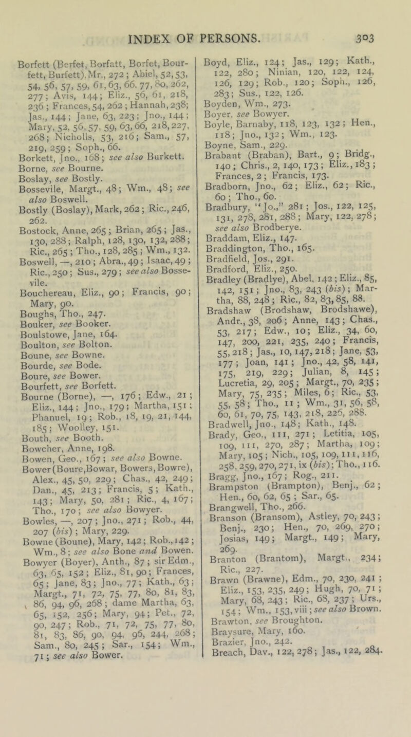 Borfett (Berfet, Borfatt, Borfet, Bour- fett, Burfett),Mr., 272 ; Abiel, 52,53, 54. 56, 57. 59. 61,63, 66. 77, 80, 262, 277; Avis, 144; Eliz., 56, 61, 218, 236 ; Frances, 54, 262 ; Hannah, 238; Jas., 144 ; Jane, 63, 223 ; Jno., 144 ; Mary, 52, 56,57- 59. 63,66, 218,227, 268; Nicholls, 53, 216; Sam., 57, 219, 259; Soph., 66. Borkett, Jno., 168; see also Burkett. Borne, see Bourne. Boslay, see Bostly. Bossevile, Margt., 48; Wm., 48 J also Boswell. Bostly (Boslay), Mark, 262; Ric., 246, 262. Bostock, Anne, 265 ; Brian, 265 ; Jas., 130, 288; Ralph, 128, 130, 132,288; Ric., 265 ; Tho., 128, 285 ; Wm., 132. Boswell, —, 210 ; Abra.,49; Isaac, 49 ; Ric., 250; Sus., 279; sr-e rt/so Bosse- vile. Bouchereau, Eliz., 90; Francis, 90; Mary, 90. Boughs, Tho., 247. Bouker, see Booker. Boulstowe, Jane, 164. Boulton, see Bolton. Boune, see Bowne. Bourde, see Bode. Boure, see Bower. Bourfett, see Borfett. Bourne (Borne), —, 176; Edw., 21 ; Eliz., 144; Jno., 179; Martha, 151 ; Phanuel, 19; Rob., 18, 19, 21, 144, 185 ; Woolley, 151. Bouth, see Booth. Bowcher, Anne, 198. Bowen, Geo., 167; see also Bowne. Bower (Boure,Bowar, Bowers, Bowre), Alex., 45, 50, 229; Chas., 42, 249; Dan., 45, 213; Francis, 5; Kath., 143; Mary, 50, 281; Ric., 4, 167; Tho., 170; see also Bowyer. Bowles, —, 207 ; Jno., 271; Rob., 44, 207 {l>is^ ; Mary, 229. Bowne (Boune), Mary, 142; Rob., 142; Wm., 8; see also Bone and Bowen. Bowyer (Boyer), Anth., 87 ; sir Edm., 63, 65, 152; Eliz., 81,90; Frances, 65 ; Jane, 83 ; Jno., 77 ; Kath., 63 ; Margt., 71, 72, 75, 77, 80, 81, 83, ^ 86, 94, 96, 268; dame Martha, 63, 65, 152, 256; Mary, 94; Pet., 72, 90, 247; Rob., 71, 72, 75, 77, So, 81, 83, 86, 90, 94, 96, 244, 268; Sam., 80, 245; Sar., 154; Wm., 71; see also Bower. Boyd, Eliz., 124; Jas., 129; Kath., 122, 280; Ninian, 120, 122, 124, 126, 129; Rob., 120; Soph., 126, 283; Sus., 122, 126. Boyden, Wm., 273. Boyer, see Bowyer. Boyle, Barnaby, 118, 123, 132; Hen., 118; Jno., 132; Wm., 123. Boyne, Sam., 229. Brabant (Braban), Bart., 9; Bridg., 140 ; Chris., 2, 140, 173 ; Eliz., 183 ; Frances, 2; Francis, 173. Bradborn, Jno., 62; Eliz., 62; Ric., 60; Tho., 60. Bradbury, “Jo.,” 281 ; Jos., 122, 125, 131, 278,281,288; Mary, 122,278; see also Brodberye. Braddam, Eliz., 147. Braddington, Tho., 165. Bradfield, Jos., 291. Bradford, Eliz., 250. Bradley (Bradlye), Abel, 142 ; Eliz., 85, 142, 151 ; Jno., 83, 243 {bis) \ Mar- tha, 88, 248 ; Ric., 82, 83,85, 88. Bradshaw (Brodshaw, Brodshawe), Andr., 38, 206 ; Anne, 143 ; Chas., 53, 217; Edw., 10; Eliz., 34, 60, 147, 200, 221, 235, 240; Francis, 55,218; Jas., 10, 147,218; Jane, 53, 177 ; Joan, 141 ; Jno., 42, 58, 141, 175, 219, 229; Julian, 8, 145; Lucretia, 29, 205 ; Margt., 70, 235 ; Mary, 75, 235; Miles, 6; Ric., 53, 55. 5*^; 3’, 56,58, 60, 61, 70, 75, 143. 218, 226, 288. Bradwell, Jno., 14^; Kath., 148. Brady, Geo., iii, 271; Letitia, 105, 109, III, 270, 287; Martha, 109; Mary, 105; Nich., 105, 109, in, 116, 258, 259,270,271, ix (6is);Tho., 116. I3ragg, Jno., 167; Rog., 211. Brampston (Brampton), Benj., 62; Hen., 60, 62, 65 ; Sar., 65. Brangwell, Tho., 266. Branson (Bransom), Astley, 70, 243; Benj., 230; Hen., 70, 269, 270; Josias, 149; Margt., 149; Mary, 269. Branton (Brantom), Margt.. 234; Ric., 227. Brawn (Brawne), Edm., 70, 230, 241 ; Eliz., 153, 235, 249; Hugh, 70, 71 ; Mary, 68, 243; Ric., 68, 237; Urs., 154; Wm., 153, viii Brown. Brawton. see Broughton. Braysure, Mary, 160. Brazier, Jno., 242. Breach, Dav., 122, 278; Jas., I22, 284.