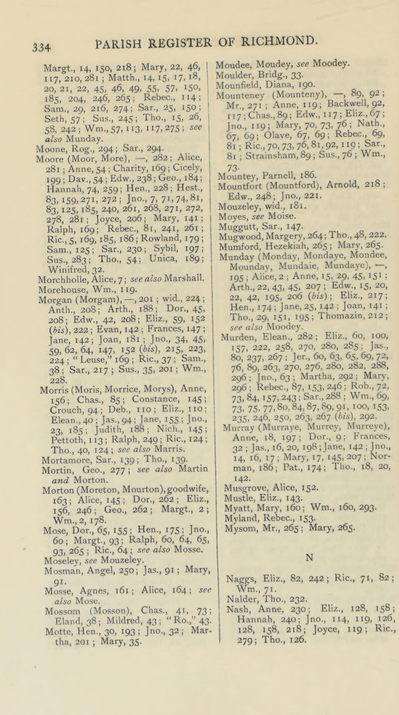 Margt., 14, 150, 218; Mary, 22, 46, 117, 210, 281 ; Matth., 14, IS, 17, 18, 20, 21, 22, 45, 46, 49, 55, 57. 150, 185, 204, 246, 265; Rebec., 114; Sam., 29, 216, 274; Sar., 25, 150; Seth, 57 ; Siis., 245 : Tho., 15, 26, 58, 242 ; Wm., 57, 113. 117. 275 ; see also Munday. Moone, Rog., 294; Sar., 294. Moore (Moor, More), —, 282; Alice, 281 ; Anne, 54; Charity, 169; Cicely, 199; Dav.,54; Edw., 238; Geo., 184; Hannah, 74, 259; Hen., 228; Hest., 83. 159.271. 272; Jno., 7,71,74,81, 83, 125, 185, 240, 261, 268, 271, 272, 278, 281; Joyce, 206; Mary, 141; Ralph, 169; Rebec., 81, 241, 261; Ric., 5, 169,185, 186; Rowland, 179 ; Sam., 125; Sar., 230; Sybil, 197; Sus., 283; Tho., 54; Unica, 189; Winifred, 32. Morchholle, Alice, 7; see also Marshall. Morehouse, Wm., 119. Morgan (Morgam),—,201 ; wid., 224; Anth., 208; Arth., 188 ; Dor., 45, 208; Edw., 42, 208; Eliz., 59, 152 {bis), 222 ; Evan, 142 ; Frances, 147 ; Jane, 142; Joan, 181 ; Jno., 34, 45, 59, 62, 64, 147, 152 {bis), 215, 223, 224 ; “ Leuse,” 169 ; Ric., 37 ; Sam., 38 ; Sar., 217 ; Sus., 35, 201 ; Wm., 228. Morris (Moris, Morrice, Morys), Anne, 156; Chas., 85; Constance, 145; Crouch, 94; Deb., no; Eliz., no; Elean., 40 ; Jas., 94; Jane, 155 ; Jno., 23, 185; Judith, l88; Nich., 145; Pettoth, 113 ; Ralph, 249; Ric., 124; Tho., 40, 124; see also Marris. Mortamore, Sar., 139; Tho., 139. Mortin, Geo., 277; see also Martin and Morton. Morton (Moreton, Mourton),goodwife, 163; Alice, 145; Dor., 262 ; Eliz., 156, 246 ; Geo., 262 ; Margt., 2 ; Wm.,2, 178. Mose, Dor., 65, 155; Hen., 175; Jno., 60; Margt., 93; Ralph, 60, 64, 65, 93, 265 ; Ric., 64 ; see also Mosse. Moseley, see Mouzeley. Mosman, Angel, 250; Ja.s., 91 ; Mary, 91. Mosse, Agnes, 161 ; Alice, 164; see also Mose. Mossom (Mosson), Chas., 41, 73; Eland, 38 ; Mildred, 43 ; “ Ro.,” 43. Motte, Hen., 30, 193; Jno., 32; Mar- tha, 201 ; Mary, 35. Moudee, Moudey, see Moodey. Moulder, Bridg., 33. Mounfield, Diana, 190. Mounteney (Mounteny), —, 89, 92 ; Mr., 271 ; Anne, 119; Backwell, 92, 117 ; Chas., 89; Edw., 117; Eliz., 67 ; Jno., 119; Mary, 70, 73, 76; Nath., 67, 69; Olave, 67, 69; Rebec., 69, 81 ; Ric., 70, 73, 76,81,92, 119 ; Sar., 81 ; Strainsham, 89; Sus., 76 ; Wm., 73. Mountey, Parnell, 186. Mountfort (Mountford), Arnold, 218; Edw., 248; Jno^, 221. Mouzeley, wid., i8i. Moyes, see Moise. Muggutt, Sar., 147. Mugwood, Margery, 264; Tho., 48, 222. Mumford, Hezekiah, 265 ; Mary, 265. Munday (Monday, Mondaye, Mondee, Mounday, Mundaie, Mundaye), —, 195 ; Alice, 2 ; Anne, 15, 29, 45, 151 ; Arth., 22. 43, 45. 207 ; Edw., 15, 20, 22, 42, 195, 206 {bis)-, Eliz., 217; Hen., 174; Jane, 25, 142 ; Joan, 141 ; Tho., 29, 151, 195; Thomazin, 212 ; see also Moodey. Murden, Elean., 282; Eliz., 60, 100, 157, 222, 258, 270, 280, 285; Jas., 80, 237, 267 ; Jer., 60, 63, 65, 69, 72, 76, 89, 263, 270, 276, 280, 282, 288, 296 ; Jno., 63 ; Martha, 292 ; Mar)', 296 ; Rebec., 87, 153, 246 ; Rob., 72, 73, 84, 157, 243 ; Sar., 288 ; Wm., 69, 73- 75,77,80,84,87,89,91. 100, 153, 235, 246, 250, 263, 267 {bis), 292. Murray (Murraye, Murrey, Murreye), Anne, 18, 197; Dor., 9; Frances, 32 ; Jas., 16, 20, 198; Jane, 142 ; Jno., 14, 16, 17; Mary, 17, 145,207; Nor- man, 186; Pat., 174; Tho., 18, 20, 142. Musgrove, Alice, 152. Mustle, Eliz., 143. Myatt, Mary, 160; Wm., 160, 293. Myland, Rebec., 153. Mysom, Mr., 265 ; Mary, 265. N Naggs, Eliz., 82, 242; Ric., 71, 82; Wm., 71. Nalder, Tho., 232. Nash, Anne, 230; Eliz., 128, 158; Hannah, 240; Jno., 114, 119, 126, 128, 158, 218; Joyce, 119; Ric., 279; Tho., 126.