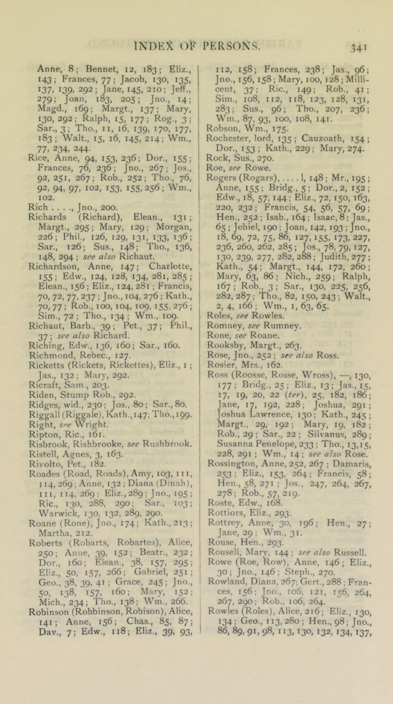 Anne, 8; Bennet, 12, 183; Eliz., 143; Frances, 77; Jacob, 130, 135, 137. 139. 292; Jane, 145, 210; Jeff., 279; Joan, 183, 205; Jno., 14; Magd., 169; Margt., 137; Mary, 130, 292; Ralph, 15, 177; Rog., 3; Sar., 3; Tho., ii, 16, 139, 170, 177, 183; Walt., 15, i6, 145, 214; Wm., 77. 234, 244- Rice, Anne, 94, 153.236; Dor., 155; Frances, 76, 236; Jno., 267; Jos., 92, 251, 267; Rob., 252; Tho., 76, 92, 94, 97, 102, 153, 155.256; Wm., 102. Rich . . . ., Jno., 200. Richards (Richard), Elean., 131 ; Margt., 295; Mary, 129; Morgan, 226; Phil., 126, 129, 131, 133. 136; Sar., 126; Sus., 148; Tho., 136, 148, 294 ; see also Richaut. Richardson, Anne, 147; Charlotte, 155; Edw., 124, 128, 134, 281, 285; Elean., 156; Eliz., 124, 281 ; Francis, 70. 72, 77, 237 ; Jno., 104, 276 ; Kath., 70, 77 ; Rob., 100, 104, 109, 155, 276 ; Sim., 72 ; Tho., 134 ; Wm., 109. Richaut, Barb., 39 ; Pet., 37; Phil., 37 ; see also Richard. Riching, Edw., 136, 160; Sar., 160. Richmond, Rebec., 127. Ricketts (Rickets, Rickettes), Eliz., i ; Jas., 132 ; Mary, 292. Ricraft, Sam., 203. Riden, Stump Rob., 292. Ridges, wid., 230; Jos., 80; Sar., 80. Riggall (Riggale), K;ith.,i47; Tho., 199. Right, sfe Wright. Ripton, Ric., 161. Risbrook, Rishbrooke, see Rushbrook. Ristell, Agnes, 3, 163. Rivolto, Pet., 182. Roades (Ro.ad, Ro.ads), Amy, 103, 111, 114, 269; .^.nne, 132 ; Diana (Din.ah), 111,114,269: Eliz., 289 ; Jno., 195 ; Ric., 130, 288, 290: Sar., 103; Warwick, 130, 132, 289, 290. Roane (Rone), Jno., 174; Kath.,213; Martha, 212. Roberts (Robarts, Robartes), Alice, 250; Anne, 39, 152; Beatr., 232; Dor., 160; Elean., 38, 157, 295; Eliz., 50, 157, 266; Gabriel, 251; Geo., 38, 39, 41 ; Grace, 245; Jno., 50, 138, 157. 160; Mary, 152; Mich., 234; Tho., 138; Wm., 266. Robinson (Robbinson, Robison), Alice, 141 ; Anne, 156; Chas., 85, 87; Dav., 7; Edw., 118; Eliz., 39, 93, .34* 112, 158; Frances, 238; Jas., 96; Jno., 156, 158; Mary, 100, 128; Milli- cent, 37: Ric., 149; Rob., 41; Sim., 108, 112, 118, 123, 128, 131, 283; Sus., 96; Tho., 207, 236; Wm., 87, 93, 100, 108, 141. Robson, Wm., 175. Rochester, lord, 135 ; Cauzoath, 154 ; Dor., 153; Kath., 229; Mary, 274. Rock, Sus., 270. Roe, see Rowe. Rogers (Rogars), 1, 148; Mr., 195 ; Anne, 155 ; Bridg., 5 ; Dor., 2, 152 : Edw., 18, 57, 144; Eliz., 72, 150, 163, 220, 232; Francis, 54, 56, 57, 69; Hen., 252; Isab., 164; Isaac, 8; Jas., i 65 ; Jehiel, 190; Joan, 142, 193 ; Jno., ! 18, 69, 72, 75, 86, 127, 155, 173, 227, ; 236, 260, 262, 285 ; Jos., 78, 79, 127, 130, 239, 277, 282, 288 ; Judith, 277 ; Kath., 54; Margt., 144, 172, 260; 1 Mary, 63, 86; Nich., 259; Ralph, ■ 67Rob., 3; Sar., '.30 225, 256: 282, 287 ; Tho., 82, 150, 243 ; Walt., 2, 4, 166 ; Wm., I, 63, 65. Roles, see Rowles. Romney, see Rumney. Rone, see Roane. Rooksby, Margt., 263. Rose, Jno., 252 ; see also Ross. Rosier, Mrs., 162. Ross (Roosse, Rosse, Wross), —, 130, 177; Bridg., 25; Eliz., 13; Jas., 15, 17, 19, 20, 22 {ter), 25, 182, 186; Jane, 17, 192, 228; Joshua, 291 ; Joshua Lawrence, 130; Kath., 245; ' Margt., 29, 192; Mary, 19, 182; i Rob., 29 : Sar., 22 ; Silvanus, 289; I Susanna Penelope, 233 ; Tho., 13,15, I 228, 291 ; Wm., 14; see also Rose. I Rossington, Anne, 252, 267 ; Damaris, 253: Eliz., 153, 264; Francis, 58; i Hen., 58, 271 ; Jos., 247, 264, 267, 278; Rob., 57, 219. 1 Roste, Edw., 168. I Rottiors, Eliz., 293. ! Rottrey, Anne, 30, 196; Hen., 27; I Jane, 29 ; Wm., 31. I Rouse, Hen., 293. I Rousell, Mary, 144; see also Russell, j Rowe (Roe, Row), Anne, 146 ; Eliz., I 30; Jno., 146; Steph., 270. ' Rowland, Diana, 267; Gert., 288 ; Fran- ces, 156; Jno., 106, 121, 156, 264, 267, 290; Rob., 106, 264. Rowles (Roles), Alice, 216; Eliz., 130, 134: Geo., 113,280; Hen., 98; Jno.. 86, 89, 91, 98, 113, 130, 132, 134, 137,