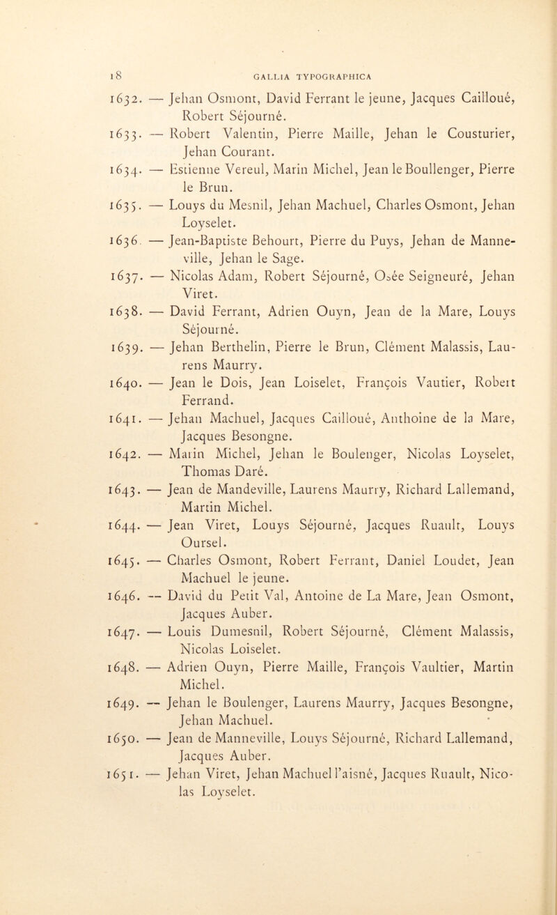 1632. — Jehan Osmont, David Ferrant le jeune, Jacques Cailloué, Robert Séjourné. 1633. — Robert Valentin, Pierre Maille, Jehan le Cousturier, Jehan Courant. 1634. — Estienne Vereul, Marin Michel, Jean le Boullenger, Pierre le Brun. 1635. — Louys du Mesnil, Jehan Machuel, Charles Osmont, Jehan Loyselet. 1636. — Jean-Baptiste Behourt, Pierre du Puys, Jehan de Manne- ville, Jehan le Sage. 1637. — Nicolas Adam, Robert Séjourné, Osée Seigneuré, Jehan Viret. 1638. — David Ferrant, Adrien Ouyn, Jean de la Mare, Louys Séjourné. 1639. — Jehan Berthelin, Pierre le Brun, Clément Malassis, Lau- rens Maurry. 1640. — Jean le Dois, Jean Loiselet, François Vautier, Robeit Ferrand. 1641. —Jehan Machuel, Jacques Cailloué, Anthoine de la Mare, Jacques Besongne. 1642. — Marin Michel, Jehan le Boulenger, Nicolas Loyselet, Thomas Daré. 1643. — Jean de Mandeville, Laurens Maurry, Richard Lallemand, Martin Michel. 1644. — Jean Viret, Louys Séjourné, Jacques Ruault, Louys Oursel. 1645. — Charles Osmont, Robert Ferrant, Daniel Loudet, Jean Machuel le jeune. 1646. — David du Petit Val, Antoine de La Mare, Jean Osmont, Jacques Auber. 1647. — Louis Dumesnil, Robert Séjourné, Clément Malassis, Nicolas Loiselet. 1648. —- Adrien Ouyn, Pierre Maille, François Vaultier, Martin Michel. 1649. — Jehan le Boulenger, Laurens Maurry, Jacques Besongne, Jehan Machuel. 1650. — Jean de Manneville, Louys Séjourné, Richard Lallemand, Jacques Auber. 1651. — Jehan Viret, Jehan Machuel Taisné, Jacques Ruault, Nico- las Loyselet.