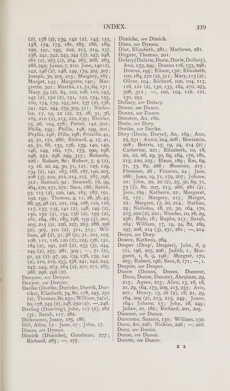 158, 174, 175, 181, 185, 186, 189, 190, IQI, 195, 202, 215, 219, 237, 238, 241, 242, 243, 244 (3), 247, 248, 261 (2), 263 (2), 264, 267, 268, 283, 288, 292; Jonas, 7, 210; Jone, 140 (2), 142, 146 (2), 148, 149, 179, 305, 307; Joseph, 30, 205, 215; Margery, 167; Marget, 143; Margrete,140; Mar- grette, 301; Martha, 11, 51,64, 171; Mary, 59 (2), 64, 102, 108, 110, 143, 145 (2), 150 (2), 151, 152, 154, 155, 160, 174, 179, 193, 201, 237 (2), 238, 241, 242, 244, 279,309, 311; Nicho- lass “17, 2g, 22 (2), 25, 28, 34, 90, 165, 210 (2), 215, 220, 239; Nicolas, PS, 26;- 104, 278 ; - Petter, 142, 302; Philis, 199; Phillis, 198, 199, 201; Phyllis, 198; Pillis, 198; Priscilla, 41, 45, 51, 171, 286; Richard, 4, 17, 41, 45, 51, 88, 133, 136, 139, 140, 142, 146, 149, 160, 171, 175, 190, 198, 248, 252, 298, 290, 313; Robarde, 226; Robart, 80; Robert, 7, 9 (2), 13; 16, 20, 24, 30, 51, 121, 125, 129, 134 (2), 141, 163, 166, 187, 190, 205, 208 (3), 210, 212, 214, 215, 287, 298, 312; Samuel, 92; Samuell, 16, 99, 264,270, 271, 272; Sara, 186; Sarah, 97, 115 (2), 120, 140, 185, 187, 191, 192, 199; Thomas, 4, 11, 28, 36, 45, 88, 95, 98 (2), 101, 104, 108, 110, 116, 117, 133, 135, 141 (2), 148, 149 (2), 150, 152 (2), 154, 150 (2), 159 (2), 161, 164, 181, 183, 198, 199 (3), 201, 203, 215 (2), 226, 227, 263, 288, 206 (2), 307, 310 (2), 311, 313; Wil- liam, 48 (2), 51,58 (2), 71, 101, 105, 168, 111, ¥16, 120 (2), F25, 136, 151, 184 (2), 191, 228 (2), 233 (3), 244, 24@ (2), 257, 283, 300; —, 71 (2), QI, 95 (2), 97, 99, 134, 136, 139, 141 (2), 210, 212, 233, 238, 241, 242, 244, 247, 249, 263, 264 (2), 270, 271, 287, 288, 296, 298 (2). Denyere, see Denyer. Denyor, see Denyer, Derike (Dorike, Duricke, Durrik, Dur- rike), Elizabeth, 74, 80, 178, 245, 250 (2); Thomas, 80, 250; William, 74(2), 80, 178, 245 (2), 248, 250 (2); —, 248. Derling (Dearling), John, 117 (2), 282 (3); Sarah, 117, 282. Dickesonn, Joane, 185, 186. Dae Avice,/17.3 Jane; 17; -John, 17. Dimes, see Dymes. Dimick (Dimicke), Goodman, 277; Richard, 285; —, 277. 339 Dims, see Dymes. Dint, Elizabeth, 281; Mathewe, 281. Dirgate, Thomas, 201. Dolary(Dalarie, Darie, Davie, Dollary), Ann, 133,299; Dorcas 116, 133, 298; Dorcus, 195; Elinor, 130; Elizabeth, 100, 184, 270 (2), 311; Mary, 113 (2); Oliver, 104; Richard, 100, 104, 113, EEO, F2T (2), 140, 133, 184, 270, 293, 308, 312; —, 100, 104, 116, 121, 190, 204. Dollary, see Dolary. Dones, see Dunce. Donns, see Dunce. Donston, An, 180. Dorie, see Dory. Dorike, see Derike. Dory (Dorie, Dorye), An, 169; Ann, 25,231; Annis, 204, 208; Beniamin, 208; Bettris, 17, 16,'24; 214:(2) ; Catherine, 221; Elizabeth, 10, 18, 20, 22, 26,20, 40, 60; 164, 170, 181, 215, 220, 225; Elnor, 189; Em, 69, 71, 73, 82, 266; florence, 215; Florence, 26; Frances, 24; Jane, 168; Joan, 19, 71, 179, 207; Johane, 10; John, 20, 22 (2), 25, 30, 69, 7}, 73 (2), 82, 207, 213, 266, 281 (2) ; Jone, 169; Katherin, 22; Margaret, 25, 172;- Margery, 219; Marget, 22; Margret, 17, 20, 214; Nathan, 20; Nicholas, 18, 22, 30, 164, 170, 215, 220 (2), 221; Nicolas, 10, 26, 20, 256; Rafe, 18; Raphe, 213; Sarah, 164; William, 17, 19, 24, 82, 160, 197, 208, 214 (3), 231, 281; —, 214. Dorye, see Dory. Dowce, Kathren, 284. Draper (Drap’, Drapier), John, 6, 9 (2), 196, 205, 206; Judith, 1; Mar- garet, 1, 6, 9, 196; Margret, 170, 205; Robert, 196; Sara,6, 171; —, I. Drapier, see Draper. Dunce (Donns, Dones, Duncest, Duns, Dunse, Dunste), Abraham, 29, 215; Agnes, 213; Alice, 13, 16, 18, 21, 29, 164, 173, 209, 215, 253; Avis, 201, Flenry, 13,.10°(2),° 15, 23, 20, 104, 209 (2), 213, 215, 249; Joane, 164; Johane, 13;- John, 18;°249; Julian, 21, 182; Richard, 201, 205. Duncest, see Dunce. Duncome, Susana, 130; William, 130. Dune, An, 226; Nicklas, 226; —, 226. Duns, see Dunce. Dunse, see Dunce. Dunste, see Dunce.