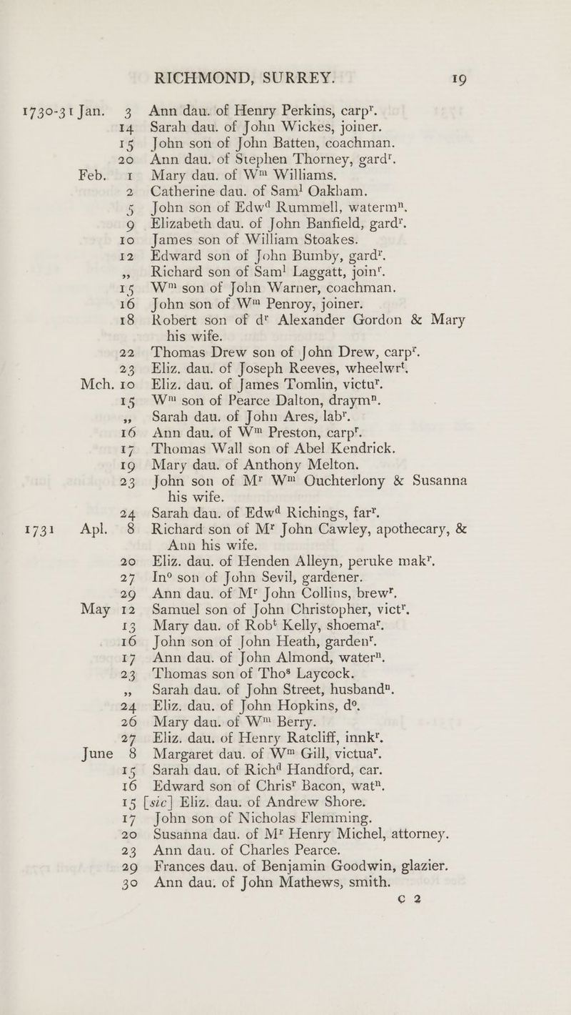 Apl. June RICHMOND, SURREY. 19 Ann dau. of Henry Perkins, carp’. Sarah dau. of John Wickes, joiner. John son of John Batten, coachman. Ann dau. of Stephen Thorney, gard’. Catherine dau. of Sam! Oakham. John son of Edw? Rummell, waterm®. Elizabeth dau. of John Banfield, gard’. James son of William Stoakes. Edward son of John Bumby, gard’. Richard son of Sam! Laggatt, join. W™ son of John Warner, coachman. John son of W™ Penroy, joiner. Robert son of dt Alexander Gordon & Mary his wife. Thomas Drew son of John Drew, carp’. Eliz. dau. of Joseph Reeves, wheelwrt. Eliz. dau. of James Tomlin, victu. W son of Pearce Dalton, draym?. Sarah dau. of John Ares, lab’. Ann dau. of W™ Preston, carp’. Thomas Wall son of Abel Kendrick. Mary dau. of Anthony Melton. John son of Mt W® Ouchterlony & Susanna his wife. Sarah dau. of Edw Richings, far’. Richard son of M*® John Cawley, apothecary, & Ann his wife. Eliz. dau. of Henden Alleyn, peruke mak’, In° son of John Sevil, gardener. Ann dau. of M* John Collins, brew’. Samuel son of John Christopher, vict. Mary dau. of Robt Kelly, shoema’. John son of John Heath, garden’. Ann dau. of John Almond, water. Thomas son of Tho* Laycock. Sarah dau. of John Street, husband. Eliz, dau. of John Hopkins, d°. Mary dau. of W™ Berry. Eliz. dau. of Henry Ratcliff, innk'. Margaret dau. of W™ Gill, victua. Sarah dau. of Rich Handford, car. Edward son of Chris’ Bacon, wat®. John son of Nicholas Flemming. Susanna dau. of Mt Henry Michel, attorney. Ann dau. of Charles Pearce. Frances dau. of Benjamin Goodwin, glazier. Ann dau. of John Mathews, smith. Cc 2
