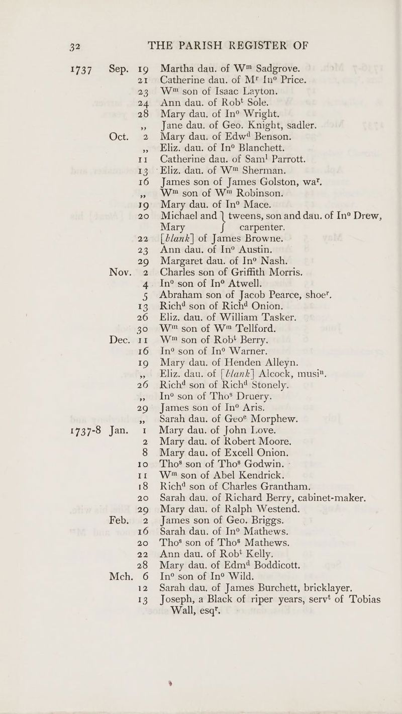 1737 «© Sep: Oct. Dec. 1737-8 Jan. Feb. Martha dau. of W™ Sadgrove. Catherine dau. of M* [n° Price. W™ son of Isaac Layton. Ann dau. of Robt Sole. Mary dau. of In? Wright. Jane dau. of Geo. Knight, sadler. Mary dau. of Edw Benson. Eliz. dau. of In® Blanchett. Catherine dau. of Sam! Parrott. James son of James Golston, wat. W™ son of W™ Robinson. Mary dau. of In® Mace. Michael and ) tweens, son and dau. of In°® Drew, Mary \ carpenter. [blank] of James Browne. Ann dau. of In® Austin. Margaret dau. of In? Nash. Charles son of Griffith Morris. Abraham son of Jacob Pearce, shoe. Rich? son of Rich? Onion. Eliz. dau. of William Tasker. W™ son of W™ Tellford. W™ son of Robt Berry. In° son of In° Warner. Mary dau. of Henden Alleyn. Eliz. dau. of [4/ank] Alcock, musi. Rich? son of Rich* Stonely. In° son of Tho* Druery. James son of In® Aris. Sarah dau. of Geo* Morphew. Mary dau. of John Love. Mary dau. of Robert Moore. Mary dau. of Excell Onion. Tho’ son of Tho’ Godwin. - W son of Abel Kendrick. Rich* son of Charles Grantham. Sarah dau, of Richard Berry, cabinet-maker. Mary dau. of Ralph Westend. James son of Geo. Briggs. Sarah dau. of In®° Mathews. Tho’ son of Tho® Mathews. Ann dau. of Rob! Kelly. Mary dau. of Edm? Boddicott. In° son of In® Wild. Sarah dau. of James Burchett, bricklayer. Joseph, a Black of riper years, serv’ of Tobias Wall, esq’.