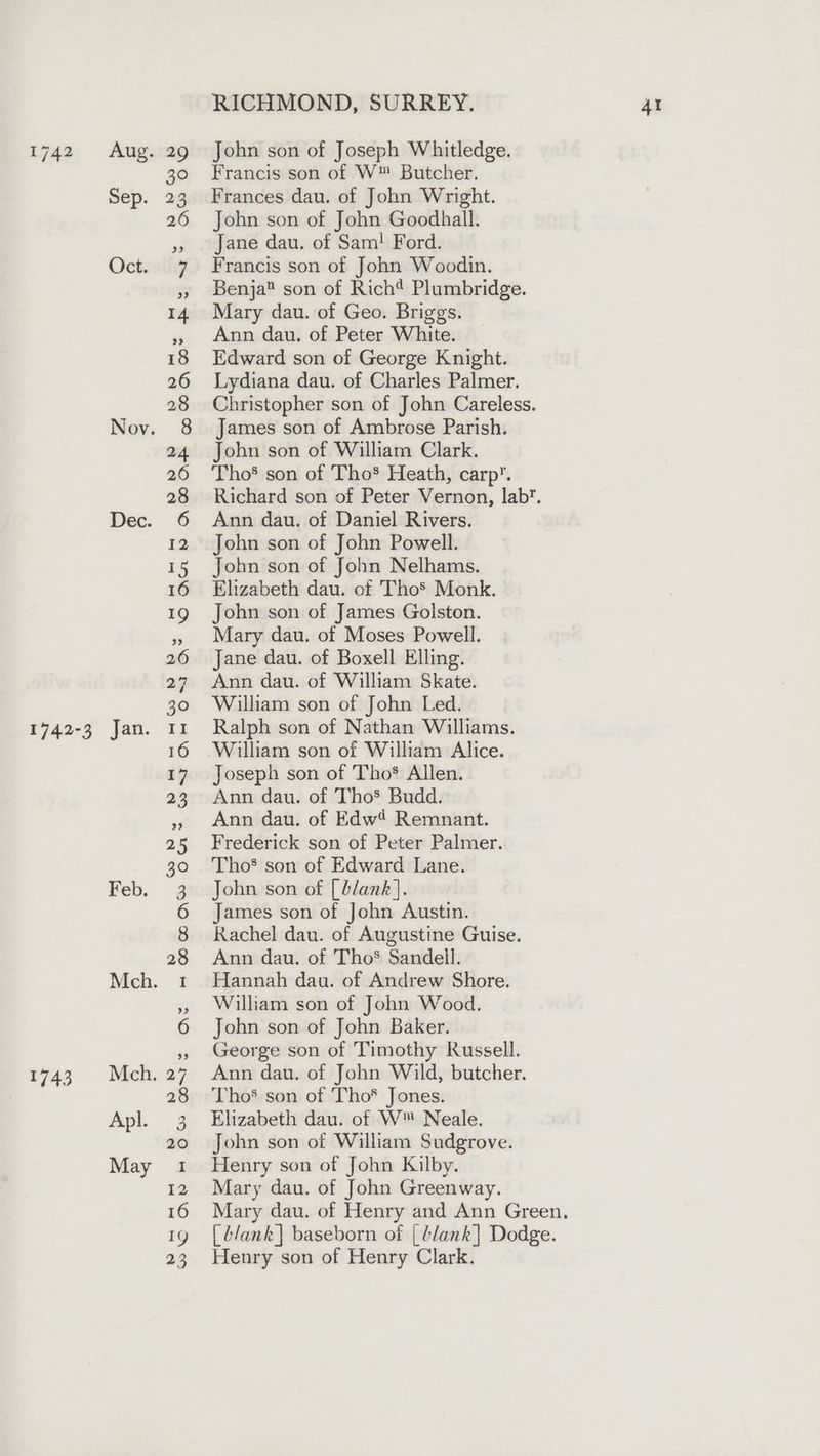 1742 Aug. 29 John son of Joseph Whitledge. 30 «=6Francis son of W™ Butcher. Sep. 23 Frances dau. of John Wright. 26 John son of John Goodhall. », jane dau. of Sam! Ford. Oct. 7 Francis son of John Woodin. » Benja™ son of Richt Plumbridge. 14 Mary dau. of Geo. Briggs. » Ann dau. of Peter White. 18 Edward son of George Knight. 26 lLydiana dau. of Charles Palmer. 28 Christopher son of John Careless. Nov. 8 James son of Ambrose Parish. 24 John son of William Clark. 26 ‘Tho* son of Tho Heath, carp. 28 Richard son of Peter Vernon, lab’. Dec. 6 Ann dau. of Daniel Rivers. 12 John son of John Powell. 15 John son of John Nelhams. 16 Elizabeth dau. of Tho’ Monk. 19 John son of James Golston. »» Mary dau. of Moses Powell. 26 Jane dau. of Boxell Elling. 27 Ann dau. of William Skate. 30 © Wilham son of John Led. 1742-3 Jan. 11 Ralph son of Nathan Williams. 16 William son of William Alice. 17 Joseph son of Tho® Allen. 23 Ann dau. of Tho’ Budd. ,» Ann dau. of Edw? Remnant. 25 Frederick son of Peter Palmer. 30 ='Tho’ son of Edward Lane. Feb. 3 John son of [blank]. 6 James son of John Austin. 8 Rachel dau. of Augustine Guise. 28 Ann dau. of Tho® Sandell. Mch. 1 Hannah dau. of Andrew Shore. », William son of John Wood. 6 John son of John Baker. », George son of Timothy Russell. 1743. Mch.27 Ann dau. of John Wild, butcher. 28 ‘Tho’ son of Tho* Jones. Apl. 3. Elizabeth dau. of W™ Neale. 20 John son of William Sudgrove. May 1 Henry son of John Kilby. 12 Mary dau. of John Greenway. 16 Mary dau. of Henry and Ann Green, 19 [blank] baseborn of | blank] Dodge. 23 Henry son of Henry Clark.