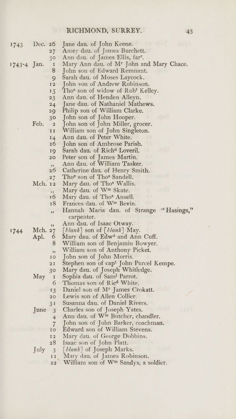 1743 Dec. 26 Jane dau. of John Keene. 27 Amey dau. of James Burchett. 30 ©6Ann dau. of James Ellis, far. 1743-4 Jan. 1 Mary Ann dau. of M* John and Mary Chace. 8 John son of Edward Remnant. g Sarah dau. of Moses Laycock. 12 John son of Andrew Robinson. 15 ‘Tho’ son of widow of Robt Kelley. 23 Ann dau. of Henden Alleyn. 24 Jane dau. of Nathaniel Mathews. 29 Philip son of William Clarke. 30 John son of John Hooper. Feb. 2 John son of John Miller, grocer. 11 William son of John Singleton. 14 Ann dau. of Peter White. 16 John son of Ambrose Parish. 19 Sarah dau. of Rich* Loveril. 20 Peter son of James Martin. » Ann dau. of William Tasker. 26 Catherine dau. of Henry Smith. 27 'Tho8 son of Tho’ Sandell. Mch. 12. Mary dau. of Tho® Wallis. 45 Mary dau. of W™ Skate. t6 Mary dau. of Tho*® Ansell. 18 Frances dau. of W™ Bevin. » Hannah Maria dau. of Strange ‘* Hasings,” carpenter. » Ann dau. of Isaac Otway. 1744 Mch. 27 [blank] son of [blank] May. Apl. 6 Mary dau. of Edw? and Ann Cuff. 8 William son of Benjamin Bowyer. » William son of Anthony Picket. ro John son of John Morris. 21 Stephen son of cap* John Purcel Kempe. 30 Mary dau. of Joseph Whitledge. May 1 Sophia dau. of Sam! Parrot. 6 Thomas son of Rict White. 13. Daniel son of M* James Crokatt. 20 Lewis son of Allen Collier. 34 Susanna dau. of Daniel Rivers. June 3 Charles son of Joseph Yates. 4 Ann dau. of W™ Butcher, chandler. 7 John son of John Barker, coachman. to. Edward son of William Stevens. 12 Mary dau. of George Dobbins. 28 Isaac son of John Platt. July 3 [blank] of Joseph Marks. 11 Mary dau. of James Robinson. 22 William son of W™ Sandys, a soldier.