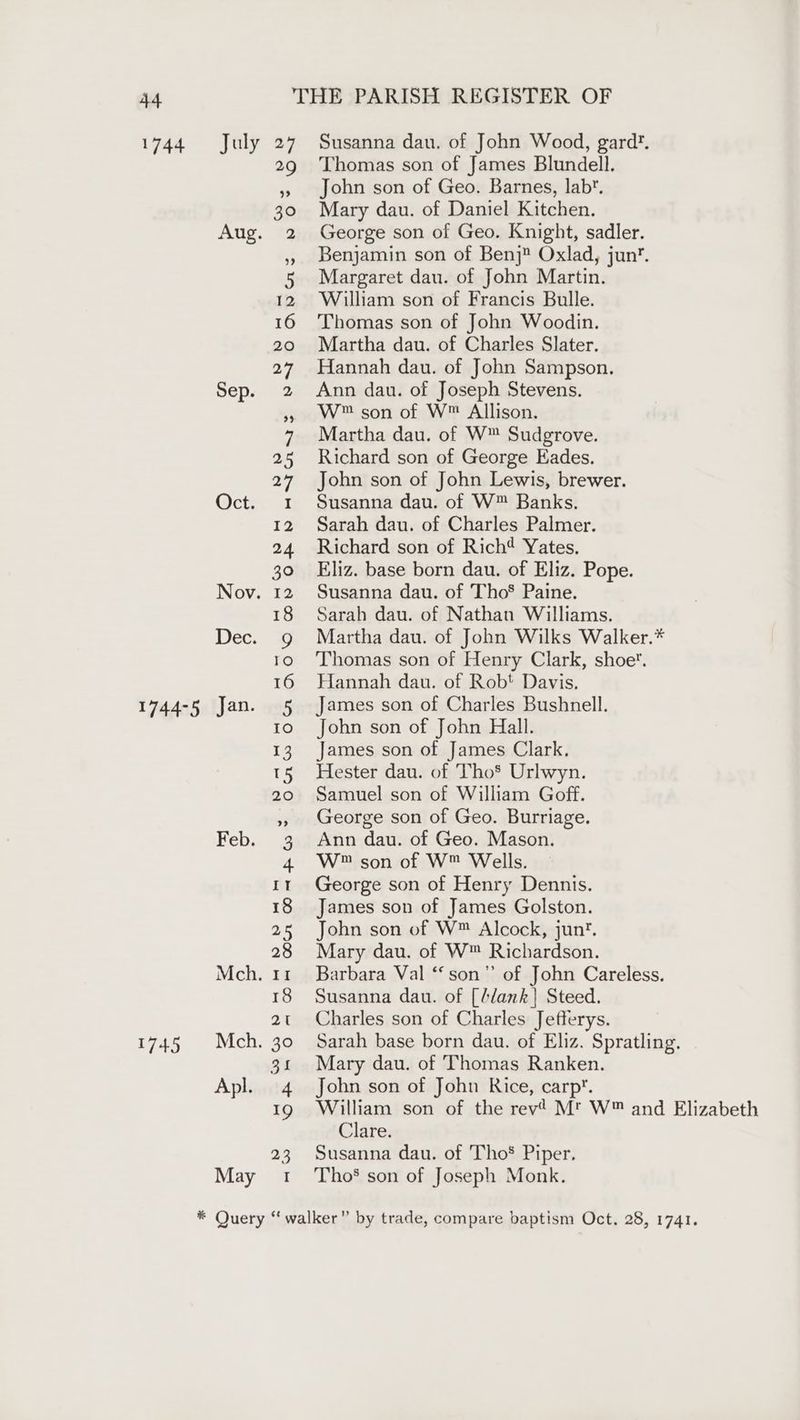 1744 July 27 ay Aug. 2 Sep. 2 Oct. 1 1745 Feb. 3 Mch. 11 Mch. 30 Apl. 4 May I Susanna dau. of John Wood, gard’. Thomas son of James Blundell. John son of Geo. Barnes, lab. Mary dau. of Daniel Kitchen. George son of Geo. Knight, sadler. Benjamin son of Benj Oxlad, jun’. Margaret dau. of John Martin. William son of Francis Bulle. Thomas son of John Woodin. Martha dau. of Charles Slater. Hannah dau. of John Sampson. Ann dau. of Joseph Stevens. W™ son of W™ Allison. Martha dau. of W™ Sudgrove. Richard son of George Eades. John son of John Lewis, brewer. Susanna dau. of W™ Banks. Sarah dau. of Charles Palmer. Richard son of Rich Yates. Eliz. base born dau. of Eliz. Pope. Susanna dau. of Tho’ Paine. Sarah dau. of Nathan Williams. Martha dau. of John Wilks Walker.* Thomas son of Henry Clark, shoe. Hannah dau. of Rob’ Davis. James son of Charles Bushnell. John son of John Hall. James son of James Clark. Hester dau. of Tho® Urlwyn. Samuel son of William Goff. George son of Geo. Burriage. Ann dau. of Geo. Mason. W™ son of W™ Wells. George son of Henry Dennis. James son of James Golston. John son of W™ Alcock, junt. Mary dau. of W™ Richardson. Barbara Val ‘‘son”’ of John Careless. Susanna dau. of [lank] Steed. Charles son of Charles Jefferys. Sarah base born dau. of Eliz. Spratling. Mary dau. of Thomas Ranken. John son of John Rice, carp. William son of the rev’ Mt W™ and Elizabeth Clare. Susanna dau. of Tho® Piper. Tho§ son of Joseph Monk.