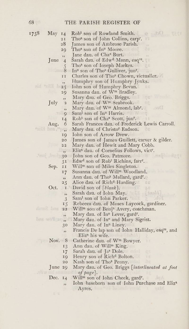 1758 May 14 21 28 29 June 4 July 2 Aug. 6 sep. dhl Oct. 3a Nov. 8 June 29 Robt son of Rowland Smith. Tho’ son of John Collins, carp. James son of Ambrose Parish. Tho® son of In° Moore. Jane dau. of Cha’ Burt. Sarah dau. of Edw Mann, esq’®. Tho’ son of Ioseph Markes. In° son of Tho’ Gulliver, jun’. Charles son of Tho’ Chown, victualler. Humphry son of Humphry Jynks. John son of Humphry Bevan. Susanna dau. of W™ Bradley. Mary dau. of Geo. Briggs. Mary dau. of W™ Seabrook. Mary dau. of W™ Almond, lab’. Sam! son of In® Harris. Rob! son of Cha® Scott, jun’. Sarah Frances dau. of Frederick Lewis Carroll. Mary dau. of Christo’ Eadson. John son of Arrow Drew. James son of James Guillett, carver &amp; gilder. Mary dau. of Hewit and Mary Cobb. Eliz® dau. of Cornelius Follows, vict. John son of Geo. Patmore. Edw‘? son of Robt Richins, farr’. Will™ son of Miles Singleton. Susanna dau. of Will™ Woodland. Ann dau. of Tho* Mallard, gard’. Alice dau. of Rich* Harding. David son of [blank]. Sarah dau. of Iohn May. Sam! son of Iohn Parker. Rebecca dau. of Moses Laycock, gardiner, Will™ son of Benj® Avery, coachman. Mary dau. of In® Lever, gard’. Mary dau. of In° and Mary Sigrist. Mary dau. of In® Liney. Francis De lap son of Iohn Halliday, esq’, and Eliz* his wife. ; Catherine dau. of W™ Bowyer. Ann dau. of Will™ King. Sarah dau. of Ja® Dole. Henry son of Rich* Bolton. Nash son of Tho’ Penny. Mary dau. of Geo. Briggs [interlineated at foot of page}. Will™ son of Iohn Cheek, gard’. Iohn baseborn son of John Purchase and Eliz® Ayres,