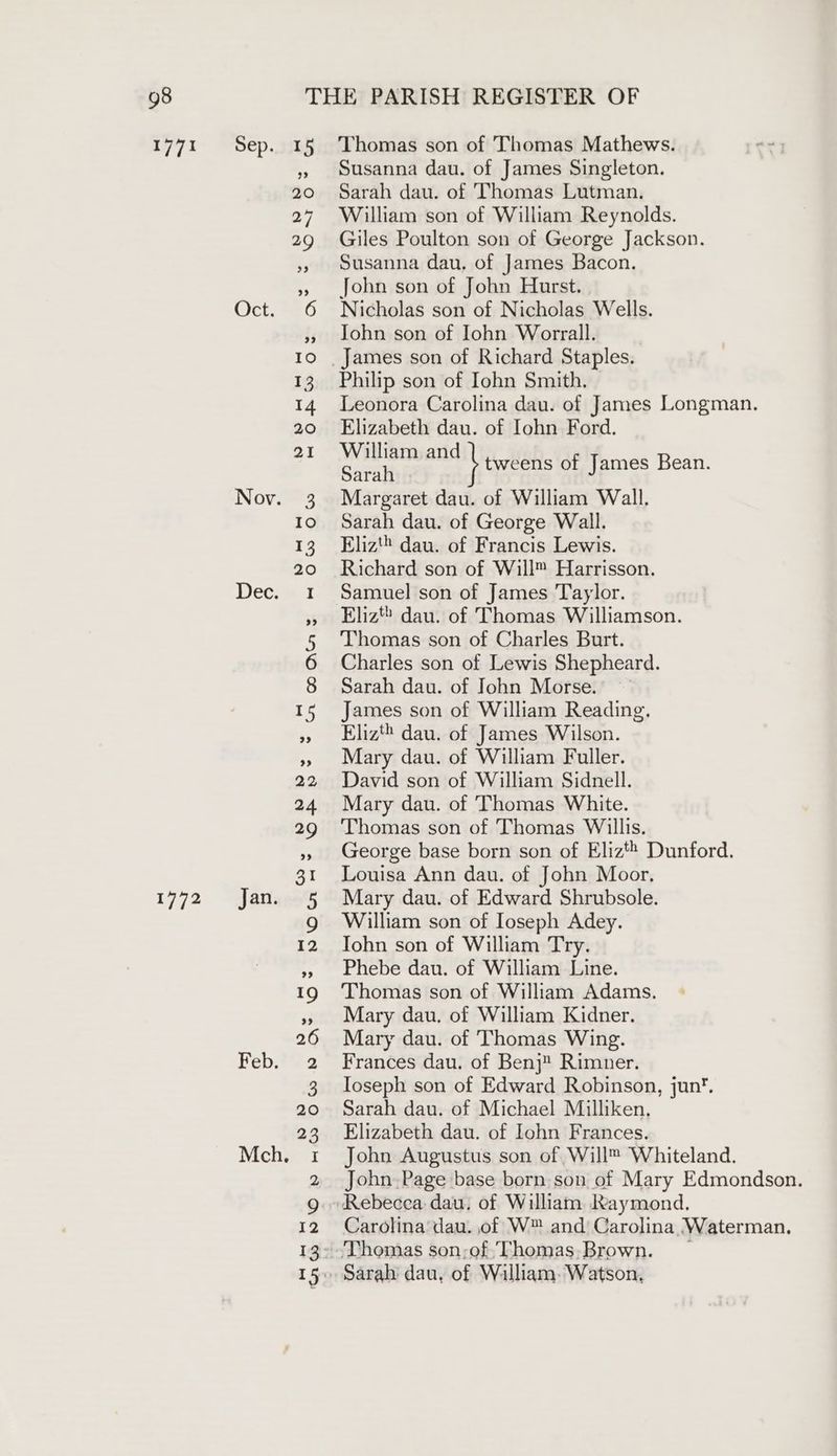 1771 1772 Sep. Oct. Jan. Feb. Thomas son of Thomas Mathews. Susanna dau. of James Singleton. Sarah dau. of ‘Thomas Lutman. William son of William Reynolds. Giles Poulton son of George Jackson. Susanna dau, of James Bacon. John son of John Hurst. Nicholas son of Nicholas Wells. John son of John Worrall. Philip son of Iohn Smith. Leonora Carolina dau. of James Longman. Elizabeth dau. of Iohn Ford. William and Caray } tweens of James Bean. Margaret dau. of William Wall, Sarah dau. of George Wall. Eliz dau. of Francis Lewis. Richard son of Will™ Harrisson. Samuel son of James Taylor. Eliz® dau. of Thomas Williamson. Thomas son of Charles Burt. Charles son of Lewis Shepheard. Sarah dau. of John Morse. James son of William Reading. Eliz dau. of James Wilson. Mary dau. of William Fuller. David son of William Sidnell. Mary dau. of Thomas White. Thomas son of Thomas Willis. George base born son of Eliz Dunford. Louisa Ann dau. of John Moor, Mary dau. of Edward Shrubsole. William son of Ioseph Adey. Iohn son of William Try. Phebe dau. of William Line. Thomas son of William Adams. Mary dau. of William Kidner. Mary dau. of Thomas Wing. Frances dau. of Benj Rimner. Ioseph son of Edward Robinson, jun. Sarah dau. of Michael Milliken. Elizabeth dau. of Iohn Frances. John Augustus son of Will™ Whiteland. John. Page base born. son of Mary Edmondson. Carolina’ dau. of W™ and Carolina Waterman.