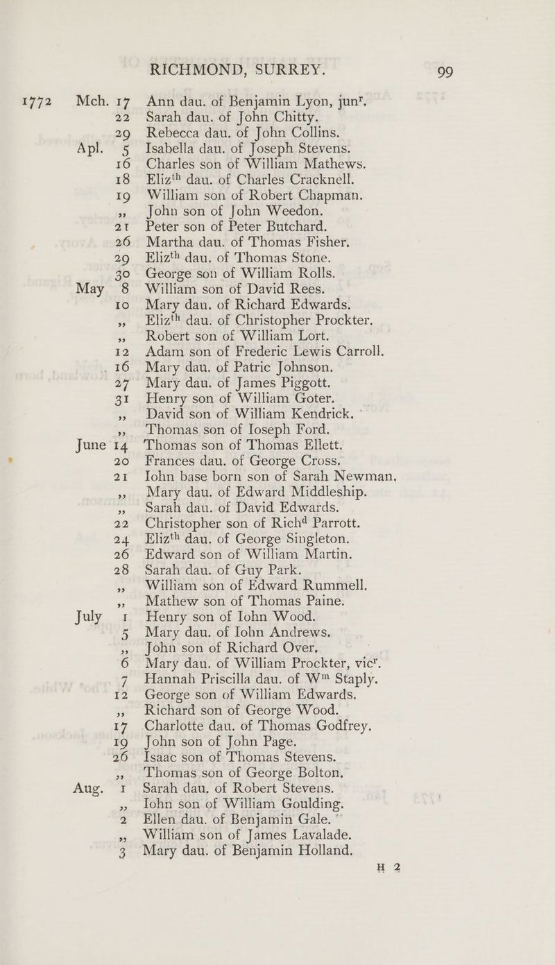 June July Aug, 16 19 29 Charles son of William Mathews, William son of Robert Chapman. Elizt® dau. of Christopher Prockter. Adam son of Frederic Lewis Carroll. Henry son of William Goter. David son of William Kendrick. ° Thomas son of Ioseph Ford. Thomas son of Thomas Ellett. Mary dau. of Edward Middleship. Sarah dau. of David Edwards. Christopher son of Rich¢ Parrott. Eliz dau. of George Singleton. Edward son of William Martin. Sarah dau. of Guy Park. William son of Edward Rummell. Mathew son of Thomas Paine. Henry son of Iohn Wood. Mary dau. of Iohn Andrews. John son of Richard Over, Mary dau. of William Prockter, vic. Hannah Priscilla dau. of W™ Staply. George son of William Edwards. Richard son of George Wood. Charlotte dau. of Thomas Godfrey, John son of John Page. Isaac son of Thomas Stevens. Thomas son of George Bolton, Sarah dau. of Robert Stevens. Iohn son of William Goulding. Ellen dau. of Benjamin Gale. William son of James Lavalade. Mary dau. of Benjamin Holland.