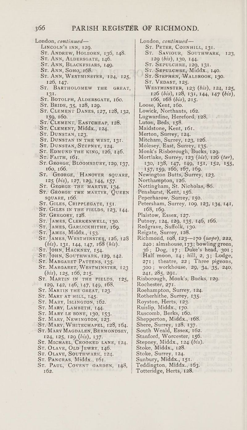 London, continued— LINCOLN’S INN, 120. ST. ANDREW, Hotgorn, 136, 148. St. ANN, ALDERSGATE, 146. St. ANN, BLACKFRIARS, 140. St. ANN, SOHO, 168. ft St. ANN, WESTMINSTER, 124, 125, 126, 147. ST. BARTHOLOMEW THE GREAT, 132; St. BoToLtpH, ALDERSGATE, 160. St. BRIDE, 35, 128, 120. ST. CLEMENT DANES, 127, 128, 132, 159, 160. Sr. CLEMENT, EASTCHEAP, 128. St, CLEMENT, Middx., 124. St. DUNSTAN, 123. St. DUNSTAN IN THE WEST, 131. St. DUNSTAN, STEPNEY, 124. ST. EDMUND THE KING, 126, 146. St. Fattu, 161. St. GEorGE, BLOoMsBuRY, 120, 137, 160, 166. ST. GEORGE, HANOVER SQUARE, 125 (d7s), 127, 129, 144, 157. St. GEORGE: THE MARTYR, 134. St. GEORGE THE MARTYR, QUEEN SQUARE, 166. St. GILES, CRIPPLEGATE, I51. ST. GILES IN THE FIELDS, 123, 144. St. GREGORY, 128. St. JAMES, CLERKENWELL, 130. St. JAMES, GARLICKHITHE, 169. St. James, Middx., 153. St. JAMES, WESTMINSTER, 126, 128 (d2s), 131, 144, 147, 168 (dis). St. Joun, Hackney, 154. St. Joun, SOUTHWARK, 129, 142. St. MARGARET PATTENS, 135. St. MARGARET, WESTMINSTER, 123 (Sis), 125, 166, 215. St. MARTIN IN THE FIELDS, 129, 142, 146, 147, 149, 168. St. MARTIN THE GREAT, 123. St. MARy AT HILL, 145. St. Mary, IstineTon, 162. St. Mary, LAMBETH, 144. St, MARY LE BONE, 130, 153. St. Mary, NEWINGTON, 123. St. Mary, WHITECHAPEL, 128, 164. St. MARY MAGDALEN, BERMONDSEY, 124, 125, 129 (dis), 137. St, MICHAEL, CROOKED LANE, 124. ST. OLAvE, OLD Jewry, 146. St. OLAVE, SOUTHWARK, 124. Sr. Pancras, Middx., 161. St. Paut, CoveENT GARDEN, 148, 162. rs, London, continued— St. PETER, CORNHILL, 131. St. SAviouR, SOUTHWARK, 129 (dis), 130, 144. St. SEPULCHRE, 129, 131. Sr. SEPULCHRE, Middx., 140. ST. STEPHEN, WALBROOK, 190. ST. VEDAST, 125. WESTMINSTER, 123 (dis), 124, 125, 126 (dis), 128, 131, 144, 147 (dis), 166, 168 (dis), 215. Loose, Kent, 160. Lowick, Northants, 162. Lugwardine, Hereford, 128. Luton, Beds, 158. Maidstone, Kent, 161. Merton, Surrey, 124. Mitcham, Surrey, 123, 126. Molesey, East, Surrey, 135. Monk’s Risborough, Bucks, 129. Mortlake, Surrey, 123 (dcs), 126 (ter), 130, 138, 147, 149, I51, 152, 155, 157, 159, 166, 167, 169. Newington Butts, Surrey, 123. Northampton, 126. Nottingham, St. Nicholas, 86. Penshurst, Kent, 156. Peperharow, Surrey, 150. Petersham, Surrey, 109, 123, 134, 141, 168, 169. Plaistow, Essex, 127. Putney, 124, 129, 135, 146, 166. Redgrave, Suffolk, 130. Reigate, Surrey, 128. Richmond, 108, 123—170 (sepe), 222, 240; almshouse, 173; bowling green, 36; Dog, 17; Duke’s head, gor; Half moon, 14; hill, 2, 3; Lodge, 271; theatre, 22; Three pigeons, 300 ; workhouse, 29, 34, 35, 240, 241, 285, 291. Risborough, Monk’s, Bucks, 129. Rochester, 271. Roehampton, Surrey, 124. Rotherhithe, Surrey, 135. Royston, Herts, 123. Ruislip, Middx., 170. Ruscomb, Berks, 160. Shepperton, Middx., 168. Shere, Surrey, 128, 137. South Weald, Essex, 162. Stanford, Worcester, 156. Stepney, Middx., 124 (07s). 123, Stoke, Surrey, 124. Sunbury, Middx., 151. Teddington, Middx., 163. Totteridge, Herts, 128.