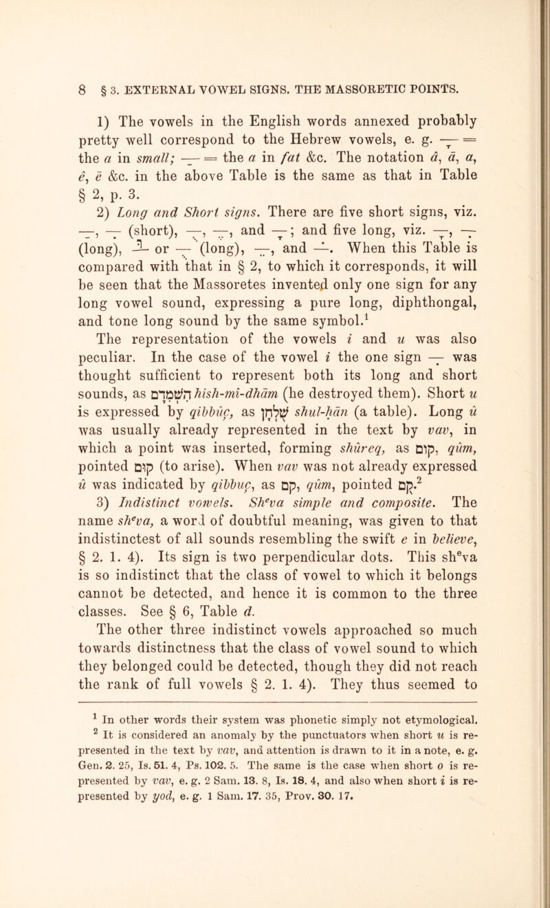 1) The vowels in the English words annexed probably pretty well correspond to the Hebrew vowels, e. g. — = the a in small; = the a in fat &c. The notation e &c. in the above Table is the same as that in Table § 2, p. 3. 2) Long and Short signs. There are five short signs, viz. —, — (short), —, —, and —; and five long, viz. —, (long), or — (long), —, and —. When this Table is compared with that in § 2, to which it corresponds, it will be seen that the Massoretes invented only one sign for any long vowel sound, expressing a pure long, diphthongal, and tone long sound by the same symbol.^ The representation of the vowels i and u was also peculiar. In the case of the vowel i the one sign — was thought sufficient to represent both its long and short sounds, as uy:;'^T\hish-mi-dhdm (he destroyed them). Short u is expressed by gihbuc, as shul-hdn (a table). Long u was usually already represented in the text by vav., in which a point was inserted, forming shureq, as Dip, gum, pointed Dip (to arise). When vav was not already expressed u was indicated by qihbuc^ as Dp, qum^ pointed Dp.^ 3) Indistinct vowels. Sh^va simple and composite. The name shiva, a word of doubtful meaning, was given to that indistinctest of all sounds resembling the swift e in believe., § 2. 1. 4). Its sign is two perpendicular dots. This sh®va is so indistinct that the class of vowel to which it belongs cannot be detected, and hence it is common to the three classes. See § 6, Table d. The other three indistinct vowels approached so much towards distinctness that the class of vowel sound to which they belonged could be detected, though they did not reach the rank of full vowels § 2. 1. 4). They thus seemed to ^ In other words their system was phonetic simply not etymological. ^ It is considered an anomaly by the punctuators when short u is re- presented in the text hy vav, and attention is drawn to it in a note, e. g. Gen. 2. 25, Is. 51. 4, Ps. 102. 5. The same is the case when short o is re- presented hy vav, e. g. 2 Sam. 13. 8, Is. 18. 4, and also when short i is re- presented hy yod, e. g. 1 Sam. 17. 35, Prov. 30. 17.
