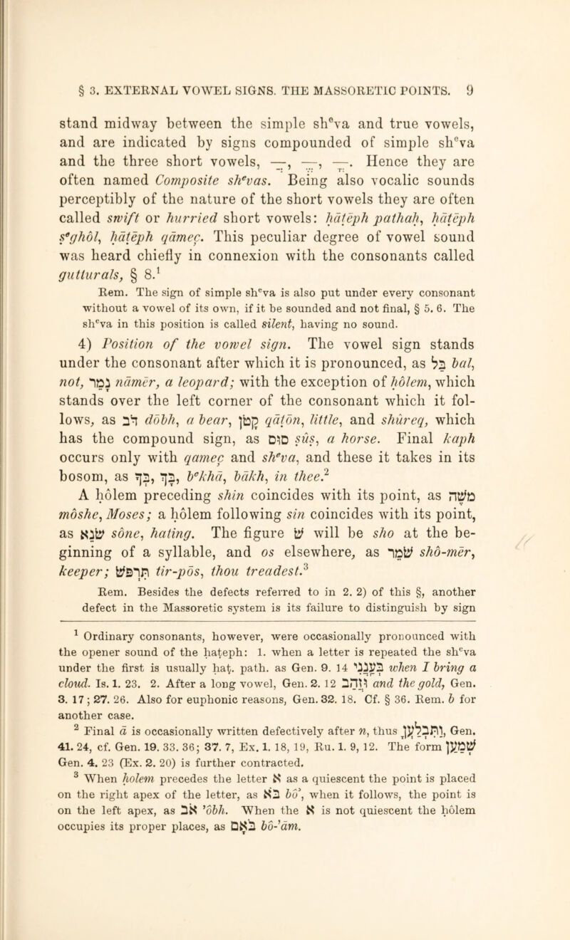 stand midway between the simple shVa and true vowels, and are indicated by signs compounded of simple sli®va and the three short vowels, —, —, —. Hence they are often named Composite sh^vas. Being also vocalic sounds perceptibly of the nature of the short vowels they are often called swift or hurried short vowels: hcifeph pathah^ hdteph fglibly hdteph qdmec. This peculiar degree of vowel sound was heard chiefly in connexion with the consonants called gutturals, § 8.^ Rem. The sign of simple shWa is also put under every consonant without a vowel of its own, if it he sounded and not final, § 5. 6. The sh^va in this position is called silent, having no sound. 4) Position of the vowel sign. The vowel sign stands under the consonant after which it is pronounced, as hal, not, iDi ndmer, a leopard; with the exception of holem^ which stands over the left corner of the consonant which it fol- io ws^, as doth, a hear,, ]b]^ qdtbn,, little, and shureq, which has the compound sign, as D>iD sus, a horse. Final kaph occurs only with qamec and sh^va, and these it takes in its bosom, as h^kha, hakh, in thee? A holem preceding shm coincides with its point, as mbshe, Moses; a holem following sin coincides with its point, as sbne, hating. The figure will be sho at the be- ginning of a syllable, and os elsewhere, as shb-mer, keeper; tir-pbs, thou treadest,^ Rem. Besides the defects referred to in 2. 2) of this §, another defect in the Massoretic system is its failure to distinguish by sign ^ Ordinary consonants, however, were occasionally pronounced with the opener sound of the hateph: 1. when a letter is repeated the sh^va under the first is usually hat., path, as Gen. 9. 14 when I bring a cloud. Is. 1. 23. 2. After a long vowel, Gen. 2. 12 and the gold, Gen. 3. 17 ; 27. 26. Also for euphonic reasons, Gen. 32. 18. Of. § 36. Rem. h for another case. ^ Final d is occasionally written defectively after n, thus Gen. 41. 24, cf. Gen. 19. 33. 36; 37. 7, Ex. 1. 18, 19, Ru. 1. 9, 12. The form Gen. 4. 23 (Ex. 2. 20) is farther contracted. ^ When holem precedes the letter N as a quiescent the point is placed on the right apex of the letter, as NS ho^, when it follows, the point is on the left apex, as ^dhh. When the is not quiescent the holem occupies its proper places, as ho-dm.