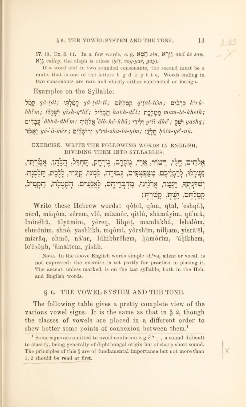 17. 13, Ez. 5. 11. In a few words, e. g. sin, a?td he saw, valley, tlie aleph is otiose {hH, vay-yar, gay). If a word end in two sounded consonants, the second must be a mute, that is one of the letters b g d k p t t <!• Words ending in two consonants are rare and chiefly either contracted or foreign. Examples on the Syllable: qd-Uil; qd-tdl-t%; qHnl-tem; k^ru- hlii'm; yish-qHii; licibh-dtl; mcim-le-kheth; 'dhhd-dhi'm; elo-ke-khd; ''Tb''. y^ll-dhe'; yasJiq; 1DS1 ye-d-mer; ifru-shd-ld-yim; Mld-ye'-nil. EXERCISE. WRITE THE FOLLOWING WORDS IN ENGLISH, DIVIDING THEM INTO SYLLABLES: ,irjbr! ,b'inri ,pri^;a .inpia pps ,ni7on pbn ,D'n'^N ,n‘?bri ,n5bb ,;iD7pp ,ni7i3y ,D'5::£273 ,DP'b:ob ,^bpifl3 Y» ./X * 2* X • *2, 2 *«***•• .b'cpn ,nbopn ,Q’ir:Nb jOn'ispia ,7i3''5bs ,na:?' .Trrpvj:' :ppiEp ,pna7 ,Dribup • • ^ •*** •• ‘ • Write these Hebrew words: qotel, qam, qtal, ’eshqat, nerd, maqom, zerem, vl6, mizmor, qitlu, shamayim, qii'mu, Iminehu, ulyamim, yereq, lilqot, mamlakha, Ishalom, shmonim, shne, yashlikh, mqomi, yorshim, nilham, yisra’el, mizraq, shmo, na'ar, Idhibhrehem, hamorim, ’ahikhem, le’esdph, 'amaltem, yishb. Note. In the above English words simple sh^va, silent or vocal, is not expressed: the exercise is set partly for practice in placing it. The accent, unless marked, is on the last syllable, both in the Heb. and English words. § 6. THE VOWEL SYSTEM AND THE TONE. The following table gives a pretty complete view of the various vowel signs. It is the same as that in § 2, though the classes of vowels are placed in a different order to shew better some points of connexion between them.^ ^ Some signs are omitted to avoid confusion e.g.e , a sound difficult to classify, being generally of diphthongal origin but of sharp short sound. The principles of this § are of fundamental importance hut not more than 1, 2 should be read at first.