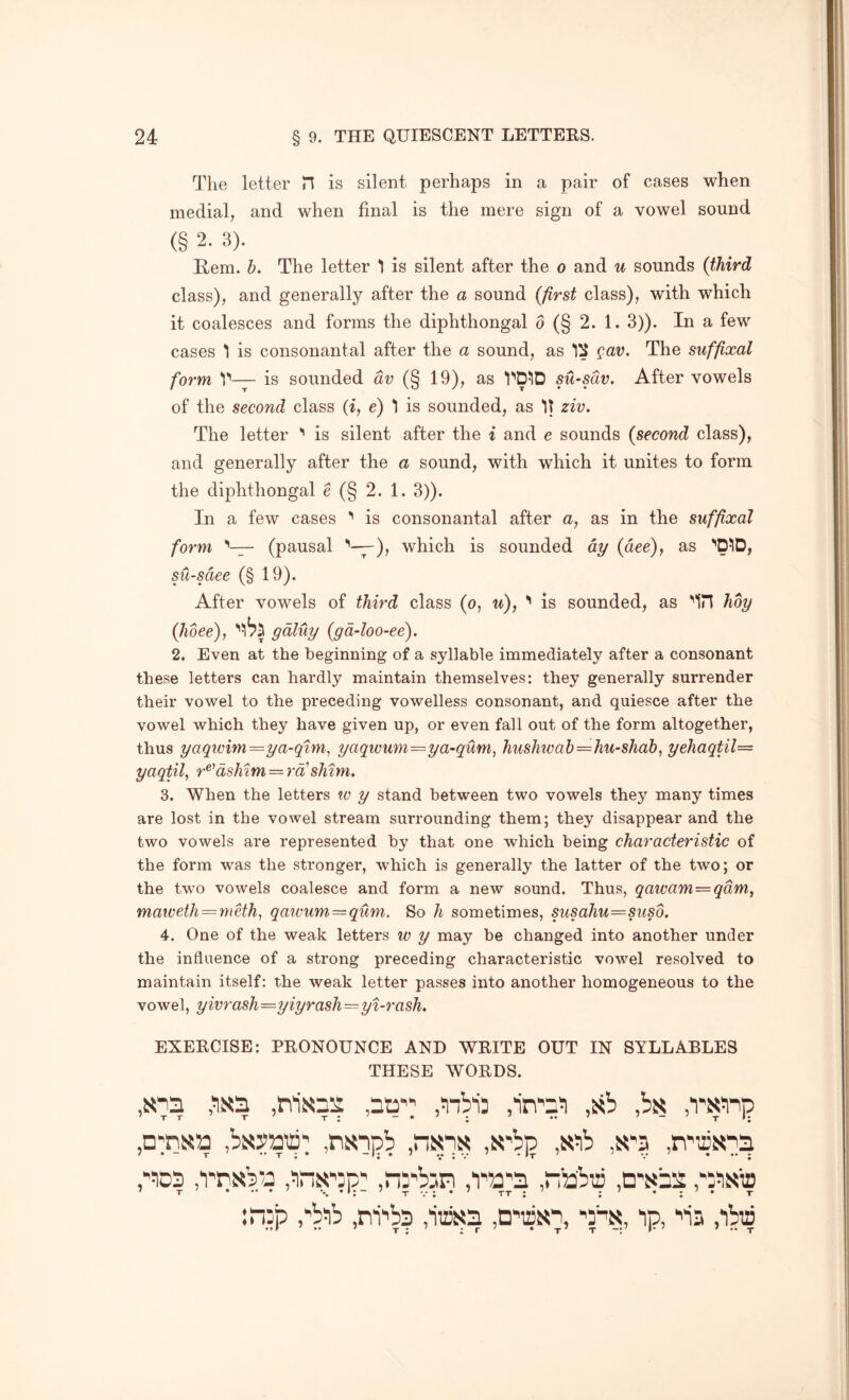 The letter H is silent perhaps in a pair of cases when medial, and when final is the mere sign of a vowel sound (§ 2. 3). Bern. b. The letter 1 is silent after the o and u sounds {third class), and generally after the a sound {first class), with which it coalesces and forms the diphthongal o (§ 2. 1. 3)). In a few cases *1 is consonantal after the a sound, as gav. The suffixal form 'I*'— is sounded dv (§ 19), as VWD su-sdv. After vowels of the second class (i, e) 1 is sounded, as It ziv. The letter is silent after the i and e sounds {second class), and generally after the a sound, with which it unites to form the diphthongal e (§ 2. 1. 3)). In a few cases is consonantal after a, as in the suffixal form (pausal which is sounded dy {dee), as su-sdee (§ 19). After vowels of third class (o, u), is sounded, as ‘'IH hoy (Jibee), *'^^5 gdluy {gd-loo-ee). 2. Even at the beginning of a syllable immediately after a consonant these letters can hardly maintain themselves: they generally surrender their vowel to the preceding vowelless consonant, and quiesce after the vowel which they have given up, or even fall out of the form altogether, thus yaqivim=ya-qim, yaqwum—ya-qum^ hushwah=hu-shdb, yehaqtil= yaqUl, r^'‘dshim=rd'shtm. 3. When the letters w y stand between two vowels they many times are lost in the vowel stream surrounding them; they disappear and the two vowels are represented by that one which being characteristic of the form was the stronger, which is generally the latter of the two; or the two vowels coalesce and form a new sound. Thus, qaivam=qdm, maiveth = mMh, qaivum = qum. So h sometimes, susahu=susd. 4. One of the weak letters w y may he changed into another under the influence of a strong preceding characteristic vowel resolved to maintain itself: the weak letter passes into another homogeneous to the vowel, yivrash=yiyrash=yi-rash. EXEECISE: PEONOUNCE AND WEITE OUT IN SYLLABLES THESE WOEDS. ,bs ,x>ib ,n'aN!a p'iDS .rrjiba ,“5‘'bjn ,r;bbiB .o'sba •• • T V J * TT J « * • * T :rop pb^ib .ni'ibp ,ii2isa ip, ■'ia ,ib;o