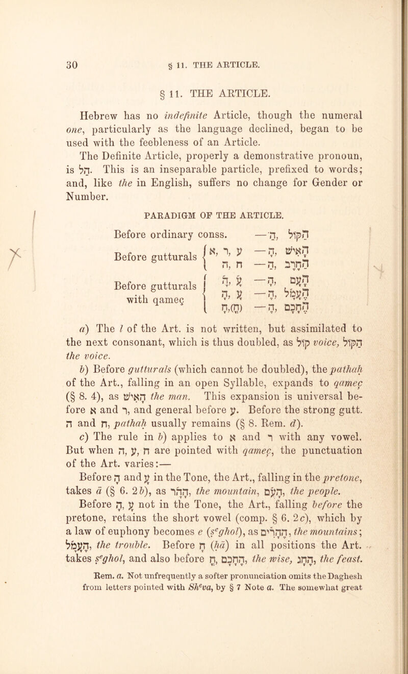 11. THE AETICLE. Hebrew bas no indefinite Article, though the numeral one^ particularly as the language declined, began to be used with the feebleness of an Article. The Definite Article, properly a demonstrative pronoun, is “rn. This is an inseparable particle, prefixed to words; and, like the in English, suffers no change for Gender or Number. PAEADIGM OF THE AETICLE. Before ordinary conss. Before gutturals <[ l f Before gutturals ! with qameg j n, n 0. ? 0X0) — n, T / • T — n, nnnn —n, —0. — n, DDnn •? 7 T T V a) The I of the Art. is not written, but assimilated to the next consonant, which is thus doubled, as ^1p voice, ^Ipn the voice. h) Before gutturals (which cannot be doubled), \h.Qpathah of the Art., falling in an open Syllable, expands to qamec (§ 8. 4), as the man. This expansion is universal be- fore ^ and n, and general before y. Before the strong gutt. n and n, pathah usually remains (§ 8. Rem. d). c) The rule in h) applies to ^ and i with any vowel. But when n, n are pointed with qamec., the punctuation of the Art. varies:— Before n and in the Tone, the Art., falling in the pretone., takes a (§ 6. 2Z?), as the mountain., DS)n, the people. Before n, j; not in the Tone, the Art., falling before the pretone, retains the short vowel (comp. § 6. 2<^), which by a law of euphony becomes e {fghol)., as D^pnn, the mountains \ the trouMe. Before n {l}^ in all positions the Art. takes fghol^ and also before n, DDHn, the wise, :inn, the feast. Eem. a. Not unfrequently a softer pronunciation omits theDaghesh from letters pointed with Sh^va, by § 7 Note a. The somewhat great