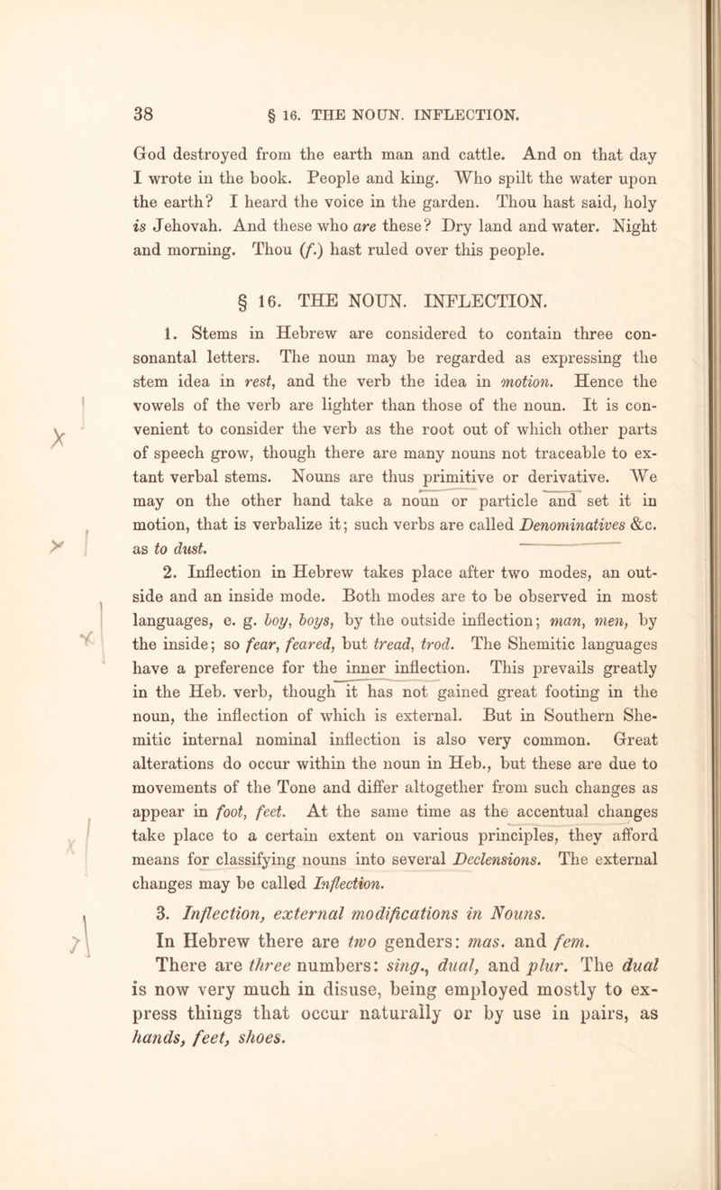 God destroyed from the earth man and cattle. And on that day I wrote in the hook. People and king. Who spilt the water upon the earth? I heard the voice in the garden. Thou hast said, holy is Jehovah. And these who are these? Dry land and water. Night and morning. Thou (/*.) hast ruled over this people. § 16. THE NOUN. INFLECTION. 1. Stems in Hebrew are considered to contain three con- sonantal letters. The noun may he regarded as expressing the stem idea in rest, and the verb the idea in motion. Hence the vowels of the verb are lighter than those of the noun. It is con- venient to consider the verb as the root out of which other parts of speech grow, though there are many nouns not traceable to ex- tant verbal stems. Nouns are thus primitive or derivative. We may on the other hand take a noun or particle and set it in motion, that is verbalize it; such verbs are called Denominatives &c. as to dust. “ 2. Inflection in Hebrew takes place after two modes, an out- side and an inside mode. Both modes are to he observed in most languages, e. g. hoy, boys, by the outside inflection; man, men, by the inside; so fear, feared, but tread, trod. The Shemitic languages have a preference for the inner inflection. This prevails greatly in the Heb. verb, though it has not gained great footing in the noun, the inflection of which is external. But in Southern She- mitic internal nominal inflection is also very common. Great alterations do occur within the noun in Heb., but these are due to movements of the Tone and difi’er altogether from such changes as appear in foot, feet. At the same time as the accentual changes take place to a certain extent on various principles, they afford means for classifying nouns into several Declensions. The external changes may he called Inflection. 3. Inflection, external modifications in Nouns. In Hebrew there are trvo genders: mas. and fern. There are numbers: sing., dual, and The dual is now very much in disuse, being employed mostly to ex- press things that occur naturally or by use in pairs, as hands, feet, shoes.