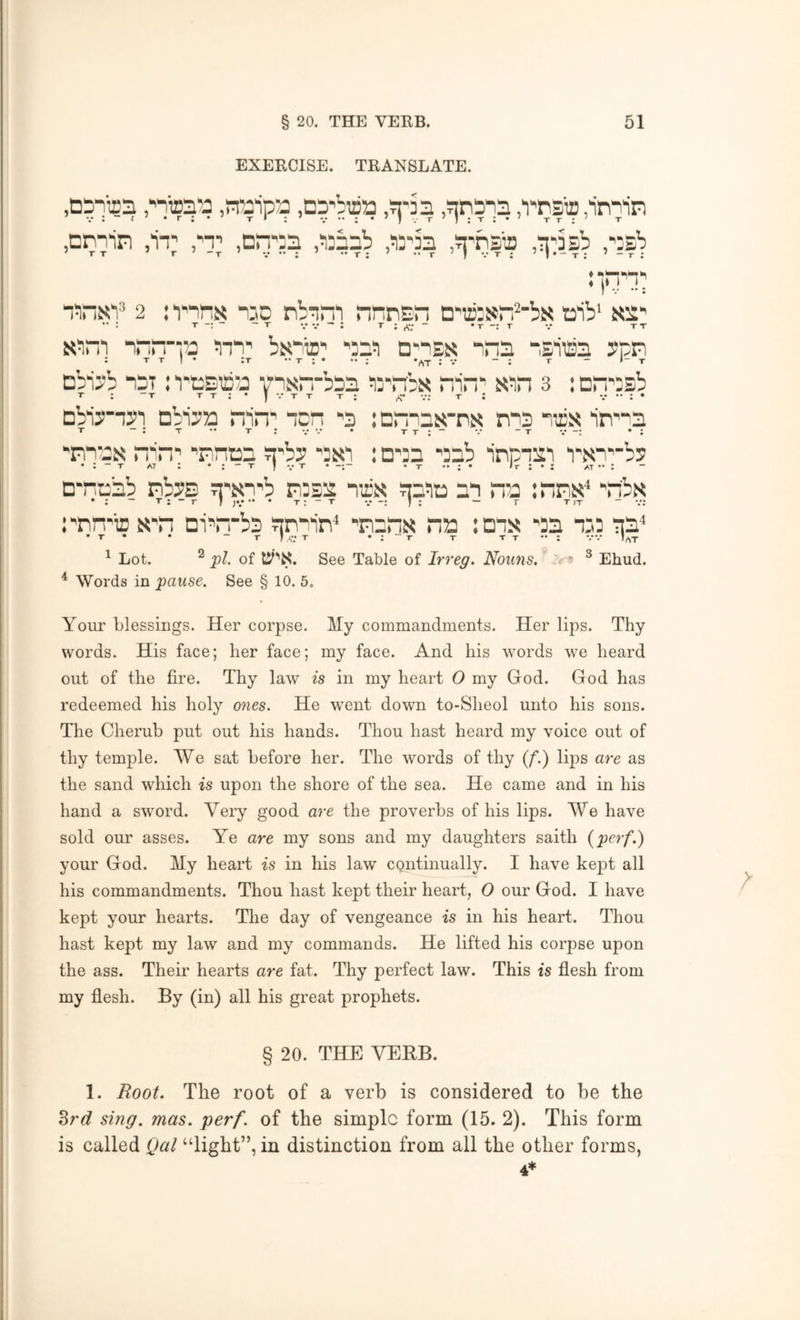 EXEKCISE. TRANSLATE. ,D5ni2:n ,W9ipri ,Dp-'bTca ,?;ri5ia ,rr!3is .innin .cnnin ,“11; pn; ,Dn’;:3 ,rjfi'2b ,*iD'3:n 2 : i3D nb'nri'i nrinen n''ir:sn^b>5 taib^ xs’' •• : T -; - - T V V ~ : T ; - ‘T -: T V TT nnn'iTj bx'ic' ■n“3i “sim spn : T T I • ;t •• t : • •• : ’at : - : t - I- t Dbipb npT; rt:5t5j ^rnbs nin' 3 : Dr!':£b T ; -T T T : • J V T T T ; A“ v.' T ; V •• : • Dbis’iiJi Dbipia nin^ pen ■'3 inrnzxTi? nps niEX in''3 T - : T •• T ; V '•• • T T ; ~ V - T V -; • : nn-N “‘H’ 'nnt23 a^b? : n'03 'Deb inpiSD rsp'^bs D'neeb nbys a'sn'b riDsir Piiix aeia nn riDs :nps< 'rtbs • : - T ; - r f )•• •' ’ T: - T V -: J : — r t it - v: rnn'ic s'pi oi'rrbs anain^ 'PienN na lonx 'DS ajD ae'' • T • • - T Ia; T • : ~ T T T T •• : vv ?at ^ Lot. ^ pi. of See Table of Irreg. Nouns. -V’ ^ Ehud. ^ Words in pause. See § 10. 5. Your blessings. Her corpse. My commandments. Her lips. Thy words. His face; her face; my face. And his words we heard out of the fire. Thy law is in my heart O my God. God has redeemed his holy ones. He went down to-Sheol unto his sons. The Cherub put out his hands. Thou hast heard my voice out of thy temple. We sat before her. The words of thy (/’.) lijDS are as the sand which is upon the shore of the sea. He came and in his hand a sword. Very good are the proverbs of his lips. We have sold our asses. Ye are my sons and my daughters saith {perf.) your God. My heart is in his law continually. I have kept all his commandments. Thou hast kept their heart, 0 our God. I have kept your hearts. The day of vengeance is in his heart. Thou hast kept my law and my commands. He lifted his corpse upon the ass. Their hearts are fat. Thy perfect law. This is flesh from my flesh. By (in) all his great prophets. § 20. THE VEEB. 1. Root. The root of a verb is considered to be the ^rd sing. mas. perf. of the simple form (15. 2). This form is called Qal “light”, in distinction from all the other forms,