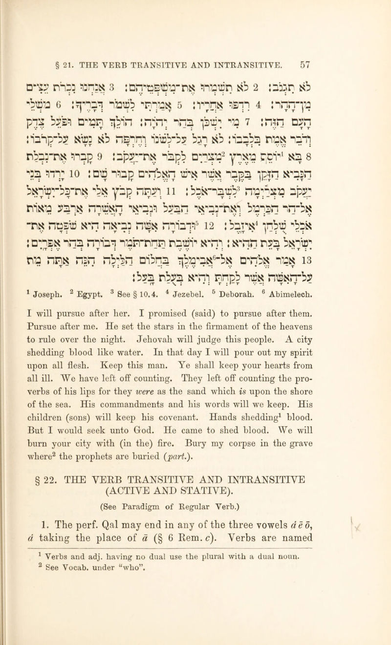 rh'zz ;iD:x 3 : Dn'csti'j nx Ti^zrDT} sb 2 labjn sb 'biii’o G la'nn'i naiiib 5 ^sii 4 nnrria ... I V r ; ; • • : - T r-: - : • t t | • p:: by's^i D‘an 'nbin irr'n' nna -an;^ 'a 7 in-in oyn liahp'by kitd sb nenni airb-bs bjn »b n'aaba nax nna nbarns 'nap 9 lapypN ^apb D'natf pci’' sa 8 '3a 'in' 10 :Difl nap D'pfbMn niis lapa ip-tn s'asn .. ; ;t t It • v: T • V -: viv ~ IIt - ‘t - bsiiB'’ba'nj{ 'bx yap “P3n 11 : baK’nauib® n^a'baa apy' nisa ?aix muisn 'iS'a3'i b^an 's'a:Ti]s^3 b^anan ■in-bs • i»i • ••••• • -nx ntsiir n'H n5<‘a3 niBis miai'i'* 12 ibai'x^ inbir 'bas T : • T • : T • T : vit • I  : : : D'nsx ana naiaa nap-nnn nairi' : s'nn naa bn^ia' •it ; V “ : T : V - — v v • : •  •• t •• t : • P53 nPK nsn nb'bn oibna Tib53'as®bN Q'nbx ars 13 .. T - ... ^ . _ _ . ... - ^ :bsa nbsa x'nb nnpb aax nasn'b? - IT - \ : • : T ; I- T V -: t • t ^ Joseph. ^ Egypt. ^ See § 10.4. ^ Jezebel. ^ Deborah. ® Abimelech. I will pursue after her. I promised (said) to pursue after them. Pursue after me. He set the stars in the firmament of the heavens to rule over the night. Jehovah will judge this people. A city shedding blood like water. In that day I will pour out my spirit upon all flesh. Keep this man. Ye shall keep your hearts from all ill. We have left off counting. They left off counting the pro- verbs of his lips for they ivere as the sand which is upon the shore of the sea. His commandments and his words will we keep. His children (sons) will keep his covenant. Hands shedding^ blood. But I would seek unto God. He came to shed blood. We will burn your city with (in the) fire. Bury my corpse in the grave where^ the prophets are buried (part.). § 22. THE VEEB TEANSITIYE AND INTEANSITIYE (ACTIYE AND STATIYE). (See Paradigm of Regular Verb.) 1. The perf. Qal may end in any of the three vowels deo., d taking the place of « (§ 6 Rem. c). Yerbs are named ^ Verbs and adj. having no dual use the plural with a dual noun. ^ See Vocab. under “who”.