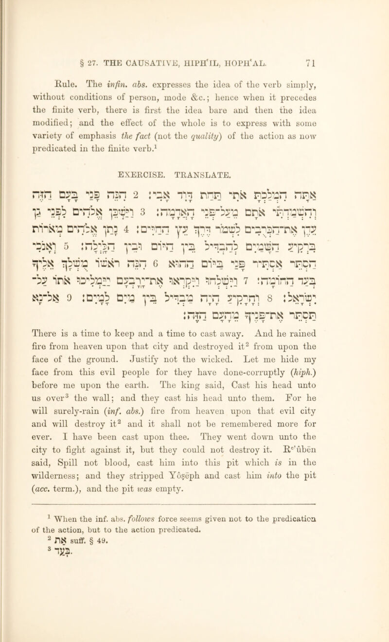 Kule. The infin. abs. expresses the idea of the verb simply, without conditions of person, mode &c.; hence when it precedes the finite verb, there is first the idea bare and then the idea modified; and the effect of the whole is to express with some variety of emphasis the fact (not the quality) of the action as now predicated in the finite verb.^ EXEKCISE. TEANSLATE. 'js “in 2 fax 111 nnn v“ TT ”T ... .-r ©x • t;“:* t •|j 'Dsb n'“'b5< ■,3Tc>‘i 3 ':£‘b>3 cns ViT^iini ni-s'ij D'nbs r; 4 y? ^7'!! ^J^cb n*::i3rrn^ ‘jbsi 5 :nb'’bn ni^n rs b’'i£“b oriisri Tj'bx 7;byK nsn c n^i““ ':s n'ncx nrcn -TJ inN 7ip-'b73S‘' Q5£*i'*nis JinbiD^i 7 tn^cinn Krbx 9 :D3b Dp b^^inTj n'n s'p“ni s :b^^^^D' T ~ ‘TT • )•* TT-pTT! T;* :“T“ njTO Ji'iE'm “ircpi V - T T •• 1 •• r V •• : - There is a time to keep and a time to cast away. And he rained fire from heaven upon that city and destroyed it^ from upon the face of the ground. Justify not the wicked. Let me hide my face from this evil people for they have done-corruptly (hiph.) before me upon the earth. The king said, Cast his head unto us over^ the wall; and they cast his head unto them. For he will surely-rain (inf. abs.) fire from heaven upon that evil city and will destroy it^ and it shall not be remembered more for ever. I have been cast upon thee. They went down unto the city to fight against it, but they could not destroy it. H^’uben said. Spill not blood, cast him into this pit which is in the wilderness; and they stripped Yo^eph and cast him into the pit (acc. term.), and the pit teas empty. ^ When the inf. abs. follows force seems given not to the predication of the action, but to the action predicated. ^ ns suff. § 49.