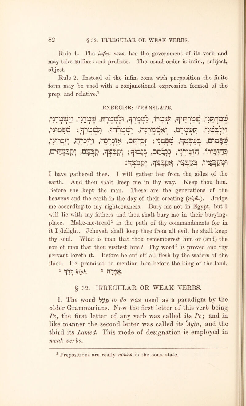 Rule 1. The infin. cons, has the government of its verb and may take suffixes and prefixes. The usual order is infin., subject; object. Rule 2. Instead of the infin. cons, with preposition the finite form may be used with a conjunctional expression formed of the prep, and relative.^ EXERCISE: TRANSLATE. ,m32i2jb;i ,TinaT23b .DnjDirn ,':i2:ab>''i ,m3T!’'i jnsnsTK ,QrnsT ;'5t23T2: jStjsuia i % JJ* 'TVJJ* * TVJiV ^ TS“* * ••••Y * V{ ,rsr:npr^i I have gathered thee. I will gather her from the sides of the earth. And thou shalt keep me in thy way. Keep thou him. Before she kept the man. These are the generations of the heavens and the earth in the day of their creating (niph.). Judge me according-to my righteousness. Bury me not in Egypt, but I will lie with my fathers and thou shalt bury me in their burying- place. Make-me-tread^ in the path of thy commandments for in it I delight. Jehovah shall keep thee from all evil, he shall keep thy soul. What is man that thou rememberest him or (and) the son of man that thou visitest him? Thy word^ is proved and thy servant loveth it. Before he cut off all flesh by the waters of the flood. He promised to mention him before the king of the land. 1 hiph. 2 § 32. IRREGULAR OR WEAK VERBS. 1. The word to do was used as a paradigm by the older Grammarians. Now the first letter of this verb being Pe, the first letter of any verb was called its Pe; and in like manner the second letter was called its liyin, and the third its Lamed. This mode of designation is employed in weak verbs. ^ Prepositions are really nouns in the cons, state.