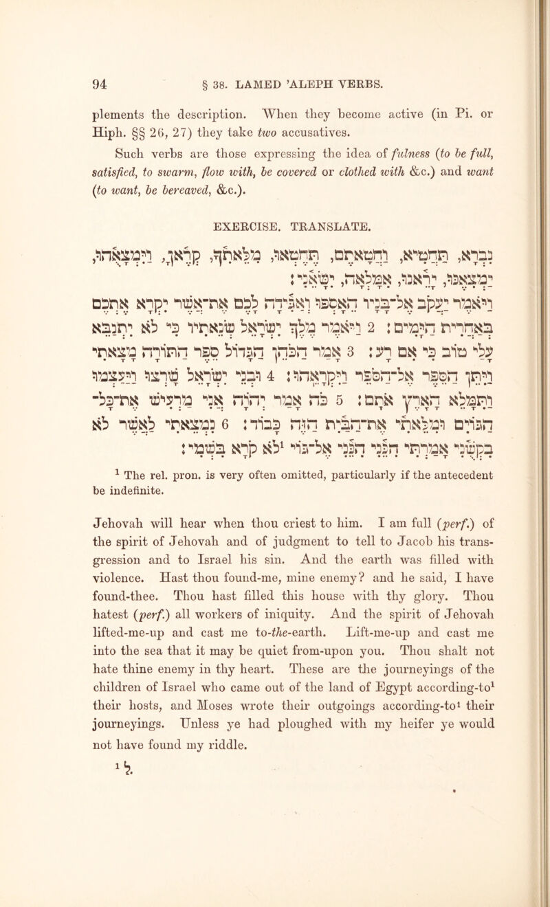 plements the description. When they become active (in Pi. or Hiph. §§ 26, 27) they take two accusatives. Such verbs are those expressing the idea of fulness (to be full, satisfied, to swarm, flow with, he covered or clothed with &c.) and want (to want, be bereaved, &c.). EXERCISE. TRANSLATE. iDrxtjm ,s’'tsnri rixis'’ ,n«b53N DSinx osb ^iscsn rite’’ NasJT’ Nb '’3 wseB iib/3 2 : • «*•!••• I •• ■'nss'a nTinn iso binan pan “i/Os? 3 : dx •'3 nia “by bN3P 4 ; ^nisinp’i n£b“-b« nsen ■b3‘nM T2)‘'3353 '’5S HP' las HS 6 :Dni5 i<b53m sb mB^5b ‘’rs2t35 6 :Ti33 n-in n^iriTis pNb/33 n^ian • • X ♦♦ • «— « • • I ♦ • : ■’affls N3b sb^ ^iTba aln aln •'nnax aicpa ^ The rel. pron. is very often omitted, particularly if the antecedent be indefinite. Jehovah will hear when thou criest to him. I am full (perf.) of the spirit of Jehovah and of judgment to tell to Jacob his trans- gression and to Israel his sin. And the earth was filled with violence. Hast thou found-me, mine enemy? and he said, I have found-thee. Thou hast filled this house with thy glory. Thou hatest (perf.) all workers of iniquity. And the spirit of Jehovah lifted-me-up and cast me to-f/ie-earth. Lift-me-up and cast me into the sea that it may be quiet from-upon you. Tliou shalt not hate thine enemy in thy heart. These are tlie journeyings of the children of Israel who came out of the land of Egypt according-to^ their hosts, and Moses wrote their outgoings according-toi their journeyings. Unless ye had ploughed with my heifer ye would not have found my riddle.