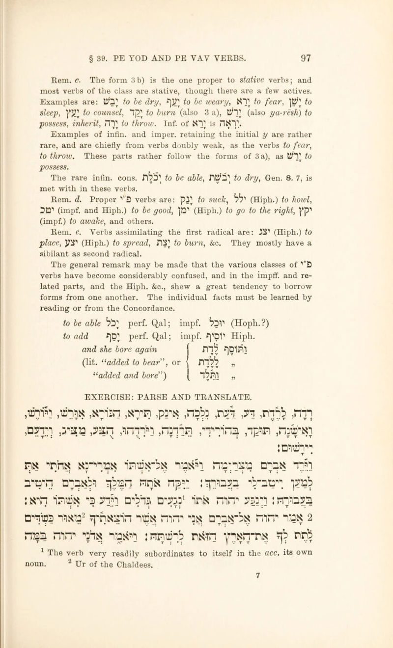 Rem. c. The form 3 b) is the one proper to stative verbs; and most verbs of the class are stative, though there are a few actives. Examples are: to he dry, to he iveary, ST to fear,, to sleep, to counsel, to hum (also 3 a), (also ya-resh) to possess, inherit, to throw. Inf. of S'f’ is nsT. IT f f -r T j * Examples of infin. and imper. retaining the initial y are rather rare, and are chiefly from verbs doubly weak, as the verbs to fear, to throiu. These parts rather follow the forms of 3 a), as to possess. The rare infin. cons. nb'5] to he able, to dry, Gen. 8. 7, is met with in these verbs. Rem. d. Proper verbs are: pT to suck., (Hiph.) to hoivl, r'D’’ (impf. and Hiph.) to he good, ]?2'' (Hiph.) to go to the right, pp'' (impf.) to aivake, and others. Rem. e. Verbs assimilating the first radical are: (Hiph.) to place, (Hiph.) to spread, to huryi, &c. They mostly have a sibilant as second radical. The general remark may be made that the various classes of ''S verbs have become considerably confused, and in the impff. and re- lated parts, and the Hiph. &c., shew a great tendency to borrow forms from one another. The individual facts must be learned by reading or from the Concordance. to he able perf. Qal; impf. ^5^’’ (Hoph.?) to add perf. Qal; impf. ^’’pV Hiph. and she bore again | (lit. added to hear'\ or | » added and 5ore”) I ,, EXERCISE: PARSE AND TRANSLATE. .:215s! ,p?’s .npb: ,nni ,D5i'T ,n;w'si T • ms 'rriN Tas'i . - • T • : • : • v v “ t : “ : • t : ” D“pxb!i TjbTzr: nns ni?55 .'Tji^^s:: 'b'lt?. ^yab : «n imrx 'S dTs D'3>j3‘ ink “in' nsin : tniasa • • • • • I . D''^ic3 ?5'nk:iin iiiik “in' 'is: D^zk'bx nin' nak 2 ni23 nin' 'bns n:jk'i inmii^b nk-rn vnsn'ns ?ib nnb T - T A- - T : •; - I V T T V I ; • t ^ The verb very readily subordinates to itself in the acc. its own noun. Ur of the Chaldees. 7
