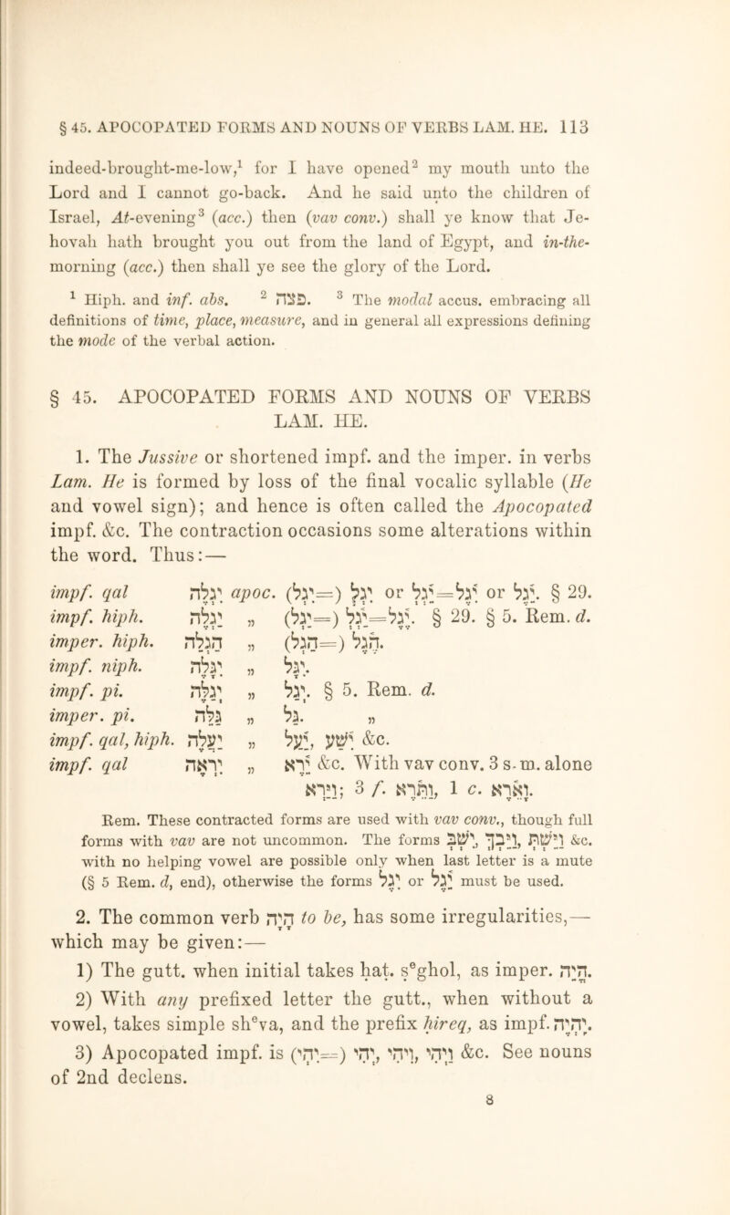 indeed-brought-nie-low/ for I have opened^ my mouth unto the Lord and I cannot go-back. And he said unto the children of Israel, M^-evening^ (acc.) then (vav conv.) shall ye know that Je- hovah hath brought you out from the land of Egypt, and in-the- morning (acc.) then shall ye see the glory of the Lord. ^ nipli. and inf. ahs, ^ ^ The modal accus. embracing all definitions of time^ place, measu7'c, and in general all expressions defining the mode of the verbal action. § 45. APOCOPATED FORMS AND NOUNS OF VERBS LAM. HE. 1. The Jussive or shortened impf. and the imper. in verbs Lam. He is formed by loss of the final vocalic syllable (He and vowel sign); and hence is often called the Apocopated impf. &c. The contraction occasions some alterations within the word. Thus: — impf. qal rhy V : * apoc. (^r.= =) O' or by. § 29. impf hiph. » =) § 29. § 5 . Rem. d. imper. hiph. 05 =) b^fj. impf niph. T • 55 by. T • impf. pi. V ■“ t 55 by. “ t § 5. Rem. d. imper. pi. 55 by 55 impf. qal, hiph. rhv V  55 bvl, &c. impf. qal V t • 55 fee. With vav conv. 3 s -m. alone 3 f. 1 c. Rem. These contracted forms are used with vav conv., though full forms with vav are not uncommon. The forms &c. with no helping vowel are possible only when last letter is a mute (§ 5 Rem. d, end), otherwise the forms or must be used. 2. The common verb n;n to he, has some irregularities,— which may be given: — 1) The gutt. when initial takes hat. s®ghol, as imper. ,Tn. 2) With any prefixed letter the gutt., when without a vowel, takes simple sh®va, and the prefix liireq, as impf. nb'lh 3) Apocopated impf. is 0^1=-) &c. See nouns of 2nd declens. 8