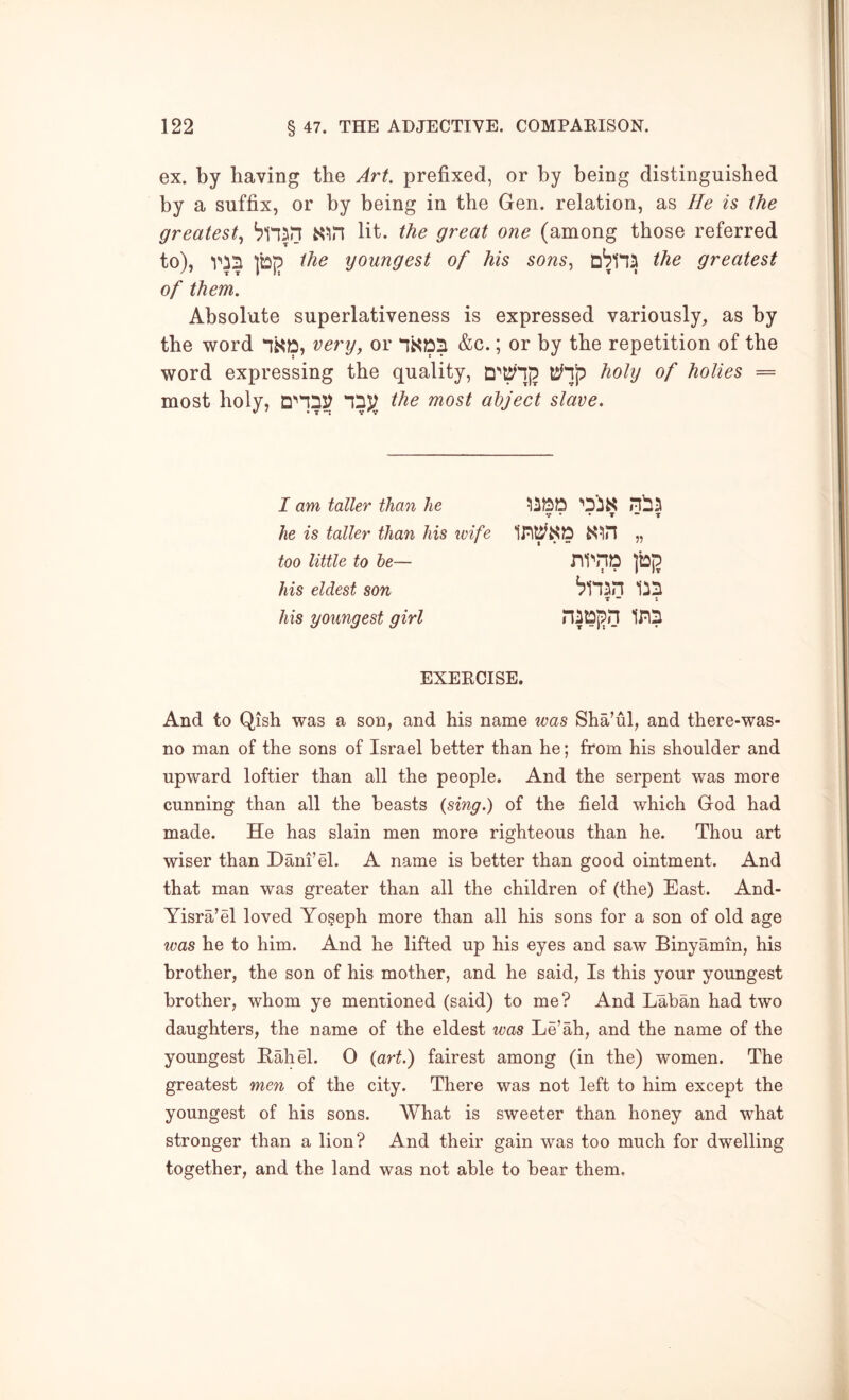 ex. by having the Art prefixed, or by being distinguished by a suffix, or by being in the Gen. relation, as He is the greatest^ lit. the great one (among those referred to), VJ5 ]bjp the youngest of his sons^ greatest of them. Absolute superlativeness is expressed variously, as by the word very, or &c.; or by the repetition of the word expressing the quality, tie'll? holy of holies = most holy, the most ahject slave. I am taller than he he is taller than his \uife too little to he— his eldest son his youngest girl ... . T - T ib;5 'pnsn ii!i T • ; n-ibpn inn T - 11 - EXEECISE. And to Qish was a son, and his name was Sha’ul, and there-was- no man of the sons of Israel better than he; from his shoulder and upward loftier than all the people. And the serpent was more cunning than all the beasts {sing.) of the field which God had made. He has slain men more righteous than he. Thou art wiser than Dani’el. A name is better than good ointment. And that man was greater than all the children of (the) East. And- Yisra’el loved Yo§eph more than all his sons for a son of old age was he to him. And he lifted up his eyes and saw Binyamin, his brother, the son of his mother, and he said. Is this your youngest brother, whom ye mentioned (said) to me? And Laban had two daughters, the name of the eldest was Le’ah, and the name of the youngest Hah el. 0 {art.) fairest among (in the) women. The greatest men of the city. There was not left to him except the youngest of his sons. What is sweeter than honey and what stronger than a lion? And their gain was too much for dwelling together, and the land was not able to bear them.