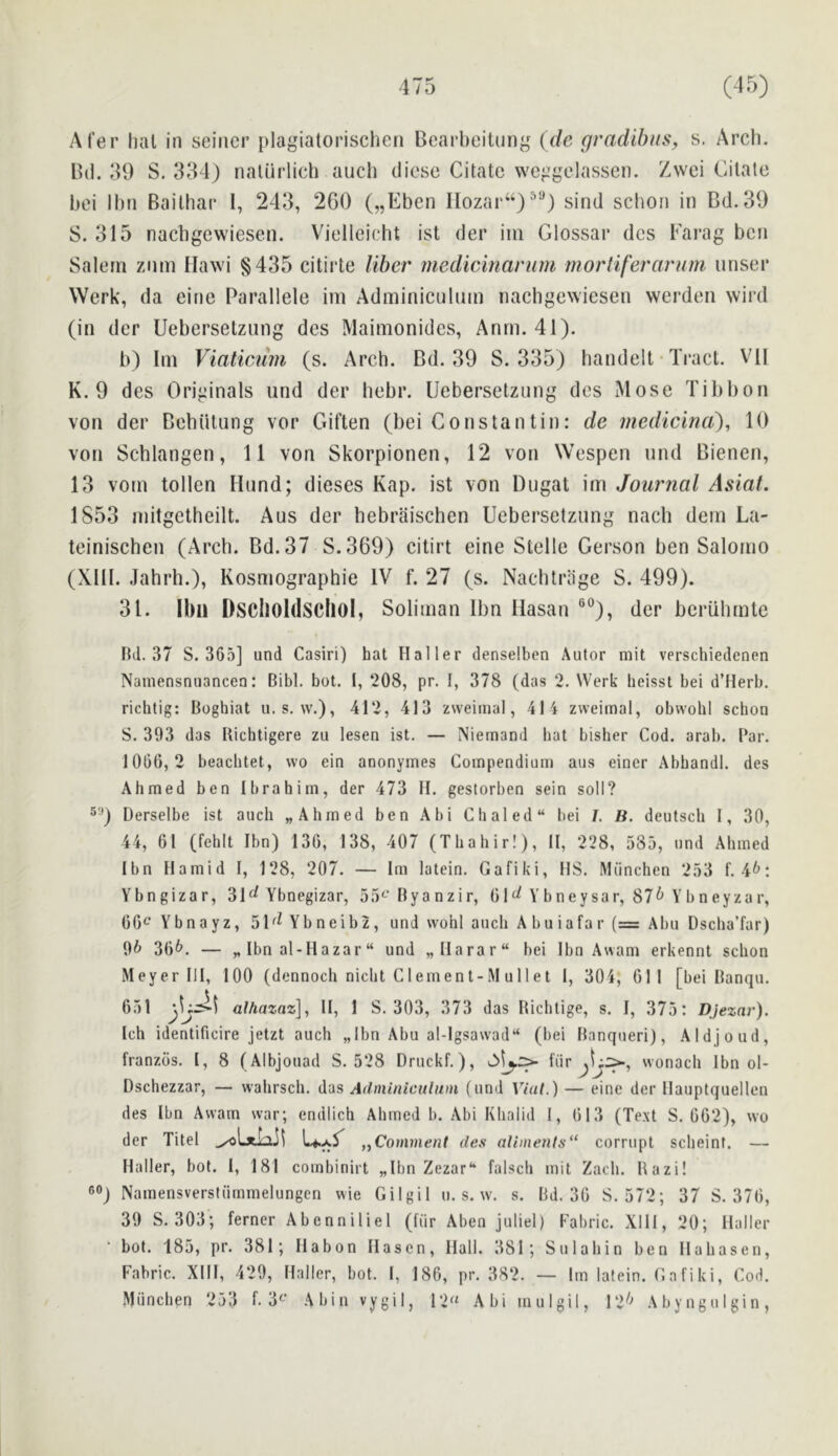 Al’er hal in seiner plagiatorischen Bearbeitung (de qradihus, s. Arch. Bd. 59 S. 334) naliirlich auch diese Citato weggelasscn. Zwei Citato bei 11)11 Bailhar 1, 243, 260 („Eben IIozar“)^‘’) sind schon in Bd.39 S. 315 nachgewiesen. Vielleieht ist der iin Glossar dcs Farag ben Salem znm Hawi §435 citirte liber medicinarum morliferarum unser Werk, da cine Parallele ini Adminicnhim nachgewiesen werden wird (in der Ueberselzung dcs Maimonides, Anm. 41). b) Ini Viaticum (s. Arch. Bd.39 S. 335) handelt• Tract. VII K. 9 des Originals und der hebr. Ueberselzung dcs iMose Tibbon von der Behiitung vor Giften (bei Constantin: de medicina'), 10 von Schlangen, 11 von Skorpionen, 12 von Wesperi und Bienen, 13 voni tollen Ilund; dieses Kap. ist von Dugat im Journal Asiat. 1853 initgetheilt. Aus der hebraischen Ueberselzung nach dem La- teinischen (Arch. Bd.37 S.369) citirt eine Stelle Gerson ben Saloino (Xlll. Jahrh.), Kosniographie IV f. 27 (s. Nacbtrage S. 499). 31. ibii Dsclioldscliol, Soliuian Ibn Hasan ®“), der bcriilimte Bd.37 S. 365] und Casiri) hat Haller denselben Autor mit verschiedenen Naniensnuanceo: Bibl. bot. I, 208, pr. I, 378 (das 2. VVerk heisst bei d’Herb. richtig: Boghiat u. s, w.), 412, 413 zweimal, 414 zweimal, obwohl schon S. 393 das Richtigere zu lesen ist. — Niemand hat bisher Cod. arab. Par. 1066,2 beachtet, wo ein anonyines Compendium aus einer Abhandl. des Ahmed ben Ibrahim, der 473 H. gestorben sein soli? Derselbe ist auch „Ahrned ben A hi dialed bei I, B. deutsch I, 30, 44, 61 (fehlt Ibn) 136, 138, 407 (Thahir!), II, 228, 585, und Ahmed Ibn Hamid I, 128, 207. — Im latein. Gafiki, HS. Miinchen 253 f. 4^: Ybngizar, 3W Ybnegizar, 55<-‘Bya nzir, 61^^ Y bneysar, 87^Ybneyzar, 66^^' Ybnayz, 5U^Ybneibz, und wohl auch A buiafar (= Abu Dscha’far) 9^ — „ Ibn al-Hazar “ und „Harar“ bei Ibn Awam erkennt schon Meyer HI, 100 (dennoch nicht Clement-Mullet 1, 304; 611 [bei Banqu. 651 alhazaz], H, 1 S. 303, 373 das Bichtige, s. I, 375: Djezar). Ich identificire jetzt auch „lbn Abu al-lgsawad“ (bei Banqtieri), Aldjoud, franzos. I, 8 (Albjouad S. 528 Druckf.), furjlj>, wonach Ibn ol- Dschezzar, — wahrsch. das Adminictilnm (und Vial.) — eine der Hauptquellen des Ibn Awam war; endlich Ahmed b. Abi Khalid 1, 613 (Te.\t S. 602), wo der Titel ^LxLoJ] U-xS „Comment des alhnents“ corrupt scheint. — Haller, bot. 1, 181 combinirt „lbn Zezar falsch mit Zach. Bazi! ®®) Namensverstiimmelungen wie Gilgil u. s. w. s. Bd. 36 S. 572; 37 S. 376, 39 S. 303; ferner Abenniliel (fiir Aben juliel) Fabric. Xlll, 20; Haller bot. 185, pr. 381; Habon Hasen, Hall. 381; Sulahin ben Hahasen, Fabric. XHI, 429, Haller, bot. I, 186, pr. 382. — Im latein. Gafiki, Cod. Miinchen 253 f. 3‘-‘ Abin vygil, 12“ Abi mulgil, 12'^ Abyngulgin,