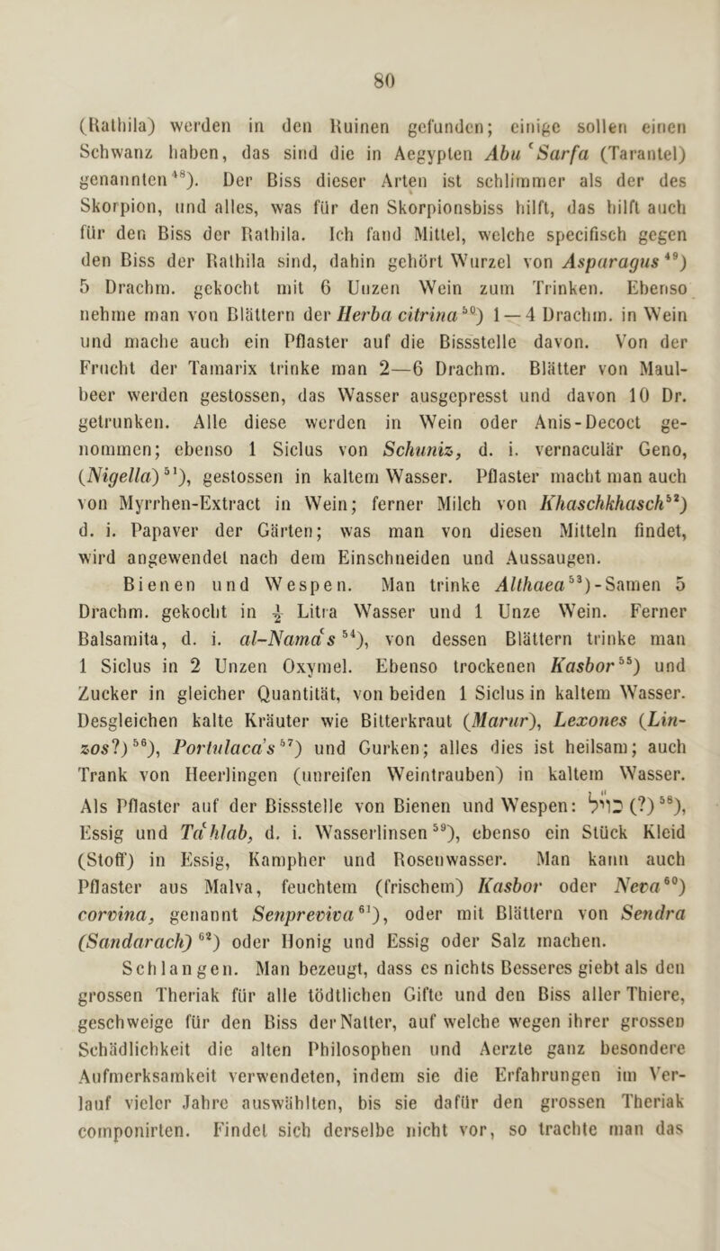 (Uatliila) werden in den Uuinen gcfundcn; ciiiige sollen einen Schwanz liaben, das sind die in Aegyplen Abu ^Sarfa (Tarantel) genannten‘‘®). Der Biss dieser Arten ist schlirnmer als der des Skorpion, and alles, was fiir den Skorpionsbiss hilft, das bilfl auch fiir den Biss der Rathila. Ich land Mitlel, welche specifisch gegen den Biss der Balhila sind, dahin gehdrt Wurzel von Asparagus 5 Drachm, gekocht mil 6 Unzen Wein zuni Trinken. Ebenso nehme man von Blaltern dev Herba citrina^^) 1 — 4 Drachm, in Wein und maebe auch ein Pflaster auf die Bissstelle davon. Von der Frucht der Tamarix trinke man 2—6 Drachm. Blatter von Maul- beer werden gestossen, das Wasser ausgepresst und davon 10 Dr. getrunken. Alle diese werden in Wein Oder Anis-Decoct ge- nommen; ebenso 1 Siclus von Schuniz, d. i. vernacular Geno, {Nigella)^^)^ gestossen in kaltem Wasser. Pflaster macht man auch von Myrrhen-Extract in Wein; ferner Milch von Khaschkhasch^^) d. i. Papaver der Garten; was man von diesen Mitteln findet, wird angewendet nach dem Einschneiden und Aussaugen. Bienen und Wespen. Man trinke Althaea^^)-Samen 5 Drachm, gekocht in j, Litra Wasser und 1 Unze Wein. Ferner Balsamita, d. i. al-Namds^^), von dessen Blattern trinke man 1 Siclus in 2 Unzen Oxymel. Ebenso trockenen Kasbor^^) und Zucker in gleicher Quantitat, von beiden 1 Siclus in kaltem Wasser. Desgleichen kalte Krauter wie Bilterkraut (Marwr), Lexones {Lin- Portulaca’s^^) und Gurken; alles dies ist heilsam; auch Trank von Heerlingen (unreifen Weintrauben) in kaltem Wasser. Als Pflaster auf der Bissstelle von Bienen und Wespen: Essig und TdhJab, d. i. Wasserlinsen ebenso ein Stuck Kleid (Stoff) in Essig, Kampher und Rosen wasser. Man kann auch Pflaster aus Malva, feuchtem (frischem) Kasbor Oder Neva^°) corvina, genannt Senpreviva^^), Oder mit Blattern von Sendra CSandarach) Oder Honig und Essig Oder Salz machen. Sell Ian gen. Man bezeugt, dass es nichts Besseres giebt als den grossen Theriak fiir alle Ibdtlichen Gifte und den Biss aller Thiere, geschweige fiir den Biss der Natter, auf welche wegen ihrer grossen Schadlichkeit die alten Philosophen und Aerzte ganz besondere Aufmerksamkeit verwendeten, indem sie die Erfahrungen im Ver- lauf vielcr Jahre auswahlten, bis sie dafdr den grossen Theriak cornponirten. Findet sich derselbe nicht vor, so trachte man das