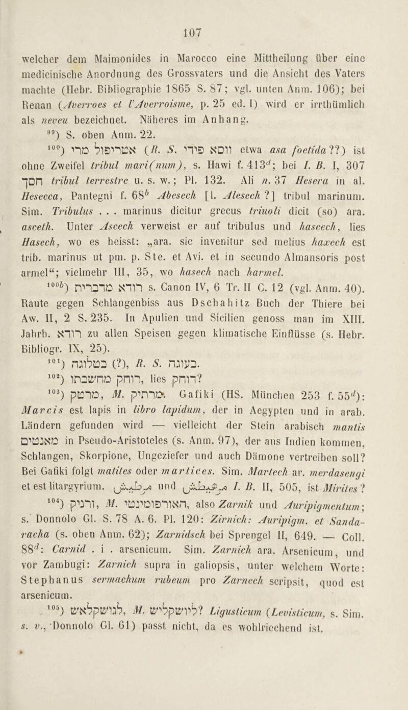 welchcr dein Maimonides in Maroeco eine Miltheilung iiber cine medicinisclie Anordnung dcs Grossvaters und die Ansicht des Vaters niaclite (Ilebr. Bibliograpiiie 1865 S. 87; vgl. unten Anm. 106); bei Renan (^Jverroes et VJverroisme, p. 25 ed. 1) wird er irrlliiimlich als neveii bezeichnel. Niilieres irn An hang. S. oben Anm. 22. ‘“j no (/6 s. xon elwa asa foetidaV.) isl ohne Zweifel tribiil mari(num), s. Ilawi f. 413‘^; bei /. B. I, 307 IDH tribul terrestrc u. s. w.; PI. 132. Ali 37 Hesera in al. Uesecca, Pantegni f. 68^ Abcsech [1. Jlesech'l] tribul marinuni. Sim. Tribulus . . . marinus dicitur grecus triuoli dicit (so) ara. asceth. Unter Jscech verweist er aiif tribulus und hascech, lies Hasech, wo es heisst: „ara. sic invenitur sed melius haxech est trib. marinus ut pm. p. Ste. et Avi. et in secundo Almansoris post armel“; vielrnehr III, 35, wo hasech nach harmcl. ,006) vS“in s. Canon IV, 6 Tr. 11 G. 12 (vgl. Anm. 40). Raute gegen Schlangenbiss aus Dschahitz Buch der Thiere bei Aw. 11, 2 S. 235. In Apulien und Sicilien genoss man im XIII. Jahrh. Nin zu alien Speisen gegen klimatische Einflusse (s. Hebr. Bibliogr. IX, 25). ‘°') (?), /?. s. “’) pnn, lies pnn? ’“') M. Gafiki (IIS. Munclien 253 f. 55^0: Marcis est lapis in libro lapidiun, der in Aegyptcn und in arab. Landern gefunden wird — vielleicht der Stein arabisch mantis □’’‘LOOS'D in Pseudo-Aristoteles (s. Anm. 97), der aus Indien kommen, Schlangen, Skorpione, Ungeziefer und auch Damone vertreiben soli? Bei Gafiki folgl matites oder mar tides. Sim. Martech ar. merdasengi et est litargyrium. und 1. B. II, 505, ist47/rte? '°) M. atsoZ«r/?/A- und Auripujmenlum', s. Donnolo Gl. S. 78 A. 6. PI. 120: Ziirnich: Auvipigm. et Sanda- racha (s. oben Anm. 62); Zar?udsch bei Sprengel II, 649. Coll. 88^^: Carnid . i . arsenicum. Sim. Zarnich ara. Arsenicum, und vor Zambugi: Zarnich supra in galiopsis, unter welcbem Wortc: Stephanus sermachum rubcuni pro Zarnech scripsit, quod est arsenicum. M. tJ’i'pptJ'rp? Llijuslkum (Leuistieuiii, s. Sim. 5. t>.,-Donnolo Gl. 61) passt niebt, da es woblriecbend ist. *