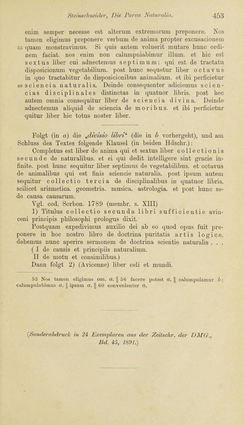 enim semper necesse est alterum extremorum preponere. Nos tamen eligimus preponere verbum de anima propter excusacionem 55 quam monstravimus. Si quis antem voluerit mutare hunc ordi- nem faciat. nos enim non calumpniabimur ilium, et hie est s e X t u s liber cui adnectemus s e p t i m u m : qui est de tractatu disposicionum vegetabilium. post hunc sequetur liber o c t a v u s in quo tractabitur de disposicionibus animalium. et ibi perficietur (50sciencia naturalis. Deinde consequenter adiciemus scien- cias disciplinales distinctas in quatuor libris. post bee autem omnia consequitur liber de sciencia divina. Deinde adnectemus aliquid de sciencia de m o r i b u s. et ibi perficietur quitur liber hie totus noster liber. Folgt (in a) die ^divisio libri'^ (die in h vorhergeht), und am Schluss des Textes folgende Klausel (in beiden Hdschr.): Completus est liber de anima qui et sextus liber collectionis secunde de naturalibus. et ei qui dedit intelligere sint gracie in- finite. post hunc sequitur liber Septimus de vegetabilibus. et octavus de animalibus qui est finis sciencie naturalis. post ipsum autem sequitur collectio tercia de disciplinalibus in quatuor libris. scilicet arismetica. geometria. musica. astrologia. et post hunc se- de causa causarum. Vgl. cod. Sorbon. 1789 (membr. s. XIII) 1) Titulus collectio secunda libri sufficientie avin- ceni principis philosophi prologus dixit.' Postquam expedivimus auxilio dei ab eo quod opus fuit pre- ponere in hoc nostro libro de doctrina puritatis artis logice. debemus nunc aperire sermonem de doctrina scientie naturalis . . . ( I de causis et principiis naturalium. II de motu et consimilibus.) Dann folgt 2) (Avicenne) liber celi et mundi. 53 Nos tamen eligimus om. a. j] 5G facere potest a. || calumpniamur b: calumpniabimus a. ipsum a. |1 60 convenienter a. (Sonderabdruclc in 24 Exemj)laren aus der Zeitschr. der DMG., Bd. 45, 1891.)