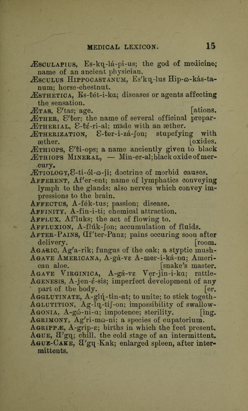 jEsculapius, Es-ki^-la-pi-us; the god of medicine; name of an ancient physician. iEscuLUS Hippocastanum, Es'kip-lus Hip-o-kas-ta- num; horse-chestnut. ^STHETiOA, Bs-tet-i-kcu; diseases or agents affecting the sensation. .^TAS, S'tas; age. [ations. ^THER, S'ter; the name of several officinal prepar- jEtherial, S-te-ri-al; made with an aether. JEtherization, 8-ter-i-za-Jon; stupefying with aether. [oxides. ^Ethiops, S'ti-ops; a name anciently given to black iETHiops Mineral, — Min-er-al;black oxide of mer- cury, jETiOLOGy,8-ti-61-(D-ii; doctrine of morbid causes. Afferent, Af'er-ent; name of lymphatics conveying lymph to the glands; also nerves which convey im- pressions to the brain. Affect us, A-fek-tus; passion; disease. Affinity, A-fin-i-ti; chemical attraction. Affj.ux, Af'luks; the act of flowing to. Affluxion, A-fliik-Jon; accumulation of fluids. After-Pains, Qf'ter-Panz; pains occuring soon after delivery. [room. Agaric, Ag'a-rik; fungus of the oak; a styptic mush- Agave Amerlcana, A-ga-ve A-mer-i-ka-na; Ameri- can aloe. [snake’s master. Agave Virginica, A-ga-vs Yer-jin-i-ka; rattle- Agenesis, A-jen-8-sis; imperfect development of any ^ part of the body. [er. Agglutinate, A-ghx-tin-at; to unite; to stick togeth- Aglutition, Ag-lip-tiJ-on; impossibility of swallow- Agonia, A-g6-ni-a; impotence; sterility. Agrimony, Ag'ri-mo-ni; a species of eupatorium. Agripp^, A-grip-s; births in which the feet present. Ague, 3'gix; chill, the cold stage of an intermittent. Ague-Cake, SL'gn Kak; enlarged spleen, after inter- mittents.