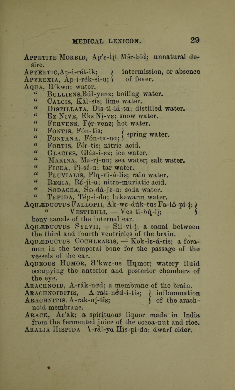 Appetite Morbid, Ap'£-tjt Mer-bid; unnatural de- sire. intermission, or absence of fever. APYRETTO,Ap-i-ret-ik; Apyrexia, Ap-i-rek-si-a; Aqua, fl'kwa; water. “ BuLLiENS,Bul-yenz; boiling water. “ Calcis, Kal-sis; lime water. Distillata, Dis-ti-ld-ta; distilled water, “ Ex Niye, EksNj-vg; snow water. “ Fervens, Fer-venz; hot water. '' Fontis, Fon-tis; ) . . “ Fontana, F6n-ta-na; i ^ “ Fortis, Fdr-tis; nitric acid. “ Glacies, Glas-i-8z; ice water. “ Marina, Ma-rj-na; sea water; salt water. “ Pice A, Pi-ss-a; tar water. “ Pluvialis, Plq,-vi-a-lis; rain water. Regia, Rs-ji-a; nitro-muriatic acid. “ Sodacea, So-da-Je-a; soda water. “ Tepida, Tep-i-da; lukewarm water. AquacductusFallopii, Ak-ws-diik-tus Fa-lQ-pi-j;) “ Vestibuli, — Ves-ti-b^-lj; i bony canals of the internal ear. Aqu^buctus Sylvii, Sil-Yi-|; a canal between the third and fourth ventricles of the brain. Aqua:duotus Coohlearis, — Kok-le-a-ris; a fora- men in the temporal bone for the passage of the vessels of the ear. Aqueous Humor, H'kws-us Hi^mor; watery fluid occupying the anterior and posterior chambers of the eye. Arachnoid, A-rak-nerd; a membrane of the brain. Arachnoiditis, A-rak-ndd-i-tis; { inflammation Arachnitis. A-rak-nj-tis; ) of the arach- noid membrane. Arack, Ar'ak; a spirituous liquor made in India from the fermented juice of the cocoa-nut and rice, Arabia Hispida V-ral-ya His-pi-da; dwarf elder.