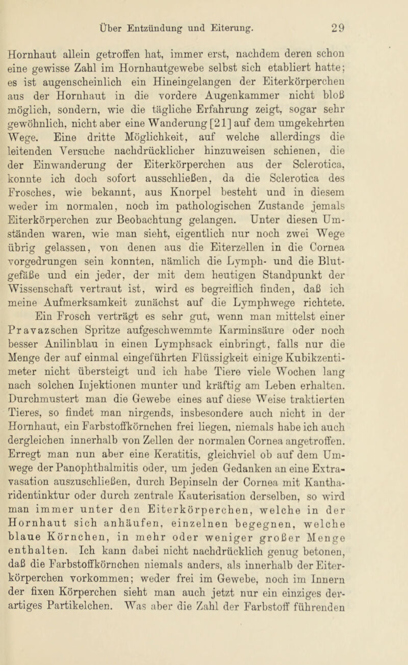 Hornhaut allein getroffen hat, immer erst, nachdem deren schon eine gewisse Zahl im Hornhautgewebe selbst sich etabliert hatte; es ist augenscheinlich ein Hineingelangen der Eiterkörperchen aus der Hornhaut in die vordere Augenkammer nicht bloß möglich, sondern, wie die tägliche Erfahrung zeigt, sogar sehr gewöhnlich, nicht aber eine Wanderung [21] auf dem umgekehrten Wege. Eine dritte Möglichkeit, auf welche allerdings die leitenden Versuche nachdrücklicher hinzuweisen schienen, die der Einwanderung der Eiterkörperchen aus der Sclerotica, konnte ich doch sofort ausschließen, da die Sclerotica des Frosches, wie bekannt, aus Knorpel besteht und in diesem weder im normalen, noch im pathologischen Zustande jemals Eiterkörperchen zur Beobachtung gelangen. Unter diesen Um- ständen waren, wie man sieht, eigentlich nur noch zwei Wege übrig gelassen, von denen aus die Eiterzellen in die Cornea vorgedrungen sein konnten, nämlich die Lymph- und die Blut- gefäße und ein jeder, der mit dem heutigen Standpunkt der Wissenschaft vertraut ist, wird es begreiflich finden, daß ich meine Aufmerksamkeit zunächst auf die Lymphwege richtete. Ein Frosch verträgt es sehr gut, wenn man mittelst einer Pravazschen Spritze aufgeschwemmte Karminsäure oder noch besser Anilinblau in einen Lymphsack einbringt, falls nur die Menge der auf einmal eingeführten Flüssigkeit einige Kubikzenti- meter nicht übersteigt und ich habe Tiere viele Wochen lang nach solchen Injektionen munter und kräftig am Leben erhalten. Durchmustert man die Gewebe eines auf diese Weise traktierten Tieres, so findet man nirgends, insbesondere auch nicht in der Hornhaut, ein Farbstofikörnchen frei liegen, niemals habeich auch dergleichen innerhalb von Zellen der normalen Cornea angetroffen. Erregt man nun aber eine Keratitis, gleichviel ob auf dem Um- wege der Panophthalmitis oder, um jeden Gedanken an eine Extra- vasation auszuschließen, durch Bepinseln der Cornea mit Kantha- ridentinktur oder durch zentrale Kauterisation derselben, so wird man immer unter den Eiterkörperchen, welche in der Hornh aut sich anhäufen, einzelnen begegnen, welche blaue Körnchen, in mehr oder weniger großer Menge enthalten. Ich kann dabei nicht nachdrücklich genug betonen, daß die Farbstoffkörnchen niemals anders, als innerhalb der Eiter- körperchen Vorkommen; weder frei im Gewebe, noch im Innern der fixen Körperchen sieht man auch jetzt nur ein einziges der- artiges Partikelchen. Was aber die Zahl der Farbstoff führenden