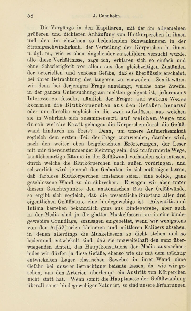 Die Vorgänge in den Kapillaren, mit der im allgemeinen größeren und dichteren Anhäufung von Blutkörperchen in ihnen und den im einzelnen so bedeutenden Schwankungen in der Stromgeschwindigkeit, der Verteilung der Körperchen in ihnen u. dgl. m., wie es oben eingehender zu schildern versucht wurde, alle diese Verhältnisse, sage ich, erklären sich so einfach und ohne Schwierigkeit vor allem aus den gleichzeitigen Zuständen der arteriellen und venösen Gefäße, daß es überflüssig erscheint, bei ihrer Betrachtung des längeren zu verweilen. Somit wären wir denn bei derjenigen Frage angelangt, welche ohne Zweifel in der ganzen Untersuchung am meisten geeignet ist, jedermanns Interesse zu fesseln, nämlich der Frage: auf welche Weise kommen die Blutkörperchen aus den Gefäßen heraus? oder um dieselbe sogleich in die zwei aufzulösen, aus welchen sie in Wahrheit sich zusammensetzt, auf welchem Wege und durch welche Kraft gelangen die Körperchen durch die Gefäß- wand hindurch ins Freie? Denn, um unsere Aufmerksamkeit sogleich dem ersten Teil der Frage zuzuwenden, darüber wird, nach den weiter oben beigebrachten Erörterungen, der Leser mit mir übereinstimmender Meinung sein, daß präformierte Wege, kanälclienartige Räume in der Gefäßwand vorhanden sein müssen, durch welche die Blutkörperchen nach außen Vordringen, und schwerlich wird jemand den Gedanken in sich aufsteigen lassen, daß farblose Blutkörperchen imstande seien, eine solide, ganz geschlossene Wand zu durchbrechen. Erwägen wir aber unter diesem Gesichtspunkte den anatomischen Bau der Gefäßwände, so ergibt sich sogleich, daß die wesentliche Substanz aller drei eigentlichen Gefäßhäute eine bindegewebige ist, Adventitia und Intima bestehen bekanntlich ganz aus Bindegewebe, aber auch in der Media sind ja die glatten Muskelfasern nur in eine binde- gewebige Grundlage, sozusagen eingebettet, wenn wir wenigstens von den Ar[52]terien kleineren und mittleren Kalibers absehen, in denen allerdings die Muskelfasern so dicht stehen und so bedeutend entwickelt sind, daß sie unzweifelhaft den ganz über- wiegenden Anteil, das Hauptkonstituens der Media ausmachen; indes wir dürfen ja diese Gefäße, ebenso wie die mit dem mächtig entwickelten Lager elastischen Gewebes in ihrer Wand ohne Gefahr bei unserer Betrachtung beiseite lassen, da, wie wir ge- sehen, aus den Arterien überhaupt ein Austritt von Körperchen nicht statt hat. Wenn somit die Hauptmasse der Gefäßwandung überall sonst bindegewebiger Natur ist, so sind unsere Erfahrungen