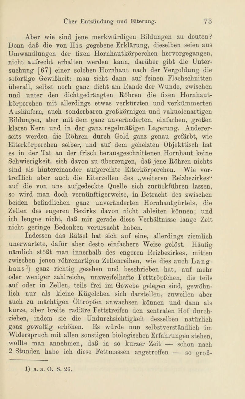 Aber wie sind jene merkwürdigen Bildungen zu deuten? Denn daß die von His gegebene Erklärung, dieselben seien aus Umwandlungen der fixen Hornhautkörperchen her vorgegangen, nicht aufrecht erhalten werden kann, darüber gibt die Unter- suchung [67J einer solchen Hornhaut nach der Vergoldung die sofortige Gewißheit: man sieht dann auf feinen Flachschnitten überall, selbst noch ganz dicht am Kande der Wunde, zwischen und unter den dichtgedrängten Röhren die fixen Hornhaut- körperchen mit allerdings etwas verkürzten und verkümmerten Ausläufern, auch sonderbaren großkörnigen und vakuolenartigen Bildungen, aber mit dem ganz unveränderten, einfachen, großen klaren Kern und in der ganz regelmäßigen Lagerung. Anderer- seits werden die Röhren durch Gold ganz genau gefärbt, wie Eiterkörperchen selber, und auf dem geheizten Objekttisch hat es in der Tat an der frisch herausgeschnittenen Hornhaut keine Schwierigkeit, sich davon zu überzeugen, daß jene Röhren nichts sind als hintereinander aufgereihte Eiterkörperchen. Wie vor- trefflich aber auch die Eiterzellen des „weiteren Reizbezirkes‘* auf die von uns aufgedeckte Quelle sich zurückführen lassen, so wird man doch vernünftigerweise, in Betracht des zwischen beiden befindlichen ganz unveränderten Hornhautgürtels, die Zellen des engeren Bezirks davon nicht ableiten können; und ich leugne nicht, daß mir gerade diese Verhältnisse lange Zeit nicht geringe Bedenken verursacht haben. Indessen das Rätsel hat sich auf eine, allerdings ziemlich unerwartete, dafür aber desto einfachere Weise gelöst. Häufig nämlich stößt man innerhalb des engeren Reizbezirkes, mitten zwischen jenen röhrenartigen Zellenreihen, wie dies auch Lang- haus^) ganz richtig gesehen und beschrieben hat, auf mehr oder weniger zahlreiche, unzweifelhafte Fetttröpfchen, die teils auf oder in Zellen, teils frei im Gewebe gelegen sind, gewöhn- lich nur als kleine Kügelchen sich darstellen, zuweilen aber auch zu mächtigen Öltropfen anwachsen können und dann als kurze, aber breite radiäre Fettstreifen den zentralen Hof durch- ziehen, indem sie die Undurchsichtigkeit desselben natürlich ganz gewaltig erhöhen. Es würde nun selbstverständlich im Widerspruch mit allen sonstigen biologischen Erfahrungen stehen, wollte man annehmen, daß in so kurzer Zeit — schon nach 2 Stunden habe ich diese Fettmassen angetroflen — so groß- 1) a. a. 0. S. 26.