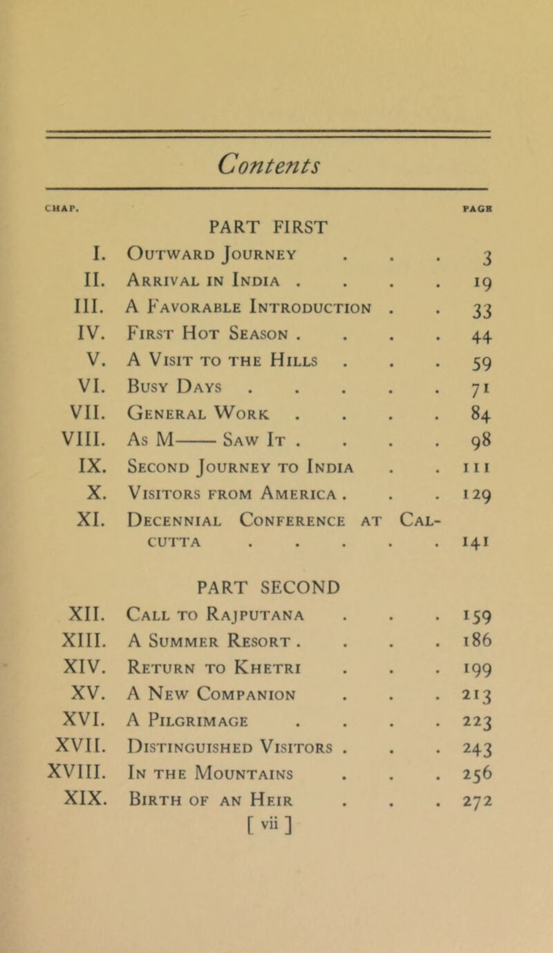 Contents CHAP. PAGB PART FIRST I. Outward Journey 3 II. Arrival in India .... 19 III. A Favorable Introduction . 33 IV. First Hot Season .... 44 V. A Visit to the Hills 59 VI. Busy Days 71 VII. General Work. .... 84 VIII. As M Saw It . 98 IX. Second Journey to India 111 X. Visitors from America. 129 XI. Decennial Conference at Cal- CUTTA ..... 141 PART SECOND XII. Call to Rajputana 159 XIII. A Summer Resort .... 186 XIV. Return to Khetri 199 XV. A New Companion 213 XVI. A Pilgrimage .... 223 XVII. Distinguished Visitors . 243 XVIIL In the Mountains 256 XIX. Birth of an Heir 272