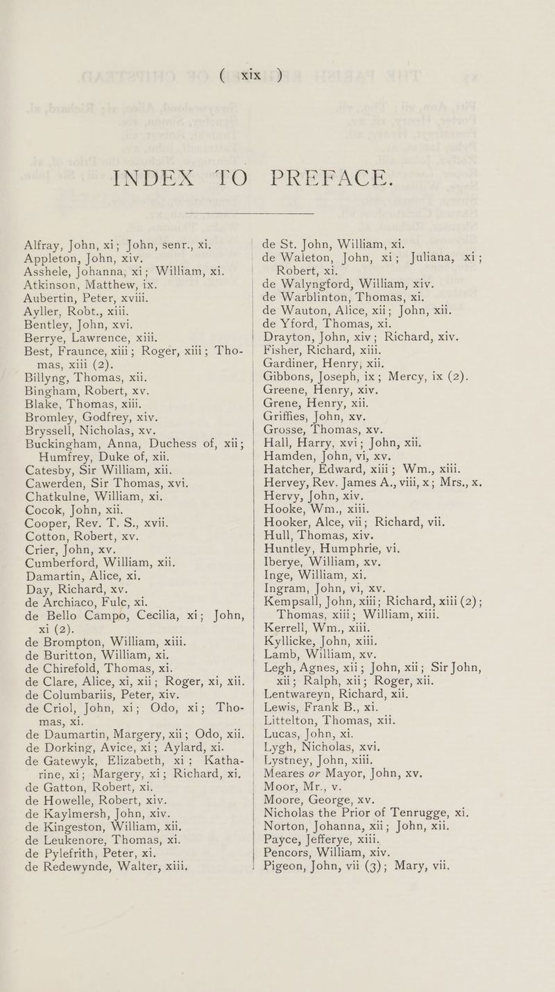 Alfray, John, x1; John, senr., xi. Appleton, John, xiv. Asshele, Johanna, xi; William, xi. Atkinson, Matthew, ix. Aubertin, Peter, xviii. Ayller, Robt., xiii. Bentley, John, xvi. Berrye, Lawrence, xiil. mas, Xill (2). Billyng, Thomas, xii. Bingham, Robert, xv. Blake, Thomas, xiii. Bromley, Godfrey, xiv. Bryssell, Nicholas, xv. Buckingham, Anna, Duchess of, xii; Humfrey, Duke of, xii. Catesby, Sir William, xii. Cawerden, Sir Thomas, xvi. Chatkulne, William, xi. Cocok, John, xii. Cooper, Rev. T. S., xvii. Cotton, Robert, xv. Crier, John, xv. Cumberford, William, xii. Damartin, Alice, xi. Day, Richard, xv. de Archiaco, Fulc, xi. de Bello Campo, Cecilia, xi; John, xi (2). de Brompton, William, xiii. de Buritton, William, xi. de Chirefold, Thomas, xi. de Columbariis, Peter, xiv. dé Criol, John, xi; Odo, xi; Tho- mas, Xl. de Daumartin, Margery, xii; Odo, xii. de Dorking, Avice, xi; Aylard, xi. de Gatewyk, Elizabeth, xi; rine, xi; Margery, xi; Richard, xi, de Gatton, Robert, xi. de Howelle, Robert, xiv. de Kaylmersh, John, xiv. de Kingeston, William, xii. de Leukenore, Thomas, xi. de Pylefrith, Peter, xi. de St. John, William, xi. Robert, xi. de Walyngford, William, xiv. de Warblinton, Thomas, xi. de Wauton, Alice, xii; John, xii. Drayton, John, xiv; Richard, xiv. Fisher, Richard, xiil. Gibbons, Joseph, ix; Mercy, ix (2). Griffies, John, xv. Grosse, Thomas, xv. Hali, Harry, xvi; John, xii. Hamden, John, vi, xv. Hatcher, Edward, xiii; Wm., xiii. Hervey, Rev. James A., viii, x; Mrs., x. Hervy, John, xiv. Hooke, Wm.,, xiii. Hooker, Alce, vii; Richard, vii. Hull, Thomas, xiv. Huntley, Humphrie, vi. Iberye, William, xv. Inge, William, xi. Ingram, John, vi, xv. Kempsall, John, xiii; Richard, xiii (2); Thomas, xiii; William, xiii. Kerrell, Wm., xiil. Kyllicke, John, xiil. Lamb, William, xv. Legh, Agnes, xii; John, xii; Sir John, zn: Ralph, xu; Roger, xii. Lentwareyn, Richard, xii. Lewis, Frank B., xi. Littelton, Thomas, xii. Lucas, John, xi. Lygh, Nicholas, xvi. Lystney, John, xiil. Moore, George, xv. Nicholas the Prior of Tenrugge, xi. Norton, Johanna, xii; John, xii. Payce, Jefferye, xiii. Pencors, William, xiv.
